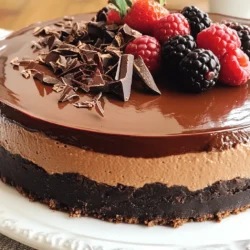 - 1 ½ cups chocolate wafer cookie crumbs - ½ cup unsalted butter, melted - 2 cups cream cheese, softened - 1 cup powdered sugar - 1 teaspoon vanilla extract - 1 cup heavy cream - 8 oz dark chocolate, melted and slightly cooled - ½ cup sour cream - ½ teaspoon instant coffee granules (optional) - Pinch of salt Gathering the right ingredients is key for a great no-bake chocolate cheesecake. First, you need chocolate wafer cookie crumbs. These crumbs form a delicious crust. You mix them with melted butter for a rich base. Next, you will need cream cheese. Make sure it's softened to get a smooth filling. Powdered sugar adds sweetness, while vanilla extract gives flavor. Heavy cream is crucial for that wonderful, creamy texture. It helps to whip up into peaks, making your cheesecake light. Dark chocolate is the star here. Melt it, and let it cool slightly before mixing. It adds richness and depth to the flavor. Sour cream adds tanginess, balancing the sweetness. If you want, you can include instant coffee granules. They boost the chocolate taste without making it too coffee-like. A pinch of salt enhances all the flavors. - 9-inch springform pan - Mixing bowls - Electric mixer or whisk - Spatula - Plastic wrap You will need a 9-inch springform pan to hold everything together. Mixing bowls are key for combining your ingredients. An electric mixer or whisk helps whip the cream and mix the filling. A spatula is perfect for smoothing the cheesecake top. Lastly, plastic wrap keeps the cheesecake fresh while it chills. Using the right tools helps ensure your no-bake chocolate cheesecake turns out perfect. Follow the Full Recipe to make this creamy dessert delight! To start, gather your ingredients. In a medium bowl, combine 1 ½ cups of chocolate wafer cookie crumbs and ½ cup of melted unsalted butter. Mix until the crumbs are fully coated. Now, take a 9-inch springform pan. Press the crumb mixture firmly into the bottom of the pan. Make sure it is even. Chill this crust in the refrigerator for at least 15 minutes. This step helps it hold together better. Next, we will make the cheesecake filling. In a large mixing bowl, beat 2 cups of softened cream cheese with an electric mixer. Add 1 cup of powdered sugar and 1 teaspoon of vanilla extract. Mix until the mixture is smooth and creamy. In another bowl, whip 1 cup of heavy cream until stiff peaks form. Gently fold this whipped cream into the cream cheese mixture. This gives the cheesecake its light, fluffy texture. Now, it's time to bring it all together. Pour in 8 ounces of melted dark chocolate and mix until well combined. If you want to enhance the flavor, dissolve ½ teaspoon of instant coffee granules in a tablespoon of warm water. Mix that in too. Add ½ cup of sour cream and a pinch of salt. Fold gently until smooth. Now, pour this delicious filling over the prepared crust. Smooth the top with a spatula. Cover the pan with plastic wrap and refrigerate for at least 4 hours, or overnight for the best texture. Once set, carefully remove the sides of the springform pan. For the complete recipe, check the Full Recipe section. To get a smooth and creamy cheesecake, use room temperature cream cheese. Cold cream cheese will create lumps in your mix. Set it out for 30 minutes before you start. When whipping the heavy cream, make sure your bowl and beaters are cold. This helps the cream whip faster and get nice peaks. You can add extra flavor to your cheesecake. A few drops of mint extract can give a fresh taste. If you want a different twist, try Greek yogurt instead of sour cream. It adds a nice tang without losing the creaminess. Toppings make your cheesecake shine. Use chocolate shavings for a rich look. Fresh berries add color and a burst of flavor. A drizzle of chocolate ganache can make it look fancy. Serve it on a nice plate to make it pop. For the best effect, slice and serve right after adding your toppings. For the full recipe, check out the details above. {{image_2}} You can tweak your cheesecake flavors to make it even more fun. - Mocha Chocolate Cheesecake: Add coffee to your mix. This gives a nice coffee taste. Just mix in a bit of instant coffee granules when you blend the chocolate. - Pure Chocolate: For a richer taste, use only dark chocolate. It gives a deep, bold flavor that chocolate lovers will adore. Making this dessert fit your diet is easy! - Gluten-Free: Use gluten-free cookie crumbs for the crust. This way, everyone can enjoy it without worry. - Vegan Option: Swap cream cheese and heavy cream for vegan alternatives. Look for vegan cream cheese and coconut cream. They work well and still taste great. Serving this cheesecake can be as fun as making it! - Pair it with fresh fruits like strawberries or raspberries. A fruit sauce adds a nice touch too. - Think about special occasions. This cheesecake is perfect for birthdays or holidays. You can even top it with whipped cream for a festive look. Explore more ways to enjoy this dessert by checking the Full Recipe! After you make your No-Bake Chocolate Cheesecake, you should store any leftovers in the fridge. Place the cheesecake in an airtight container. If you don’t have one, cover it tightly with plastic wrap. This keeps it fresh and prevents it from absorbing any odors. You can freeze the cheesecake for longer storage. First, let it chill in the fridge until it sets. Then, wrap the cheesecake tightly in plastic wrap, and follow with aluminum foil. This double layer helps protect it from freezer burn. When you’re ready to enjoy it, take it out and let it thaw in the fridge overnight. Avoid thawing it at room temperature to keep the texture smooth. The cheesecake stays fresh in the fridge for about 5 to 7 days. If you freeze it, it can last for up to 3 months. Just make sure to check for any signs of freezer burn before serving. For best taste, eat it within a month. Yes, you can make this cheesecake a day in advance. It tastes even better after chilling overnight. Just cover it well with plastic wrap. This keeps it fresh and ready for serving. Make sure to allow at least four hours of chill time. If you want a dairy-free option, use vegan cream cheese. You can also try mascarpone cheese for a rich taste. Greek yogurt is another choice for a lighter twist. Each will give a different flavor, so choose what you like best. The cheesecake needs to chill for at least four hours. However, if you can wait overnight, it will set better. This extra time helps the flavors meld together and gives a firmer texture. Yes, you can make this cheesecake gluten-free. Use gluten-free chocolate wafer cookie crumbs for the crust. Check the labels of your other ingredients to ensure they are gluten-free. This way, everyone can enjoy this delicious treat. This blog post detailed a simple and tasty no-bake chocolate cheesecake recipe. We covered each ingredient, from chocolate wafer crumbs to dark chocolate. You learned how to prepare the crust and make a smooth filling. I shared tips on texture, flavor, and presentation. Variations and storage options allow you to adapt the recipe to your needs. Enjoy this dessert at any gathering, or treat yourself. Your delicious cheesecake awaits!