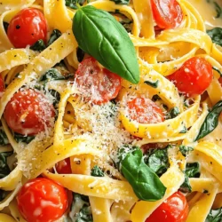 To make creamy tomato spinach pasta, you need a few key items: - 8 oz (225g) pasta (penne or fettuccine) - 2 cups fresh spinach, washed and chopped - 1 cup cherry tomatoes, halved - 1 cup heavy cream - 1 tablespoon olive oil - 2 cloves garlic, minced - 1 teaspoon Italian seasoning - ½ teaspoon red pepper flakes (optional) - Salt and pepper to taste - Grated Parmesan cheese for serving - Fresh basil leaves for garnish These ingredients come together to create a rich and tasty dish. The pasta provides the base, while the heavy cream adds a silky texture. Fresh spinach and cherry tomatoes bring color and flavor. You can easily adjust this recipe to suit your taste. Some optional ingredients include: - Fresh herbs like parsley or oregano - Sun-dried tomatoes for a deeper flavor - Cream cheese or ricotta for extra creaminess - Lemon juice for brightness - Mixed vegetables like bell peppers or zucchini Feel free to mix and match based on what you have at home. This flexibility makes the dish even more enjoyable. Garnishes can elevate your dish. Here are some great options: - Grated Parmesan cheese for a savory kick - Fresh basil leaves for a burst of flavor - Crushed red pepper for extra heat - A drizzle of olive oil for richness Garnishing not only makes your plate look beautiful but also adds layers of taste. Enjoy your creamy tomato spinach pasta with these simple touches! For the full recipe, refer to the earlier section. Start by boiling water in a large pot. Add a pinch of salt to the water. When it boils, add 8 oz of pasta. I like penne or fettuccine for this dish. Cook the pasta according to the package instructions until it is al dente. This usually takes about 8 to 10 minutes. Once done, drain the pasta. Don’t forget to save about ½ cup of the pasta water. This will help later. Grab a large skillet and place it on medium heat. Pour in 1 tablespoon of olive oil. Wait until the oil is hot, then add 2 cloves of minced garlic. Cook the garlic for about 30 seconds. You want it to smell nice, not burn. Next, add 1 cup of halved cherry tomatoes. Cook these for 3 to 5 minutes. You want them to soften a bit. Now, lower the heat and pour in 1 cup of heavy cream. Stir everything together. Then add 1 teaspoon of Italian seasoning and, if you like a kick, ½ teaspoon of red pepper flakes. Let this simmer for about 2 to 3 minutes. This helps the sauce thicken a little. Add the 2 cups of fresh spinach to the skillet. Stir until the spinach wilts, which takes about 2 minutes. Now, it’s time to bring in the pasta. Toss the cooked pasta into the skillet with the sauce. Mix it all well. If the sauce seems too thick, add some of that reserved pasta water. Keep adding until you reach your desired creaminess. Finally, taste the dish and adjust the salt and pepper as needed. Serve it hot, topped with grated Parmesan cheese and fresh basil leaves if you want. For the full recipe, check the section above. Enjoy your creamy tomato spinach pasta! To get the perfect sauce, focus on the cream. If it’s too thick, add some reserved pasta water. This will help to loosen it and create a creamy texture. If your sauce is too thin, let it cook a bit longer. This way, it will thicken up nicely. Stir the sauce often while it cooks to prevent sticking. You want it to coat the pasta well. You can easily change ingredients to fit your diet. For a lighter option, use half-and-half instead of heavy cream. This keeps the creaminess but lowers fat. If you're vegan, swap the heavy cream for coconut milk. This adds a nice flavor too. For gluten-free diets, choose gluten-free pasta. There are many good options available. Always check the labels to ensure they meet your needs. This dish pairs well with a fresh salad. A simple green salad with lemon vinaigrette balances the rich sauce. You can also serve garlic bread on the side. It’s perfect for dipping! For a fancy touch, add grilled chicken or shrimp on top. This adds protein and makes the meal more filling. Don't forget to sprinkle extra Parmesan cheese on top for added flavor. For the full recipe, check out the complete steps and enjoy making this tasty dish! {{image_2}} To make a vegan version, swap the heavy cream for coconut milk or cashew cream. Both add richness without dairy. Use nutritional yeast instead of Parmesan for flavor. You can also add some vegan cheese for a cheesy taste. This version still tastes great and keeps the creamy texture. If you need a gluten-free option, choose gluten-free pasta. Many brands offer tasty alternatives made from rice or chickpeas. They cook similarly to regular pasta. Just follow the package directions. You can enjoy the same creamy sauce with these gluten-free options. It’s a simple swap for a gluten-free meal. For extra protein, add cooked chicken or shrimp. If using chicken, grill or sauté pieces until cooked through. For shrimp, sauté them in the same skillet for about 3-4 minutes. Once they are pink and opaque, mix them into the pasta. This adds heartiness and makes the dish even more filling. You can find the full recipe above to guide you through each step. After you enjoy your creamy tomato spinach pasta, store leftovers in an airtight container. This keeps moisture in and prevents the pasta from drying out. Place it in the fridge. It will stay fresh for up to three days. If you want to keep it longer, freezing is a great option. To reheat, use the stove or microwave. For the stove, add the pasta to a pan. You may need to add a splash of water or cream to help it heat evenly. Stir gently until hot. If using a microwave, cover the dish and heat in short bursts. Stop to stir every minute. This way, it warms up without drying out. If you want to freeze your creamy tomato spinach pasta, let it cool first. Place it in a freezer-safe container, leaving some space at the top. The sauce may expand as it freezes. It can last for up to three months in the freezer. When you are ready to eat it, thaw it overnight in the fridge before reheating. This keeps the flavor and texture nice. For the full recipe, check the earlier sections. Creamy tomato spinach pasta lasts about 3 to 5 days in the refrigerator. Make sure to store it in an airtight container. It is best to let it cool before sealing. This way, you keep the flavor fresh for your next meal. Yes, you can make creamy tomato spinach pasta ahead of time. Cook the pasta and sauce separately. Combine them just before serving. This keeps the pasta from getting soggy. You can store each part in the fridge for up to 5 days. I recommend using penne or fettuccine for this recipe. Penne has ridges that hold the sauce well. Fettuccine provides a nice, creamy coating. You can also use gluten-free pasta if you prefer. Just be sure to cook it according to package instructions. If you want more ideas, check the Full Recipe for variations! This blog post explored making creamy tomato spinach pasta. We discussed key ingredients, optional choices, and tasty garnishes. You learned how to prepare pasta, cook the sauce, and combine everything perfectly. I shared tips for sauce consistency and ingredient swaps for different diets. Plus, we covered variations like vegan options and protein choices. To sum up, you can enjoy this dish in many ways. It’s simple, delicious, and versatile. Try it today to see how great it can be!