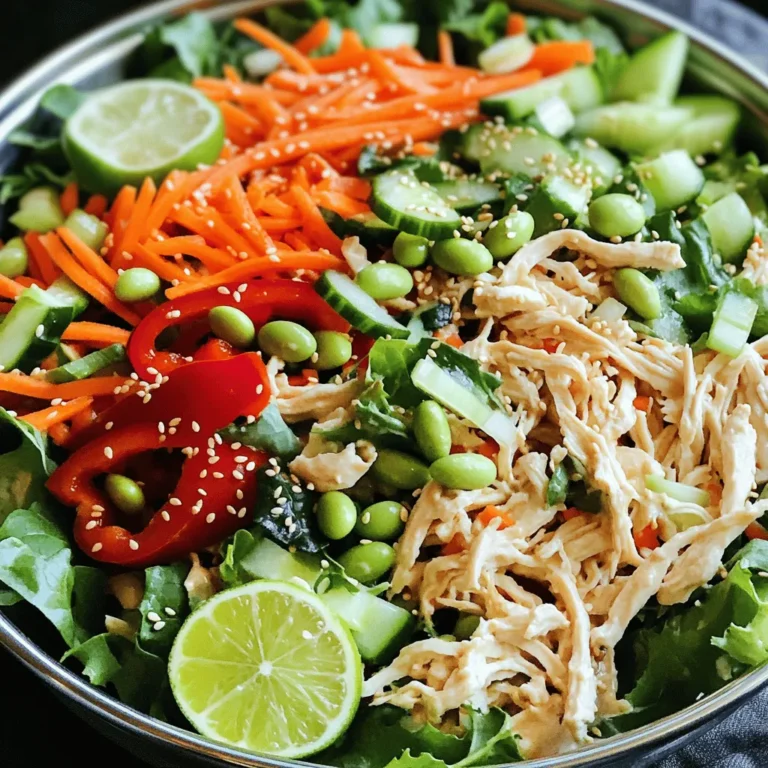 To make Asian Sesame Chicken Salad, you need the following items: - 2 cups cooked and shredded chicken breast - 4 cups mixed greens (spinach, romaine, and arugula) - 1 cup shredded carrot - 1 red bell pepper, thinly sliced - 1 cup cucumber, julienned - 1/4 cup green onions, sliced - 1/4 cup sesame seeds, toasted - 1/2 cup edamame, shelled - 1/3 cup sesame oil - 2 tablespoons soy sauce - 2 tablespoons honey - 1 tablespoon rice vinegar - 1 tablespoon fresh ginger, minced - Salt and pepper to taste For the best taste, always choose fresh ingredients. Fresh greens and vegetables give your salad a crisp bite. Frozen ingredients may lack texture, but they can work in a pinch. Just ensure they are thawed and drained well. You can add more flavors and textures to your salad with these options: - Nuts and seeds: Try peanuts, almonds, or sunflower seeds for extra crunch. - Additional veggies: Add bell peppers, snap peas, or radishes for more color and taste. These add-ins not only taste great but also boost nutrition. You can make a simple dressing at home. Use these ingredients for a tasty mix: - 1/3 cup sesame oil - 2 tablespoons soy sauce - 2 tablespoons honey - 1 tablespoon rice vinegar - 1 tablespoon fresh ginger, minced - Salt and pepper to taste Mix these in a bowl until smooth. If you want something different, try using a peanut dressing or coconut aminos instead of soy sauce. These alternatives add a unique twist to your salad. For the Full Recipe, follow the steps and enjoy your flavorful dish! How to shred chicken efficiently To shred chicken easily, use two forks. Hold one fork in each hand. Grab a piece of cooked chicken with one fork and pull it apart with the other fork. This method works well and keeps your hands clean. Preparing vegetables correctly Wash all your veggies first. Cut the red bell pepper into thin slices. Julienning the cucumber means cutting it into long, thin strips. Use a box grater for the carrot to make nice shreds. This adds color and crunch to your salad. Tips for even dressing distribution Pour the dressing over the salad right before serving. Use tongs to toss everything gently but well. This helps coat each piece with flavor. Don’t rush. Take your time to ensure all ingredients mix nicely. Importance of letting flavors meld Let the salad sit for about 5-10 minutes. This waiting time allows the flavors to blend. It makes every bite taste better. You’ll enjoy a more flavorful dish after the salad has marinated a bit. Recommended serving styles Serve the salad in individual bowls. This makes it easy for everyone to enjoy. You can also use large plates for a family-style meal. Garnish with extra sesame seeds and green onion slices for a pop of color. Pairing side dishes or drinks Asian sesame chicken salad pairs well with rice or spring rolls. For drinks, try iced green tea or a light white wine. These options complement the fresh flavors of the salad beautifully. For juicy chicken, use boneless, skinless chicken breasts. Grill, bake, or pan-sear them. Aim for an internal temperature of 165°F. Let the chicken rest for a few minutes after cooking. This keeps it moist and tender. If you have leftovers, store them in an airtight container. You can use them for salads, sandwiches, or wraps. To store your salad, place it in a sealed container in the fridge. Keep the dressing separate until you are ready to eat. This helps maintain the freshness of the greens. For reheating chicken, place it in the microwave for 30 seconds. Check if it's warm. If not, heat for another 15 seconds. You can easily customize this salad. For a gluten-free option, use tamari instead of soy sauce. If you have nut allergies, skip the sesame seeds. To add variety, mix in seasonal veggies like bell peppers or snap peas. This keeps the salad fresh and exciting. For a twist, try using fresh fruits like mango or berries. They add sweetness and color to your dish. For more detailed guidance, check out the Full Recipe. {{image_2}} You can easily swap chicken with tofu for a vegetarian option. Use firm tofu for the best texture. Press the tofu to remove extra water. Cut it into cubes and pan-fry until golden. This adds flavor and a nice crunch. Other protein alternatives include chickpeas or tempeh. Both options provide a hearty bite. To enhance sweetness, consider adding fruits. Sliced mango or mandarin oranges brighten the dish. They pair well with the sesame flavors. You can also spice things up. Add sliced jalapeños or a dash of chili flakes. This gives the salad a fun kick. If you want to change the dressing, try an Asian peanut dressing. It adds creaminess and a nutty taste. Blend peanut butter, soy sauce, and lime juice for a quick mix. Coconut aminos can replace soy sauce for a soy-free option. It still gives that rich flavor without gluten. Check out the Full Recipe for more details! You can keep Asian Sesame Chicken Salad in the fridge for up to three days. To keep it fresh, store the dressing separately from the salad. This way, your greens stay crisp, and the flavors stay bright when you're ready to eat. I don’t recommend freezing the salad as it can change the texture. However, you can freeze the cooked chicken. Wrap it tightly in plastic wrap or a freezer bag to keep it fresh. When you’re ready to use it, thaw it in the fridge overnight for best results. To make meal prep easy, you can chop your veggies and cook your chicken ahead of time. Store them in airtight containers in the fridge. When you want to eat, just toss the ingredients together. This saves you time and lets you enjoy a fresh meal in minutes. To make this salad gluten-free, you can swap out soy sauce. Use tamari or coconut aminos instead. Both options give a similar flavor without gluten. Ensure your sesame oil is pure and check labels on any packaged ingredients. Yes, you can use different greens in this salad. Try kale, butter lettuce, or even baby spinach. Each green adds its unique taste and texture. Mixing different greens can make your salad even more colorful and fun. This salad is packed with nutrients. Here’s a quick look at key ingredients: - Chicken: A great source of protein. It helps build and repair muscles. - Greens: Loaded with vitamins A and C, they support your vision and immune system. - Carrots: High in beta-carotene, good for skin health. - Cucumber: Hydrating and low in calories, perfect for weight management. - Edamame: Rich in fiber and protein, it helps keep you full. Adjusting the recipe is easy. Just double or halve the ingredient amounts. For example, if you want to serve eight, use four cups of chicken and eight cups of greens. Keep the dressing ratio the same for best flavor. This blog post covers how to create a delicious Asian Sesame Chicken Salad. You learned about choosing fresh ingredients, adding nuts or extra veggies for crunch, and making your own dressings. I shared tips for cooking juicy chicken and storing leftovers. You can customize the recipe for dietary needs or seasonal tastes. In sum, enjoy experimenting with flavors that fit your taste. Create a salad that’s tasty and healthy!