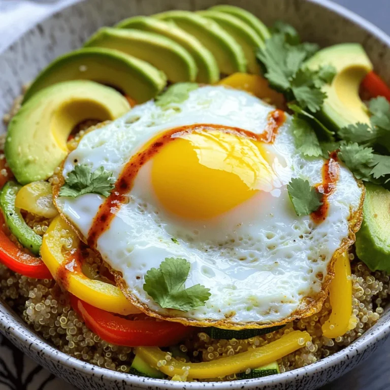 - Key ingredient: Quinoa - Fresh vegetables: onion, bell pepper, zucchini - Protein addition: eggs - Flavor enhancers: garlic, cumin, smoked paprika - Toppings: avocado, cilantro, hot sauce Quinoa serves as the base for this bowl. It's rich in protein and fiber. You will need one cup, rinsed well. The fresh vegetables add color and nutrition. I like to use one small onion, one bell pepper, and one medium zucchini. This mix makes the dish vibrant and tasty. For protein, I add four large eggs. They add a creamy texture and keep you full. You can fry or poach them based on your taste. The flavor enhancers are key. I use two cloves of minced garlic, one teaspoon of ground cumin, and one teaspoon of smoked paprika. These spices bring warmth and depth to the dish. Finally, finish your bowl with toppings. Sliced avocado adds creaminess. Chopped cilantro gives a fresh touch. If you like heat, drizzle on some hot sauce. This combination makes for a filling, healthy breakfast. For the full recipe, check the section above. First, rinse the quinoa under cold water. This step removes any bitterness. Next, combine the rinsed quinoa and vegetable broth in a medium saucepan. Bring it to a boil over high heat. Once it boils, reduce the heat to low and cover the pot. Let it simmer for 15-20 minutes. The quinoa is done when it is fluffy and the liquid is absorbed. While the quinoa cooks, heat olive oil in a large skillet over medium heat. Add the diced onion and cook for about 3-4 minutes until it softens. Then, add the diced bell pepper and zucchini. Sauté these vegetables for 5-7 minutes until they become tender. Stir in the minced garlic, ground cumin, and smoked paprika next. Season with salt and pepper. Cook for one more minute until the garlic smells fragrant. For the eggs, you can choose to fry or poach them. Frying gives a crispy edge, while poaching keeps them soft. Cook until the whites set but the yolks are still runny. This texture adds creaminess to your bowl. Once the quinoa is ready, fluff it with a fork. Mix it with the sautéed vegetables in the skillet. Stir everything together well, and adjust the seasoning if needed. To serve, spoon the quinoa mixture into bowls. Top each bowl with a cooked egg, avocado slices, and fresh cilantro. If you like heat, add hot sauce for a spicy kick. For the full recipe, check out the details above. To cook quinoa perfectly, rinse it well. This removes the bitter coating called saponin. Use two cups of vegetable broth for every cup of quinoa. Bring it to a boil, then lower the heat and cover. Let it simmer for 15-20 minutes until fluffy. Fluff with a fork for the best texture. For sautéing vegetables, heat olive oil in a skillet over medium heat. Start with onions, as they take longer to soften. Cook until they are translucent, about 3-4 minutes. Then, add bell peppers and zucchini. Sauté them until tender, which takes about 5-7 minutes. Finally, stir in garlic and spices for extra flavor. Serving your breakfast quinoa bowl can be fun! Use colorful bowls to make it pop. Place the quinoa and veggies on one side of the bowl. Then, add the fried or poached egg on top. Artfully arrange slices of avocado next to the egg. Finish with a sprinkle of fresh cilantro for a vibrant look. To adjust seasoning, taste your dish as you cook. Add more salt or pepper to enhance flavors. If you want a spicy kick, consider adding hot sauce. You can also experiment with herbs and spices. Try adding fresh basil, parsley, or even a pinch of chili powder. Each adds a unique twist to your savory bowl. For the full recipe, check out the Savory Breakfast Quinoa Bowl! {{image_2}} You can change up the protein in your quinoa bowl to fit your taste. Adding chicken gives it a hearty feel. Simply grill or sauté it in your favorite spices. Tofu is another great option. It soaks up flavors well. Firm tofu works best. Don’t forget about vegetarian choices like chickpeas! They add protein and a nice texture. Feel free to switch the vegetables based on what you have. Spinach, kale, or broccoli can add a fresh touch. Carrots or sweet potatoes can add sweetness. Think about seasonal veggies too! In summer, try fresh tomatoes and peppers. In the fall, use squash or Brussels sprouts for a cozy flavor. You can easily make this bowl vegan. Just skip the eggs and use avocado for creaminess. You can also add nutritional yeast for a cheesy taste. If you need it gluten-free, you’re in luck! Quinoa is naturally gluten-free. Just double-check that your broth is also gluten-free. For the full recipe, check out the [Full Recipe]. To keep your savory breakfast quinoa bowl fresh, follow these tips: - Place leftovers in an airtight container. - Store in the fridge within two hours of cooking. - Use glass or BPA-free plastic containers for best results. This dish lasts about 3 to 5 days in the fridge. After that, the quality may drop. If you notice any odd smells or changes, it's best to toss it. Reheating your quinoa bowl correctly ensures it stays tasty. Here are some methods: - Microwave: Place in a bowl, cover with a damp paper towel, and heat for 1-2 minutes. Stir halfway to ensure even heating. - Stovetop: Heat in a skillet over medium heat, stirring occasionally. Add a splash of broth or water to keep it moist. When reheating, make sure the quinoa is hot throughout. This keeps all flavors intact and makes for a delicious meal. Quinoa is a superfood packed with nutrients. It is high in protein, fiber, and vitamins. One cup of cooked quinoa has about 8 grams of protein. This is more than most grains. Quinoa is also gluten-free, making it great for those with gluten issues. Compared to rice or pasta, quinoa has more vitamins and minerals. It helps keep you full longer, which can help with weight control. Plus, it is rich in antioxidants. These help fight free radicals in your body. Yes, you can prepare this recipe ahead of time. Cook the quinoa and veggies and store them in the fridge. Seal them in an airtight container for up to four days. For the eggs, I recommend cooking them fresh. You can reheat the quinoa mixture in the microwave. Just add a splash of water to keep it moist. This makes meal prep easy and quick for busy mornings. You can get creative with toppings! Try adding cheese like feta or goat cheese for a tangy flavor. Fresh herbs like parsley or dill can brighten the bowl. You might also enjoy a dollop of Greek yogurt for creaminess. For an extra kick, drizzle with spicy sauce or salsa. Each topping can change the flavor and keep your breakfast exciting! This article showed you how to create a delicious quinoa bowl. You learned about key ingredients, step-by-step cooking, and helpful tips. We explored tasty variations and proper storage. Quinoa is a great choice for a healthy meal. It’s packed with nutrients and can please many diets. Keep experimenting with your toppings and flavors to make it your own. Enjoy your cooking journey and create meals that excite you!