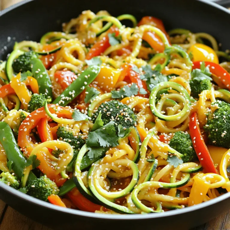 To make a tasty Zucchini Noodle Stir Fry, you need fresh veggies and simple sauces. This dish is quick and fun to prepare. Here are the main items you will need: - 2 medium zucchinis, spiralized into noodles - 1 red bell pepper, sliced - 1 yellow bell pepper, sliced - 1 cup broccoli florets - 1 cup snap peas - 2 cloves garlic, minced - 1 tablespoon ginger, grated - 3 tablespoons soy sauce (or tamari for gluten-free) - 1 tablespoon sesame oil - 1 tablespoon olive oil - 1 tablespoon rice vinegar - 1 teaspoon honey (or maple syrup) - Sesame seeds for garnish - Fresh cilantro for garnish You can add these ingredients to change the flavor: - Sliced green onions for a fresh taste - Chopped peanuts for crunch - Red pepper flakes for heat - Cooked chicken or shrimp for protein These ingredients make your stir fry bright and delicious. Use the Full Recipe for clear steps on how to cook this fast and flavorful meal! To make this dish quick, spiralize the zucchini first. You can use a spiralizer or a vegetable peeler. Prepare all your veggies before you start cooking. This saves time and keeps things organized. 1. Heat olive oil in a large skillet or wok over medium-high heat. 2. Add minced garlic and grated ginger. Sauté for about 30 seconds until it smells good. 3. Toss in sliced red and yellow bell peppers, broccoli florets, and snap peas. Stir-fry for 5-7 minutes until the veggies are tender but still crisp. 4. Add the spiralized zucchini noodles and stir-fry for another 2-3 minutes. This softens the noodles a bit. 5. In a small bowl, mix soy sauce, sesame oil, rice vinegar, and honey. Pour this over the stir-fried veggies and noodles. Toss well to coat everything. 6. Remove the skillet from heat and transfer the mix to a serving platter. 7. Garnish with sesame seeds and fresh cilantro before serving. Serve this dish warm. You can plate it up family-style or in individual bowls. It looks great with colorful veggies on top. Pair it with a protein like grilled chicken or tofu for a full meal. If you want, drizzle extra soy sauce on top for more flavor. Enjoy your zesty zucchini noodle stir fry! For the complete recipe, check out the Full Recipe section. When making zucchini noodle stir fry, you want the best results. Here are some common mistakes: - Overcooking the zucchini: This can make them mushy. Stir-fry them last for 2-3 minutes only. - Using too much sauce: It can drown out flavors. Start with less and add more if needed. - Not prepping ingredients first: It slows down cooking. Have all your veggies ready to go. - Skipping fresh herbs: Fresh cilantro adds a burst of flavor. Don’t skip the garnish! You can make this dish your own with simple changes. Here are some ideas: - Add protein: Try chicken, shrimp, or tofu for extra nutrition. - Change the veggies: Use carrots, mushrooms, or baby corn for variety. - Spice it up: Add red pepper flakes or sriracha for heat. - Switch the sauce: Try teriyaki or peanut sauce for a new flavor. To make your stir fry pop, consider these tips: - Use fresh garlic and ginger: They add a strong, fresh taste. - Toast sesame seeds: This brings out their nutty flavor. - Experiment with acids: A squeeze of lime juice can brighten the dish. - Finish with fresh herbs: They add layers of flavor and freshness. For the full recipe, check out the details above. Happy cooking! {{image_2}} You can easily add protein to your zucchini noodle stir fry. Chicken, shrimp, or tofu work great. For chicken, use thin strips. Cook them first, then set aside. Add them back when you mix in the sauce. For shrimp, toss them in with the veggies until they turn pink. If you prefer tofu, cube it and sauté until golden. This adds texture and makes your dish more filling. For a tasty vegetarian option, use eggs or tempeh. Scramble eggs in the pan before adding veggies. You can also use tempeh for a hearty and nutty flavor. Just slice it thin and sauté it until golden. Both options keep the dish exciting and satisfying. If you're vegan, simply skip the eggs and use tofu or tempeh. To make your stir fry gluten-free, use tamari instead of soy sauce. Tamari tastes similar but is made without wheat. You can also try coconut aminos, which adds a slight sweetness. If you want to avoid sauces, use fresh lemon or lime juice for a bright flavor. These small swaps keep your dish safe and delicious for everyone. For the full recipe, check out the Zesty Zucchini Noodle Stir Fry. To keep your zucchini noodle stir fry fresh, place leftovers in an airtight container. Store it in the fridge. It stays good for up to three days. Make sure to let it cool down before sealing the container. This helps avoid condensation, which can make the dish soggy. When you’re ready to enjoy your leftovers, reheat them in a skillet. Use medium heat to warm it up gently. Stir often to heat evenly. You can also use a microwave. Place the stir fry in a microwave-safe dish and cover it. Heat for 1-2 minutes, stirring halfway through. This keeps the noodles from getting too soft. If you want to freeze your stir fry, it’s best to do so before adding the zucchini noodles. Cook and cool the other veggies and sauce, then freeze in a container. When you’re ready to eat, thaw in the fridge overnight. Sauté the mix with fresh zucchini noodles for the best taste. You can find the full recipe to guide you through this tasty meal. Yes, you can make this dish ahead of time. Cook the stir fry and store it in a container. Keep it in the fridge for up to three days. When you are ready to eat, reheat it in a pan until hot. The flavors will still taste great, but the zucchini might be softer. If you don’t have zucchini noodles, you can use other veggies. Try using spiralized carrots or sweet potatoes. You can also use regular pasta if you prefer. Each option will give a different flavor and texture, so choose what you like best. Yes, zucchini noodles are very healthy. They are low in calories and high in vitamins. They also have a lot of water, which helps keep you hydrated. Plus, they are a great way to eat more veggies without feeling heavy. Enjoying zucchini noodles can help you feel full and satisfied. In summary, this blog covered a complete recipe, including key ingredients and step-by-step instructions. We discussed how to avoid common mistakes and ways to customize your dish. You learned about different variations, suitable storage methods, and answered common questions. Cooking is fun and trying new ideas makes it even better. Enjoy your meal, and feel free to experiment. You can create something truly special!