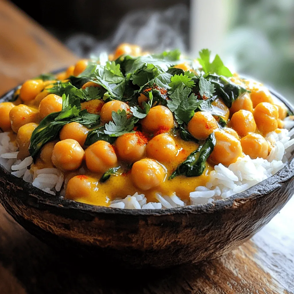 - 2 cans chickpeas (15 oz each), rinsed and drained - 1 large onion, finely chopped - 3 cloves garlic, minced - 1-inch piece ginger, grated - 1 can coconut milk (13.5 oz) - 1 can diced tomatoes (14.5 oz) - 2 tablespoons curry powder - 1 teaspoon cumin - 1 teaspoon turmeric - 1 teaspoon chili powder (adjust to taste) - 2 tablespoons olive oil - Salt and pepper to taste - Fresh spinach (2 cups) - Fresh cilantro, chopped (for garnish) - Cooked rice or naan (for serving) Use these ingredients to create a tasty vegan chickpea curry. Feel free to add optional toppings like avocado or lime wedges for a fresh twist. Serving suggestions include warm rice or soft naan, which pair perfectly with the curry. For extra flavor, sprinkle some chopped cilantro on top before serving. You can find the full recipe and get all the details you need for a delicious meal. To make the chickpea curry, start by gathering your ingredients. This will help you stay organized. 1. Heat the oil: In a large pot, pour in the olive oil and heat it over medium heat. 2. Cook the onion: Add the chopped onion and sauté for about 5 minutes. You want it soft and see-through. 3. Add garlic and ginger: Stir in the minced garlic and grated ginger. Cook for 2 more minutes. The smell will be amazing! 4. Mix in spices: Add curry powder, cumin, turmeric, and chili powder. Stir these into the mix for one minute. This helps the spices release their flavors. 5. Combine tomatoes and coconut milk: Pour in diced tomatoes and coconut milk. Stir everything well. Bring the mixture to a gentle simmer. 6. Add chickpeas: Rinse your chickpeas and toss them in. Season with salt and pepper. Let the mix simmer for 15 to 20 minutes. This lets the flavors meld together nicely. 7. Finish with spinach: In the last few minutes, stir in the fresh spinach until it wilts. Taste and adjust the seasoning if needed. Safety Tips: When working with spices, be careful. Some spices can be hot. If you touch them, wash your hands right away. Always handle hot pots with care to avoid burns. Sautéing is an important step. This method cooks food quickly in a small amount of oil. It gives the onion, garlic, and ginger a nice flavor. Simmering is also key. It means cooking food slowly over low heat. This lets flavors mix well. For seasoning, balance is crucial. Too much salt can overpower the dish. Start with a little and taste as you go. Remember, you can always add more, but you can’t take it away. These techniques make your chickpea curry not only simple but also full of flavor. Enjoy this delicious dish with rice or naan for a full meal. For the full recipe, check the earlier section! To make your chickpea curry burst with flavor, here are some tips: - Use fresh spices: Old spices lose their punch. Check the dates and buy fresh ones. - Brown your onions: Sauté them until they are golden brown. This adds depth to your dish. - Add a squeeze of lemon: Just before serving, a splash of lemon juice brightens the flavors. - Experiment with heat: If you like spice, try adding fresh chili peppers or more chili powder. Common mistakes can ruin your curry: - Not rinsing the chickpeas: Canned chickpeas can have a metallic taste. Rinse well to remove this. - Skipping the simmer: Letting your curry simmer helps blend the flavors. Don’t rush it! - Overcooking spinach: Add it at the end to keep it vibrant and fresh. Pair your chickpea curry with: - Cooked rice: White, brown, or basmati rice all work well. - Naan bread: Soft naan is perfect for scooping up the curry. For a creative presentation: - Use a bowl: Serve the curry in a shallow bowl with a swirl of coconut milk on top. - Add color: Sprinkle fresh cilantro on top for brightness. You can also use red pepper flakes for a pop of color. Explore the full recipe for more details on crafting this dish! {{image_2}} You can change the chickpeas for other beans like black beans or kidney beans. Each type brings a new taste. Adding veggies like cauliflower, bell peppers, or peas can also change the dish. If you want more crunch, try adding some carrots or zucchini. For spices, you can swap curry powder for garam masala or even a bit of smoked paprika. These spices bring different flavors and can make your curry unique. If you like it spicy, add cayenne pepper or fresh chili peppers. Play with the spices to find your favorite mix. To make this recipe gluten-free, choose a gluten-free curry powder. Most spices are gluten-free, but always check the label. For a nut-free version, ensure your coconut milk does not contain any nut additives. If you have special dietary needs, use vegetable broth instead of coconut milk. This keeps it vegan but still tasty. You can also add more veggies to increase the nutrients without losing flavor. Adjust the recipe to fit your needs while keeping it delicious. For the full recipe, check the link above. To store your leftover vegan chickpea curry, let it cool first. Then, place it in an airtight container. Store it in the fridge for up to four days. When reheating, use a pot over medium heat. Stir occasionally to heat evenly. You can also use the microwave, but stir halfway through for best results. If you want to freeze it, let the curry cool completely. Pour it into freezer-safe bags or containers. Remove as much air as possible to prevent freezer burn. The curry can last in the freezer for up to three months. When ready to use, defrost it in the fridge overnight. Reheat it on the stove or in the microwave. Vegan chickpea curry is best when fresh but lasts well. In the fridge, it stays fresh for four days. Look for signs of spoilage, like an off smell or mold. If the curry looks dry or has an unusual texture, it’s best to toss it. Always trust your senses when deciding whether to eat leftovers. How to make vegan chickpea curry spicier? To spice up your vegan chickpea curry, add more chili powder. You can also toss in fresh chili peppers. If you want a deeper heat, consider adding cayenne pepper. Always taste as you go to get it just right. Can I use dried chickpeas instead of canned? Yes, you can use dried chickpeas. Just soak them overnight and cook them until soft. This will take more time than using canned chickpeas, but the flavor can be richer. What are the health benefits of chickpeas in this recipe? Chickpeas are high in protein and fiber. They help keep you full and support digestion. They also offer vitamins and minerals like iron and folate, making them a great addition to any meal. How do I thicken my chickpea curry if it's too watery? If your chickpea curry is too watery, try mashing a few chickpeas. This will help create a thicker texture. You can also let it simmer longer to reduce excess liquid. Can this recipe be made in a slow cooker? Yes, you can make this recipe in a slow cooker. Just add all the ingredients, and cook on low for 6-8 hours. You will get a nice, rich flavor. Is it possible to make chickpea curry without coconut milk? Absolutely! You can use vegetable broth or almond milk instead of coconut milk. This will change the flavor a bit but will still be tasty. How do I enhance the nutritional value of the dish? To boost the nutrition, add more veggies like bell peppers, carrots, or sweet potatoes. You can also serve it with quinoa instead of rice for extra protein. For the full recipe, check out the detailed steps above. This blog post covered every step to make chickpea curry. We explored ingredients, cooking methods, and tips to boost flavor. You learned serving ideas and how to store leftovers. I shared variations for different diets and answered common questions to guide you. Chickpea curry is flexible and fun to make. Use this knowledge to create your own tasty version. Enjoy cooking and experimenting with flavors!