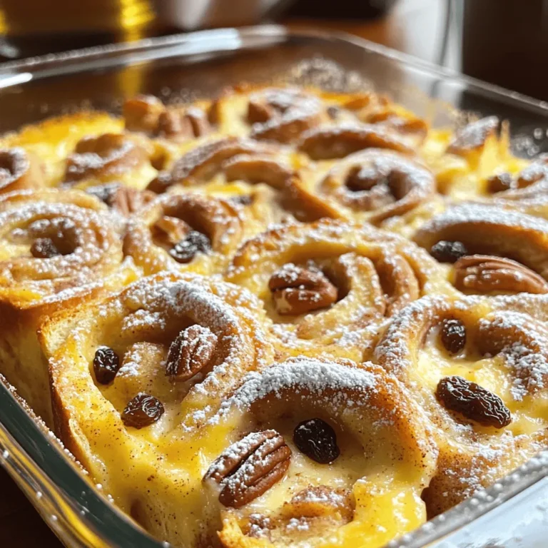 To make a tasty cinnamon roll casserole, you need the right ingredients. Here’s what you will need: - 1 loaf of cinnamon-raisin bread (or any cinnamon bread) - 4 large eggs - 1 cup whole milk - 1/2 cup heavy cream - 1/2 cup brown sugar - 1 tablespoon vanilla extract - 1 teaspoon ground cinnamon - 1/2 teaspoon nutmeg - 1/4 teaspoon salt - 1/2 cup chopped pecans (optional) - 1/2 cup raisins (optional) - Powdered sugar for dusting These ingredients create a rich and flavorful base for your casserole. The cinnamon-raisin bread gives it that warm, cozy taste. The eggs and cream make it creamy and soft. You can add more fun flavors to your casserole. Here are some great options: - Fresh fruit like blueberries or sliced bananas - Chocolate chips for a sweet twist - A splash of maple syrup in the egg mixture - Chopped apples or pears for a fruity crunch These add-ins can make your casserole even more special. Mix and match to find your favorite flavors! While cinnamon-raisin bread is a classic choice, you can get creative with your bread. Here are some good options: - Brioche for a rich, buttery flavor - Challah for a slightly sweet taste - Any cinnamon-flavored bread for that signature spice Using different breads can change the texture and taste. Explore different types to find what you love most. This recipe is flexible, so have fun with it! For the full recipe, check the section above. Start by preheating your oven to 350°F (175°C). Greasing the casserole dish is key. Use a 9x13 inch dish for best results. You can use non-stick spray or butter to grease the dish. This step helps the casserole release easily after baking. Next, tear the cinnamon-raisin bread into bite-sized pieces. Spread the pieces evenly in the greased dish. Make sure there are no gaps. This ensures even soaking later. In a large mixing bowl, gather your ingredients for the custard. Crack four large eggs into the bowl. Add one cup of whole milk and half a cup of heavy cream. Sprinkle in half a cup of brown sugar and one tablespoon of vanilla extract. Next, add one teaspoon of ground cinnamon, half a teaspoon of nutmeg, and a quarter teaspoon of salt. Whisk these ingredients together well. You want a smooth mixture. This combination brings rich flavor to the dish, soaking into the bread. Pour the egg and cream mixture over the bread pieces. Make sure to cover all the bread. If you want more texture, sprinkle half a cup of chopped pecans and half a cup of raisins on top. Let the mixture sit for about 10 minutes. This allows the bread to soak up the custard. Then, place the dish in the oven. Bake for 35-40 minutes. The top should turn golden brown. To check if it’s done, insert a toothpick into the center. If it comes out clean, it’s ready. Once baked, let it cool for a few minutes. Dust the top with powdered sugar before serving for a lovely finish. Enjoy your delightful cinnamon roll casserole! For the full recipe, check the recipe section. To get a nice, even cook on your casserole, follow these tips: - Cut bread evenly: Tear the bread into similar-sized pieces. This helps all pieces cook at the same rate. - Spread evenly: Place the bread in your casserole dish so that it fills the bottom evenly. Avoid stacking too much. - Rotate the dish: Halfway through baking, turn the dish around in the oven. This helps with even heat distribution. Many people make simple errors when making this dish. Here are a few to watch out for: - Skipping the soak time: Do not skip letting the bread sit in the egg mixture. This step is key for flavor and texture. - Overbaking: Keep an eye on the casserole. If it starts to brown too much, cover it with foil. - Not greasing the dish: Be sure to grease your casserole dish well. This helps prevent sticking and makes serving easier. Soaking the bread properly is crucial for a rich, tasty casserole. Here’s how to do it right: - Pour slowly: When adding the egg mixture, pour it over the bread slowly. This ensures even soaking. - Press down gently: After pouring, use a spatula to press the bread down. This helps it absorb the mixture better. - Let it rest: Allow the casserole to rest for at least 10 minutes before baking. This gives the bread time to soak up the flavors fully. For the full recipe, check out the Cinnamon Swirl Breakfast Casserole. {{image_2}} You can change up the flavor of your cinnamon roll casserole easily. For a chocolate twist, add chocolate chips to the bread mix. You can also mix in fresh or frozen fruit. Blueberries or sliced strawberries work great. This adds brightness and a fun texture. Serving this casserole can be fun. Try drizzling warm maple syrup on top. You can also add a dollop of whipped cream for extra creaminess. Serving it with fresh fruit makes it more colorful. A side of yogurt can add a nice tang. Seasonal flavors can make this dish special. In fall, add pumpkin spice to the egg mixture. This gives it a warm, cozy flavor. For winter, you can use peppermint extract instead of vanilla. This makes it feel festive and fun. Each season brings a new way to enjoy this dish! For the full recipe, check out the complete guide on making this delicious cinnamon roll casserole. After you enjoy your cinnamon roll casserole, let it cool. Place any leftovers in an airtight container. You can store it in the fridge for up to three days. Make sure it is covered well to keep it fresh. If you want to keep it longer, consider freezing. To reheat, preheat your oven to 350°F (175°C). Take the casserole out of the fridge. Place it in an oven-safe dish. Cover it with foil to keep it moist. Heat for about 20 minutes. You want it warm all the way through. If you had it frozen, let it thaw overnight in the fridge first. You can freeze your cinnamon roll casserole for up to three months. Cut it into squares before freezing. Wrap each piece in plastic wrap, then place it in a freezer bag. When ready to eat, take it out and let it thaw overnight in the fridge. Then, follow the reheating steps for the best taste. For more details, check the Full Recipe. Yes, you can prepare the casserole ahead of time. Assemble the dish the night before. Cover it and place it in the fridge. This way, the bread absorbs the custard overnight. In the morning, just bake it straight from the fridge. It saves time and makes breakfast easy. The casserole is done when the top is golden brown. You can also check with a toothpick. Insert the toothpick in the center. If it comes out clean, your casserole is ready. For best results, bake it for 35 to 40 minutes. Let it cool slightly before serving. If you need a substitute for heavy cream, use whole milk or half-and-half. You can also blend equal parts of milk and butter. This will mimic the richness of heavy cream. Just keep in mind that the texture may vary slightly. This blog post covered key ingredients and steps for a tasty Cinnamon Roll Casserole. You learned about mix-ins that enhance flavor and types of bread to use. I focused on tips for even cooking and the common mistakes to avoid. We also explored variations and ways to store leftovers. Enjoy making this easy dish that brings joy to any meal. Happy baking!