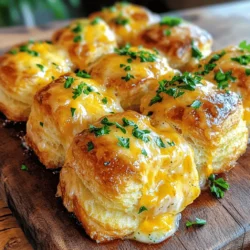 - 2 cans (16 oz each) refrigerated biscuit dough - 1 cup shredded mozzarella cheese - 1 cup shredded cheddar cheese - ½ cup unsalted butter, melted - 5 cloves garlic, minced - 2 tablespoons fresh parsley, chopped - 1 teaspoon Italian seasoning - Salt and pepper to taste - Extra melted butter for greasing The main stars of this dish are the biscuit dough and cheese. The dough gives it a soft base, while mozzarella and cheddar add a rich flavor. Garlic and herbs bring a fresh taste that makes it special. - Fresh herbs - Additional spices You can add fresh herbs like thyme or rosemary for extra flavor. A pinch of red pepper flakes can bring some heat, too. Feel free to mix up the spices to make the bread your own. - Bundt pan or oven-safe dish - Mixing bowls and spatula You need a bundt pan or a deep oven-safe dish to bake this bread. Mixing bowls and a spatula help you combine the ingredients easily. The right tools make the process smooth and fun. First, preheat your oven to 375°F (190°C). This step is crucial. A hot oven helps the bread rise and get golden. Next, prepare your bundt pan. Grease it well with melted butter. This will prevent sticking later. Now, let’s make the garlic butter mixture. In a small bowl, combine melted butter, minced garlic, chopped parsley, Italian seasoning, salt, and pepper. Stir everything well until it blends nicely. Open the refrigerated biscuit dough. Separate each biscuit and cut them into quarters. This makes it easy to toss. In a large mixing bowl, toss the biscuit pieces with half of the garlic butter mixture. Make sure every piece gets coated. Start layering in the pan. Place half of the coated biscuit pieces in the prepared bundt pan. Then, sprinkle half of the mozzarella and cheddar cheese on top. Pour half of the remaining garlic butter mixture over this cheese layer. Next, add the rest of the biscuit pieces. Then, top with the remaining cheese and garlic butter mixture. Use a spatula to press down gently. This helps everything stick together. Bake in your preheated oven for 25-30 minutes. Look for a golden brown color. When done, remove the pan and let it cool for 5 minutes. Then, invert it onto a serving platter. Enjoy warm and pull apart the cheesy goodness! For details on ingredients, check the Full Recipe. To make your cheesy garlic monkey bread perfect, focus on two key areas: even baking and room temperature ingredients. - Ensuring even baking: Place your bundt pan in the center of the oven. This spot helps heat circulate well. Rotate your pan halfway through baking. This way, all sides get that nice golden brown color. - Using room temperature ingredients: Before you start, let your butter and cheese sit out for about 30 minutes. This helps them mix better. Room temperature cheese melts nicely, making your bread even cheesier. Cheesy garlic monkey bread is perfect for sharing. Here are some fun ways to serve it: - Pairing with dips: Think about adding marinara or ranch dressing on the side. These dips add flavor and fun. You can also try garlic aioli for an extra kick. - Presentation ideas: Serve your bread on a wooden board. This gives it a rustic look. You can also sprinkle some chopped parsley on top for color. It makes your dish more inviting. Even the best cooks can make mistakes. Here are two you should watch out for: - Overbaking or underbaking: Keep an eye on the time. If your bread is too dark, it may taste burnt. If it's too light, it might be doughy inside. Aim for a nice golden brown. - Not using enough butter: Butter adds flavor and moisture. If you skimp on it, your bread may turn out dry. Make sure to use the right amount for a tasty result. For more details, check the Full Recipe. {{image_2}} You can switch up the cheese in your Cheesy Garlic Monkey Bread. Try using provolone or gouda for a new flavor twist. They melt well and add depth to the dish. You can also mix in cream cheese. Cream cheese makes the bread extra creamy and rich. Just cut it into small cubes and toss it with the biscuit pieces. Want to make it even better? Add some veggies or meats! Chopped spinach, bell peppers, or cooked sausage work great. They bring in extra flavor and nutrition. Herbs can also change the taste. Try using fresh thyme or rosemary instead of parsley. This small change can elevate the dish to a new level. For a healthier version, use sweet potato or whole wheat dough. These options add fiber and nutrients. Adjust your cooking time if you use sweet potato dough. It may need a bit longer to bake. Keep an eye on it to ensure it cooks all the way through. You’ll still get that warm, cheesy goodness! For the full recipe, check out the [Full Recipe]. After enjoying your cheesy garlic monkey bread, you may have leftovers. First, let the bread cool down. Cooling it for about 30 minutes helps keep the texture nice. Once cool, place the bread in an airtight container. You can also wrap it tightly in plastic wrap. This keeps it fresh and prevents it from drying out. When reheating, you have two options: the oven or the microwave. The oven is best for keeping the bread crispy. Preheat your oven to 350°F (175°C). Place the leftover bread on a baking sheet and cover it with foil. Heat it for about 10-15 minutes. If you're in a hurry, use the microwave. Place a piece of the bread on a microwave-safe plate. Heat it for 20-30 seconds. Keep in mind that the microwave may make it a bit soggy. If you want to save some for later, freezing is a great choice. First, let the monkey bread cool completely. Then, wrap it in plastic wrap. You can also place it in a freezer bag. Remove as much air as possible to prevent freezer burn. To thaw, take it out of the freezer and place it in the fridge overnight. When ready to eat, reheat it in the oven as mentioned earlier. This way, it tastes fresh and delicious! For the complete recipe, check the Full Recipe above. To make Cheesy Garlic Monkey Bread from scratch, you can use a few simple swaps. If you can't find refrigerated biscuit dough, you can use homemade dough. Just mix flour, baking powder, salt, and milk to create a soft dough. Ingredient substitutions: - Use whole wheat flour for a healthier twist. - Swap mozzarella with gouda for a unique flavor. Dough alternatives: - Try using pizza dough for a different texture. - You can also use dough from a bread machine for ease. Yes, you can prepare Cheesy Garlic Monkey Bread ahead of time. Just follow the recipe until the baking step. Then, cover the pan and refrigerate it overnight. Tips on pre-preparation: - Allow the dough to sit at room temperature for about 30 minutes before baking. - This lets the dough rise a bit and improves the texture. Pairing dipping sauces with Cheesy Garlic Monkey Bread makes it even better. Here are some great options to try: - Marinara sauce for a classic taste. - Garlic butter for extra richness. - Ranch dressing for a cool contrast. - Spinach dip for a fresh flavor. Absolutely! You can make Cheesy Garlic Monkey Bread a bit lighter. Health-conscious ingredient swaps: - Use low-fat cheese instead of regular cheese. - Replace butter with olive oil for a healthier fat option. - Add more veggies like spinach or bell peppers to boost nutrition. In this post, we covered how to make Cheesy Garlic Monkey Bread. We discussed the main and optional ingredients, the equipment needed, and gave step-by-step instructions for preparation and baking. Tips for perfecting the recipe and common mistakes to avoid were included, along with fun variations and storage information. This recipe is flexible and easy to adapt. You can impress your friends and family with this warm, cheesy treat. Enjoy your baking adventure!