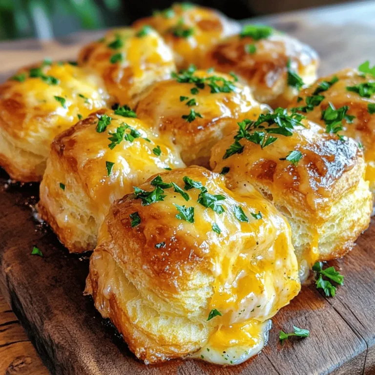 - 2 cans (16 oz each) refrigerated biscuit dough - 1 cup shredded mozzarella cheese - 1 cup shredded cheddar cheese - ½ cup unsalted butter, melted - 5 cloves garlic, minced - 2 tablespoons fresh parsley, chopped - 1 teaspoon Italian seasoning - Salt and pepper to taste - Extra melted butter for greasing The main stars of this dish are the biscuit dough and cheese. The dough gives it a soft base, while mozzarella and cheddar add a rich flavor. Garlic and herbs bring a fresh taste that makes it special. - Fresh herbs - Additional spices You can add fresh herbs like thyme or rosemary for extra flavor. A pinch of red pepper flakes can bring some heat, too. Feel free to mix up the spices to make the bread your own. - Bundt pan or oven-safe dish - Mixing bowls and spatula You need a bundt pan or a deep oven-safe dish to bake this bread. Mixing bowls and a spatula help you combine the ingredients easily. The right tools make the process smooth and fun. First, preheat your oven to 375°F (190°C). This step is crucial. A hot oven helps the bread rise and get golden. Next, prepare your bundt pan. Grease it well with melted butter. This will prevent sticking later. Now, let’s make the garlic butter mixture. In a small bowl, combine melted butter, minced garlic, chopped parsley, Italian seasoning, salt, and pepper. Stir everything well until it blends nicely. Open the refrigerated biscuit dough. Separate each biscuit and cut them into quarters. This makes it easy to toss. In a large mixing bowl, toss the biscuit pieces with half of the garlic butter mixture. Make sure every piece gets coated. Start layering in the pan. Place half of the coated biscuit pieces in the prepared bundt pan. Then, sprinkle half of the mozzarella and cheddar cheese on top. Pour half of the remaining garlic butter mixture over this cheese layer. Next, add the rest of the biscuit pieces. Then, top with the remaining cheese and garlic butter mixture. Use a spatula to press down gently. This helps everything stick together. Bake in your preheated oven for 25-30 minutes. Look for a golden brown color. When done, remove the pan and let it cool for 5 minutes. Then, invert it onto a serving platter. Enjoy warm and pull apart the cheesy goodness! For details on ingredients, check the Full Recipe. To make your cheesy garlic monkey bread perfect, focus on two key areas: even baking and room temperature ingredients. - Ensuring even baking: Place your bundt pan in the center of the oven. This spot helps heat circulate well. Rotate your pan halfway through baking. This way, all sides get that nice golden brown color. - Using room temperature ingredients: Before you start, let your butter and cheese sit out for about 30 minutes. This helps them mix better. Room temperature cheese melts nicely, making your bread even cheesier. Cheesy garlic monkey bread is perfect for sharing. Here are some fun ways to serve it: - Pairing with dips: Think about adding marinara or ranch dressing on the side. These dips add flavor and fun. You can also try garlic aioli for an extra kick. - Presentation ideas: Serve your bread on a wooden board. This gives it a rustic look. You can also sprinkle some chopped parsley on top for color. It makes your dish more inviting. Even the best cooks can make mistakes. Here are two you should watch out for: - Overbaking or underbaking: Keep an eye on the time. If your bread is too dark, it may taste burnt. If it's too light, it might be doughy inside. Aim for a nice golden brown. - Not using enough butter: Butter adds flavor and moisture. If you skimp on it, your bread may turn out dry. Make sure to use the right amount for a tasty result. For more details, check the Full Recipe. {{image_2}} You can switch up the cheese in your Cheesy Garlic Monkey Bread. Try using provolone or gouda for a new flavor twist. They melt well and add depth to the dish. You can also mix in cream cheese. Cream cheese makes the bread extra creamy and rich. Just cut it into small cubes and toss it with the biscuit pieces. Want to make it even better? Add some veggies or meats! Chopped spinach, bell peppers, or cooked sausage work great. They bring in extra flavor and nutrition. Herbs can also change the taste. Try using fresh thyme or rosemary instead of parsley. This small change can elevate the dish to a new level. For a healthier version, use sweet potato or whole wheat dough. These options add fiber and nutrients. Adjust your cooking time if you use sweet potato dough. It may need a bit longer to bake. Keep an eye on it to ensure it cooks all the way through. You’ll still get that warm, cheesy goodness! For the full recipe, check out the [Full Recipe]. After enjoying your cheesy garlic monkey bread, you may have leftovers. First, let the bread cool down. Cooling it for about 30 minutes helps keep the texture nice. Once cool, place the bread in an airtight container. You can also wrap it tightly in plastic wrap. This keeps it fresh and prevents it from drying out. When reheating, you have two options: the oven or the microwave. The oven is best for keeping the bread crispy. Preheat your oven to 350°F (175°C). Place the leftover bread on a baking sheet and cover it with foil. Heat it for about 10-15 minutes. If you're in a hurry, use the microwave. Place a piece of the bread on a microwave-safe plate. Heat it for 20-30 seconds. Keep in mind that the microwave may make it a bit soggy. If you want to save some for later, freezing is a great choice. First, let the monkey bread cool completely. Then, wrap it in plastic wrap. You can also place it in a freezer bag. Remove as much air as possible to prevent freezer burn. To thaw, take it out of the freezer and place it in the fridge overnight. When ready to eat, reheat it in the oven as mentioned earlier. This way, it tastes fresh and delicious! For the complete recipe, check the Full Recipe above. To make Cheesy Garlic Monkey Bread from scratch, you can use a few simple swaps. If you can't find refrigerated biscuit dough, you can use homemade dough. Just mix flour, baking powder, salt, and milk to create a soft dough. Ingredient substitutions: - Use whole wheat flour for a healthier twist. - Swap mozzarella with gouda for a unique flavor. Dough alternatives: - Try using pizza dough for a different texture. - You can also use dough from a bread machine for ease. Yes, you can prepare Cheesy Garlic Monkey Bread ahead of time. Just follow the recipe until the baking step. Then, cover the pan and refrigerate it overnight. Tips on pre-preparation: - Allow the dough to sit at room temperature for about 30 minutes before baking. - This lets the dough rise a bit and improves the texture. Pairing dipping sauces with Cheesy Garlic Monkey Bread makes it even better. Here are some great options to try: - Marinara sauce for a classic taste. - Garlic butter for extra richness. - Ranch dressing for a cool contrast. - Spinach dip for a fresh flavor. Absolutely! You can make Cheesy Garlic Monkey Bread a bit lighter. Health-conscious ingredient swaps: - Use low-fat cheese instead of regular cheese. - Replace butter with olive oil for a healthier fat option. - Add more veggies like spinach or bell peppers to boost nutrition. In this post, we covered how to make Cheesy Garlic Monkey Bread. We discussed the main and optional ingredients, the equipment needed, and gave step-by-step instructions for preparation and baking. Tips for perfecting the recipe and common mistakes to avoid were included, along with fun variations and storage information. This recipe is flexible and easy to adapt. You can impress your friends and family with this warm, cheesy treat. Enjoy your baking adventure!