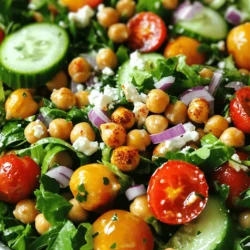 - 1 can (15 oz) chickpeas, drained and rinsed - 4 cups mixed greens (e.g., spinach, arugula, and romaine) - 1 cup cherry tomatoes, halved - 1 cucumber, diced - 2 tablespoons olive oil - 1 teaspoon smoked paprika - 1 teaspoon garlic powder - 1 teaspoon cumin - Salt and pepper to taste - Juice of 1 lemon - 1/4 red onion, thinly sliced - 1/4 cup feta cheese, crumbled (optional) - Fresh parsley, chopped for garnish When making a crispy chickpea salad, the choice of ingredients is key. Start with a can of chickpeas. They add protein and crunch. Drain and rinse them well to remove excess salt. Next, you'll want fresh greens. I love using a mix of spinach, arugula, and romaine. They give a nice texture and flavor. Cherry tomatoes add sweetness, while a diced cucumber offers a refreshing crunch. Now let's talk about seasoning. Olive oil is a must for roasting the chickpeas. Smoked paprika gives a warm flavor, while garlic powder and cumin add depth. Use salt and pepper to taste. A squeeze of lemon juice brightens the dish. Don't forget the red onion! It adds sharpness, and crumbled feta cheese can bring creaminess if you like. A sprinkle of fresh parsley makes the salad pop with color. For the full recipe, check out the complete guide above. Each ingredient plays a role in creating a fresh and flavorful salad that is both satisfying and healthy. - Preheat the oven to 400°F (200°C). - Pat chickpeas dry with a paper towel. To start, you need a hot oven. This helps the chickpeas get crispy. Drying the chickpeas is key. If they’re wet, they won't roast well. Use a paper towel and press gently. - Drizzle olive oil over the chickpeas. - Add smoked paprika, garlic powder, cumin, salt, and pepper. Next, you will add flavor. Pour olive oil over the dried chickpeas. This oil helps them crisp up nicely. Now, it’s time to add spices. Sprinkle smoked paprika, garlic powder, cumin, salt, and pepper. Toss everything until the chickpeas are coated well. - Spread chickpeas on a baking sheet. - Bake for 25-30 minutes, shaking halfway. Now, spread the seasoned chickpeas on a baking sheet. Make sure they are in a single layer. This allows them to roast evenly. Bake them for 25-30 minutes. Halfway through, give the pan a shake. This helps them crisp up all over. - Combine mixed greens, tomatoes, cucumber, and onion. - Dress the salad with lemon juice. - Add crispy chickpeas and optional feta cheese. While the chickpeas roast, prepare the salad. In a large bowl, mix the greens, cherry tomatoes, cucumber, and onion. Squeeze fresh lemon juice over the salad. This adds a bright flavor. Once the chickpeas are ready, let them cool a bit. Add them to the salad. If you like, sprinkle feta cheese on top. This adds a nice creamy touch. For the full recipe, check out the detailed instructions above. Enjoy your fresh and flavorful crispy chickpea salad! To get crispy chickpeas, start by drying them well. Wet chickpeas will steam and not crisp up. Use a paper towel to pat them dry. This step is key for crunch. Next, line your baking sheet with parchment paper. This helps with cleanup and keeps chickpeas from sticking. You can make your salad pop by playing with spices. Try adding chili powder or garlic salt for a kick. Feel free to mix in nuts for extra crunch. Nuts like almonds or walnuts give a fun texture and flavor boost. Experimenting with these can make each bite exciting. For a complete meal, pair your salad with whole grain bread or pita chips. They add a nice crunch and balance the salad's freshness. Remember, this salad is best served fresh. Enjoy it soon after making to keep the chickpeas crunchy. The layers of flavors and textures make every bite delightful. {{image_2}} You can make this salad fit your diet. If you want a vegan version, just skip the feta cheese. This keeps it light and fresh. You can also add avocado. It gives a nice creaminess that pairs well with the crispy chickpeas. Want to boost your meal? You can add grilled chicken or tofu for extra protein. Both choices work great. You might also think about including quinoa or farro. These grains make the salad more filling and satisfying. Using seasonal veggies is a fun way to mix things up. Try bell peppers or zucchini when they are fresh. They add color and crunch. You can also sprinkle in fresh herbs like basil or cilantro. These herbs bring a burst of flavor and make the salad even more delightful. Feel free to explore these variations for a unique take on your Crispy Chickpea Salad! For the Full Recipe, check out the complete guide on how to make this dish. Store your leftover crispy chickpea salad in an airtight container. This keeps it fresh and tasty. I recommend refrigerating it for up to 3 days. After that, the salad may lose its crunch. You can freeze roasted chickpeas for later use. First, let them cool completely. Then, place them in a freezer-safe bag. Remove as much air as possible before sealing. When ready to eat, reheat them in the oven. This helps to keep them crispy. Heat at 400°F (200°C) for about 10 minutes. Keep the dressing separate from the salad until you are ready to serve. This helps maintain the salad's crunchiness. The crispy chickpeas add a great texture, and it’s best to eat the salad fresh. Enjoy it right after you make it for the best flavor and texture. Yes, you can use canned chickpeas. Canned chickpeas save time and effort. They are already cooked, so you just need to rinse and drain them. This makes your salad quick to prepare. Plus, canned chickpeas are soft and tender. They soak up flavors well in your dish. You can mix and match your greens. Try kale for a hearty option. Swiss chard adds a mild taste. If you want a peppery bite, arugula works great. You can also use romaine for crunch. Feel free to add any greens you enjoy. This salad is very flexible with greens. To make your salad heartier, add whole grains. Quinoa or farro are good choices. They provide more fiber and protein. You can also mix in proteins like grilled chicken or beans. These make it a complete meal. Adding nuts or seeds boosts texture and flavor, too. Enjoy the fullness of a well-rounded salad! In this blog post, I covered a delicious salad that features chickpeas and fresh greens. We explored the main ingredients and how to season and roast the chickpeas. I shared tips for making them extra crispy and ideas for enhancing flavor. You can customize the salad with various proteins and seasonal ingredients. Finally, I provided storage tips to keep your salad fresh. This salad is simple, tasty, and perfect for any meal. Enjoy your healthy creation!
