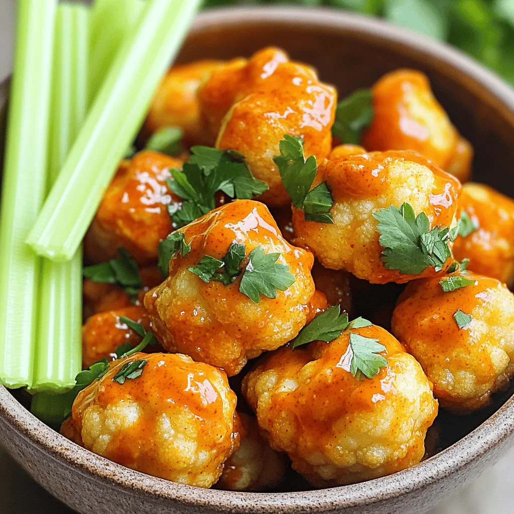 - Cauliflower florets - Flour and seasonings - Buffalo sauce For this tasty snack, you will need key ingredients. First, start with a medium cauliflower head. Cut it into bite-sized florets. Next, gather flour and seasonings. You'll need one cup of flour, garlic powder, onion powder, smoked paprika, salt, and black pepper. Finally, get your buffalo sauce. One cup is perfect for that spicy kick! - Vegan milk alternatives - Garnishes You can also add some optional ingredients. Consider using a vegan milk alternative, like unsweetened almond milk. This helps make the batter creamy. For garnishes, fresh parsley adds a nice touch. It makes your dish look and taste even better. - Air fryer - Mixing bowls - Whisk To make these bites, you will need a few essential tools. An air fryer is key for that crispiness. Mixing bowls help you combine your ingredients. A whisk is great for mixing the batter smoothly. With these tools, you are ready to create your Air Fryer Cauliflower Buffalo Bites! Check out the Full Recipe for detailed steps. To start, preheat your air fryer to 400°F (200°C). This ensures even cooking and crispiness. While the air fryer heats up, grab a large bowl. In this bowl, mix together the following dry ingredients: - 1 cup flour (all-purpose or gluten-free) - 1 teaspoon garlic powder - 1 teaspoon onion powder - 1 teaspoon smoked paprika - 1 teaspoon salt - ½ teaspoon black pepper Mix these well to combine the flavors. Next, you will create the batter. Gradually whisk in 1 cup of unsweetened almond milk until the mixture is smooth. This helps the batter stick to the cauliflower. Take each cauliflower floret and dip it into the batter, making sure it is well-coated. You want every bite to have that amazing flavor. Once your florets are coated, place them in the air fryer basket. Arrange them in a single layer. It is important not to overcrowd them, as this can lead to uneven cooking. Air fry the bites for about 10 to 12 minutes. Remember to shake the basket halfway through to ensure they cook evenly. After they turn golden brown and crispy, toss the cooked cauliflower bites in a large bowl with 1 cup of buffalo sauce and 1 tablespoon of olive oil. Make sure they are well-coated. For an extra crunch, return them to the air fryer for an additional 5 minutes. Remove the bites from the air fryer and let them cool slightly. Garnish with freshly chopped parsley before serving. Enjoy your spicy, crispy snack! For the full recipe, check the earlier section. To make your Air Fryer Cauliflower Buffalo Bites just right, adjust the buffalo sauce levels. If you like heat, add more sauce. If you prefer a milder taste, use less. You can also mix in other seasonings. Try adding a pinch of cayenne for extra spice or some smoked paprika for a deeper flavor. Experiment to find your favorite combo! Crispiness is key to great bites. The air frying technique is important. Make sure your air fryer is preheated to 400°F (200°C). This ensures even cooking. Cooking in batches also helps. If you overcrowd the basket, the bites won’t get as crispy. Give them space to breathe for the best results. For a fun presentation, serve your bites in a rustic bowl. Add celery sticks on the side for crunch. Dipping sauces like ranch or blue cheese complement the flavors well. For plating, sprinkle fresh parsley on top for a pop of color. This makes your dish look as good as it tastes! For the complete recipe, check out the Full Recipe. {{image_2}} You can spice up your Air Fryer Cauliflower Buffalo Bites in many ways. Do you want heat? Go for spicy buffalo sauce. If you prefer it milder, choose a less spicy sauce. You can also add cheese or herbs to the batter. Try mixing in some grated Parmesan or fresh herbs like dill or thyme. These additions can make your bites extra tasty and unique. If you are gluten-free, you have options! Use gluten-free flour in the batter. This change keeps the recipe safe for those with gluten sensitivities. For my vegan friends, swap out the almond milk for any plant-based milk. You can also use a vegan buffalo sauce to keep everything plant-based. This way, everyone can enjoy these delicious bites! Wondering what to serve with your cauliflower bites? Pair them with veggie sticks and a tasty dip, like ranch or blue cheese. This combination makes a great snack platter. You can also serve them with a crisp salad or a grain bowl. This creates a complete meal that is both filling and satisfying. You will love how these bites fit into your meals! To keep your Air Fryer Cauliflower Buffalo Bites fresh, store leftovers in the fridge. Use an airtight container. This helps keep them crispy and flavorful. They will stay good for about three days. If you want to enjoy them later, you can freeze them. When reheating, you want to keep the bites crispy. The best method is to use the air fryer. Preheat the air fryer to 350°F (175°C). Place the bites in a single layer, and heat for about 5-7 minutes. This keeps them crunchy and tasty. Avoid using the microwave, as it can make them soggy. To freeze your buffalo bites, first, let them cool completely. Then, place them in a freezer-safe bag or container. Make sure to remove as much air as possible. When you are ready to eat, thaw them in the fridge overnight. Reheat them in the air fryer for the best texture. This way, they will taste almost as good as fresh. Enjoy these bites anytime you want a quick snack! What can I use instead of flour? You can use almond flour, coconut flour, or chickpea flour. These options work well. They add flavor and a nice texture. Just make sure to adjust the amount. Some flours absorb more liquid than others. Can I make these ahead of time? Yes, you can prep the cauliflower bites ahead of time. Coat them and store in the fridge. When ready, just air fry them. They will still taste great and save you time. Why use an air fryer for this recipe? The air fryer cooks food quickly and makes it crispy. It uses hot air to create that crunch. This method uses less oil than traditional frying. You get tasty bites without the extra fat. How do I know when they are done? Check for a golden brown color. The bites should be crispy on the outside. You can also use a fork to test for tenderness inside. If they are soft and crispy, they are ready. Caloric content per serving Each serving has about 150 calories. This number may vary based on the buffalo sauce you choose. Check the label for the most accurate count. Health benefits of cauliflower Cauliflower is low in calories and high in nutrients. It is a good source of vitamins C and K. This veggie also has fiber, which helps digestion. Eating cauliflower can support your overall health. This blog focused on making tasty buffalo cauliflower using simple ingredients and methods. You learned about main ingredients like cauliflower, flour, and buffalo sauce, plus optional ingredients to enhance flavor. We covered step-by-step instructions for prep, coating, and cooking. I shared tips for perfect flavor and texture, along with serving suggestions. In the end, enjoy experimenting with flavors and adaptations. This dish is fun and easy to make, and it pairs well with many meals. You'll find it a hit with friends and family.