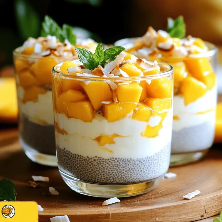 To make this tasty delight, gather these simple ingredients: - 1 cup coconut milk (canned or carton) - 1/2 cup almond milk (or any milk of your choice) - 1/4 cup chia seeds - 2 tablespoons maple syrup (adjust to taste) - 1 ripe mango, diced - 1 teaspoon vanilla extract - Pinch of salt - Toasted coconut flakes (for garnish) - Fresh mint leaves (for garnish) You can swap some ingredients if needed: - Use oat milk or soy milk instead of almond milk. - Try honey instead of maple syrup for sweetness. - If mango is not in season, use diced peaches or pineapple. - For a nut-free option, avoid almond milk and use coconut milk only. This mango coconut chia pudding is not just tasty but also nutritious. Here’s a quick look at its nutritional content per serving: - Calories: About 230 - Total Fat: 12g - Saturated Fat: 10g - Sugars: 8g - Protein: 3g - Fiber: 10g This pudding brings a good mix of healthy fats and fiber. It’s a great choice for breakfast or dessert! For the full recipe, check out the detailed instructions. Start by gathering your ingredients. You will need coconut milk, almond milk, chia seeds, maple syrup, vanilla extract, and a pinch of salt. In a mixing bowl, pour in the coconut milk and almond milk. Add the chia seeds next. They are the stars of this dish. Then, mix in the maple syrup to add sweetness. Stir in the vanilla extract and salt. Make sure to mix well so the chia seeds do not clump together. Cover your mixing bowl with plastic wrap. Place it in the fridge for at least four hours or overnight. This is when the magic happens! The chia seeds absorb the liquid and swell up. They turn into a thick, pudding-like texture. If you leave it overnight, the pudding will be even creamier. Once the pudding has chilled, give it a stir. If it feels too thick, add a splash of almond milk. Now it’s time to serve! Use small cups or bowls for a fun presentation. Start by adding a layer of the chia pudding. Then, add a layer of the diced mango on top. Repeat these layers until the cups are full. To finish, sprinkle toasted coconut flakes on the top. Add fresh mint leaves for a pop of color and a fresh taste. For an extra touch, drizzle a swirl of coconut milk on top before serving. Enjoy this tropical delight! To get the best texture, start with good chia seeds. Use fresh seeds for the best results. Mix them well with the liquid. Stir until they are evenly spread. Let the mixture sit for at least four hours. This allows the seeds to soak and expand. If you want it creamier, add more coconut milk. Adjust the thickness by adding almond milk if needed. One common mistake is not stirring the mix well. Chia seeds can clump together if you skip this step. Always ensure your mixture is smooth before chilling. Another mistake is not using enough liquid. Without enough liquid, the pudding won't set properly. Lastly, avoid leaving the pudding too long in the fridge. It can become too thick or dry out. The ideal chilling time for your pudding is at least four hours. However, overnight is even better. This gives chia seeds enough time to soak up the liquid. If you’re in a hurry, try chilling for at least two hours. But remember, the longer you chill, the better the texture. For optimal flavor, let it chill overnight if you can. For the full recipe, check the detailed steps above. {{image_2}} You can change up the fruit in your mango coconut chia pudding. Try using fresh berries like strawberries or blueberries. They add a bright color and a sweet taste. You could also use banana slices for a creamy texture. Pineapple pieces give a tropical twist. Don’t be afraid to mix fruits! Each choice brings a new flavor. If you want a dairy-free version, this recipe is perfect. Use coconut milk and almond milk, which are both rich and creamy. You can also try oat milk for a different taste. These options keep this pudding light and tasty. If you want added creaminess, blend some soaked cashews into the mix. It will make the pudding even richer without dairy. To make your chia pudding special, think about flavor boosts. Add a pinch of cinnamon or nutmeg for warmth. A drop of almond extract can give it a nice twist too. You could even mix in cocoa powder for a chocolatey treat. These small changes can make your pudding unique. Each flavor will surprise your taste buds in a fun way. For the full recipe, click here. To store leftover mango coconut chia pudding, place it in a sealed container. Make sure the lid fits tightly. This keeps the pudding fresh and tasty. You can store it in the fridge for up to five days. If you notice any changes in smell or texture, it's best to toss it. If you want to save some pudding for later, you can freeze it. Pour the pudding into freezer-safe containers. Leave some space at the top for expansion. Cover the containers well. You can freeze it for up to three months. To eat, thaw it in the fridge overnight. Stir well before serving. Each ingredient in this recipe has its own shelf life. Coconut milk lasts about 7 to 10 days once opened. Almond milk can stay fresh for 5 to 7 days after opening. Chia seeds can last for years if stored in a cool, dark place. Fresh mango should be used within a few days of ripening. Always check the dates on packages for the best quality. For the full recipe, refer back to the ingredients listed above. Yes, you can use various types of milk. Almond milk, oat milk, or soy milk work well. Each milk gives a unique taste. Coconut milk adds a rich flavor. If you prefer a lighter version, go for almond or oat milk. Experiment with different milks for fun results. Chia pudding lasts up to five days in the fridge. Store it in a sealed container. The longer it sits, the thicker it gets. If it becomes too thick, stir in a little milk to bring it back. Always check for freshness before eating. Absolutely! This recipe is already vegan. Use plant-based milk and maple syrup. You can omit honey or any animal products. This makes it a great choice for everyone. Enjoy this tasty treat without any worries! For the full recipe, check the earlier section. Mango coconut chia pudding is a simple, tasty treat. We covered its ingredients and how to mix them. You learned about perfect texture and common mistakes to avoid. We explored different fruit options and how to store leftovers. With this recipe, you can be creative and make it your own. Enjoy your pudding fresh, or try a fun twist. Follow these steps for a delicious, healthy snack anytime. It’s all about flavor and fun!