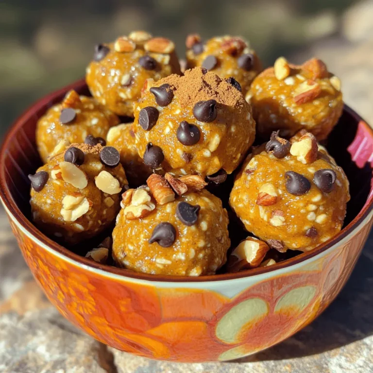 Pumpkin Spice Energy Bites are a simple and tasty treat that you can make at home. They are great for a quick snack or breakfast. You only need a few ingredients to whip them up. - 1 cup rolled oats - 1/2 cup pumpkin puree - 1/4 cup almond butter - 1/4 cup honey or maple syrup - 1 teaspoon vanilla extract - 1 teaspoon pumpkin spice - 1/4 teaspoon salt - Optional: 1/2 cup mini chocolate chips - Optional: 1/4 cup chopped nuts Each ingredient plays a key role. The rolled oats give a hearty base. Pumpkin puree adds moisture and flavor. Almond butter binds the mixture and adds healthy fats. Honey or maple syrup sweetens the bites. Vanilla extract enhances the taste, while pumpkin spice brings warmth. A pinch of salt balances the flavors. You can add mini chocolate chips or chopped nuts for extra fun. These bites are perfect for any time of day. Plus, you can easily make them in just 15 minutes! To make pumpkin spice energy bites, you need just 15 minutes. This quick recipe is fun to prepare. Gather your ingredients first. Measure everything out for a smooth workflow. You can enjoy these bites right away or chill them for later. Start by taking a large mixing bowl. In it, combine the rolled oats, pumpkin puree, almond butter, honey, and vanilla extract. Use a spatula to mix until everything blends well. The mixture should be thick and sticky. Next, add the pumpkin spice and salt. Stir again until fully combined. If you want, fold in mini chocolate chips and chopped nuts for extra flavor. This adds a nice crunch, too! Now comes the fun part! Take a small amount of the mixture and roll it into a ball. Aim for about 1 inch in diameter. Place each ball on a baking sheet lined with parchment paper. Once you finish rolling, put the baking sheet in the fridge. Let the bites chill for about 30 minutes. This helps them firm up. After chilling, transfer your energy bites to an airtight container. They can stay fresh in the fridge for up to a week. Enjoy these tasty treats anytime! For the complete recipe, check out the Full Recipe. To get the best texture, measure all ingredients carefully. Use a sturdy mixing bowl, so nothing spills. Combine the rolled oats, pumpkin puree, and almond butter first. This helps blend them smoothly. Then, add the honey or maple syrup and vanilla extract. Make sure to mix well. The mixture should be thick but not dry. If it feels too crumbly, add a splash of water. If it’s too wet, sprinkle in more oats. This balance is key for tasty energy bites. When it’s time to roll the bites, wet your hands with water. This prevents the mixture from sticking. Take a small amount, about a tablespoon, and roll it into a ball. Aim for a size of about 1 inch. If you want larger bites, adjust the amount accordingly. Place each rolled bite on a parchment-lined baking sheet. Keep space between them to avoid sticking. If they are uneven, gently reshape them to make them smooth. These energy bites shine on their own but pair well with many snacks. Serve them with a cup of warm tea or coffee for a cozy treat. You can also enjoy them with fresh fruit like apple slices or bananas. For a fun twist, try them with yogurt or a sprinkle of granola. They make a great grab-and-go snack for busy days. You can also pack them as a quick breakfast option when you are in a rush. Try out these ideas and enjoy your Pumpkin Spice Energy Bites! For the full recipe, check the earlier section. {{image_2}} You can change the flavor of your energy bites easily. Instead of pumpkin spice, try using vanilla or cocoa powder. For a fruitier taste, add mashed banana or dried fruit. If you love a nutty flavor, mix in some almond extract or peanut butter. The key is to keep it fun and tasty! If you want to swap ingredients, here are some great ideas. Use sunflower seed butter instead of almond butter for a nut-free option. Maple syrup can be replaced with agave nectar if you prefer. For a gluten-free option, make sure to use certified gluten-free oats. Each swap can give your bites a new twist! You can easily adjust this recipe to fit your diet. To make it nut-free, use sunbutter or soy nut butter. For a vegan version, ensure you use maple syrup instead of honey. You can also skip the chocolate chips or use dairy-free ones. These small changes let everyone enjoy the energy bites! For the full recipe, check out the details above. Store your pumpkin spice energy bites in an airtight container. This keeps them fresh and tasty. Place the container in your fridge. The cool air helps maintain their texture and flavor. These energy bites stay good for about a week in the fridge. If they are kept well, they can last up to seven days. Enjoy them as a quick snack or a breakfast boost! You can freeze these bites for longer storage. Place them in a freezer-safe bag or container. They will stay good for about three months in the freezer. When you want to eat them, just take out what you need. Let them thaw in the fridge. This way, you can enjoy pumpkin spice energy bites anytime! For the full recipe, check the section above. Pumpkin spice energy bites are small snacks packed with flavor and nutrients. They combine oats, pumpkin puree, and nut butter. The pumpkin spice adds warmth and aroma, making them perfect for fall. These bites are easy to make and great for on-the-go snacking. Yes! You can switch almond butter for any nut butter you like. Peanut butter, cashew butter, or sunflower seed butter all work well. Each nut butter brings a unique flavor and texture. Experiment to find your favorite mix! Yes, they are healthy! These bites include oats, which provide fiber and energy. Pumpkin puree is low in calories but high in vitamins. Nut butter adds protein and healthy fats. Honey or maple syrup gives natural sweetness. If you choose to skip the chocolate chips, they can be even healthier. For the full recipe, check out the detailed instructions above. We explored a simple and tasty way to make pumpkin spice energy bites. You learned about the easy ingredients and the step-by-step process. I shared tips on perfecting your mix and variations to try. Remember, these bites are flexible and can fit different diets. Store them well, and they will last longer! Making energy bites is fun, healthy, and delicious, so get started and enjoy your treats!