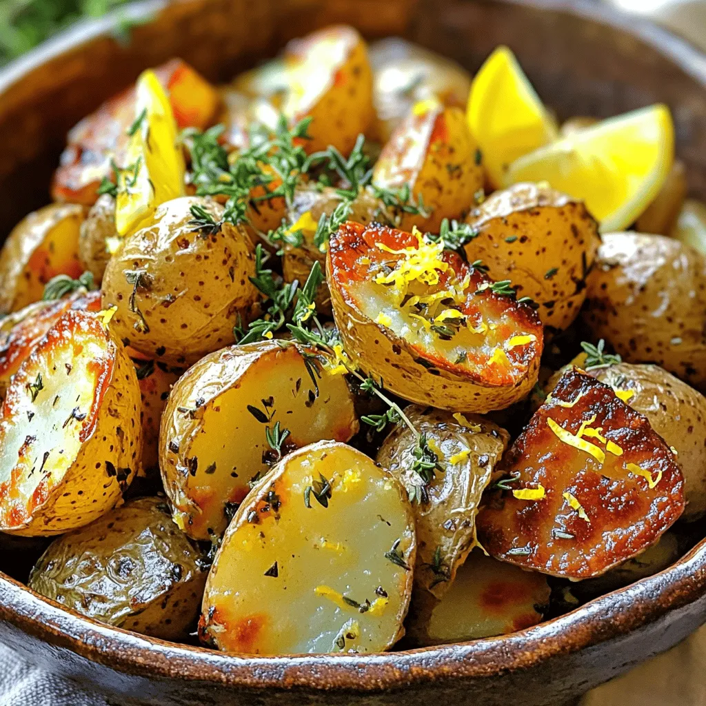 - 2 pounds baby potatoes, halved - 4 tablespoons olive oil - 4 cloves garlic, minced - Zest and juice of 1 lemon - 1 tablespoon fresh rosemary, chopped - 1 tablespoon fresh thyme, chopped - Salt and pepper to taste - 1 teaspoon paprika (optional for a smoky flavor) When making Lemon Garlic Herb Roasted Potatoes, I focus on fresh, high-quality ingredients. Baby potatoes are perfect because they are tender and hold flavor well. Halving them allows for even cooking and crispiness. Next, I use olive oil to coat the potatoes. It adds richness and helps the garlic and herbs stick. Minced garlic gives a strong flavor, while the zest and juice of lemon brighten the dish. The fresh rosemary and thyme not only add aroma but also a flavorful punch. For seasoning, I always add salt and pepper to enhance the taste. The optional paprika can bring a slight smoky taste, which is delightful. These ingredients come together to create a side dish that is flavorful and satisfying. You can find the complete instructions in the Full Recipe. First, preheat your oven to 425°F (220°C). This step is key to getting the potatoes crispy. Next, take your baby potatoes and cut them in half. This helps them cook evenly and soak up all the flavors. In a large mixing bowl, combine the halved potatoes with 4 tablespoons of olive oil, 4 cloves of minced garlic, the zest of 1 lemon, and the juice of that same lemon. Add in 1 tablespoon of fresh rosemary and 1 tablespoon of fresh thyme. Don't forget a pinch of salt, pepper, and paprika if you like a smoky taste. Toss everything together until the potatoes are evenly coated. This helps every bite burst with flavor. Spread the potatoes out on a baking sheet in a single layer. Make sure they aren’t crowded. Crowding can lead to steaming instead of roasting. Roast them in the preheated oven for 25 to 30 minutes. Remember to turn them halfway through cooking. This way, they brown nicely on all sides. Check for doneness by piercing a potato with a fork; it should feel tender and look golden brown. These steps will guide you to a perfect Lemon Garlic Herb Roasted Potatoes dish. For the full recipe, refer to the section above. Enjoy your cooking! To get those potatoes just right, I have a couple of tips. First, I always use parchment paper. It makes clean-up easy and helps the potatoes crisp up nicely. Second, don’t overcrowd the baking sheet. If the potatoes touch, they won’t roast well. Give them space to breathe and become golden. Adjust the garlic and lemon to fit your taste. If you love garlic, add more! If you prefer a lighter touch, use less. Also, feel free to experiment with herbs. Fresh parsley or oregano can add a new twist. The choice is yours, and it makes cooking more fun! How you serve your dish matters. I like to top my roasted potatoes with extra chopped herbs. It gives a fresh look and taste. Lemon wedges on the side add a splash of color and flavor too. Using a rustic bowl adds a homely touch. It makes the dish feel warm and inviting. For the full recipe, check out the details above! {{image_2}} You can switch up the potatoes you use. Try Yukon Gold or red potatoes for variety. These types add different textures and flavors. You can also change the herbs. Instead of rosemary and thyme, try dill or basil. Each herb brings a new twist to the dish. Want to boost the flavor? Add colorful veggies like bell peppers or onions. They roast well and add a tasty crunch. For a cheesy touch, sprinkle cheese on top in the last five minutes of roasting. It melts beautifully and gives extra richness. If you want to change the texture, try steaming or grilling the potatoes. These methods create a different taste and feel. You can also use an Instant Pot for a quicker option. It cooks fast and keeps the flavors intact. For more details, check out the Full Recipe for Lemon Garlic Herb Roasted Potatoes. Store your Lemon Garlic Herb Roasted Potatoes in an airtight container. They stay fresh for up to 4 days in the fridge. Make sure to cool them completely first. This helps keep their texture nice and firm. To reheat, I suggest using the oven. It takes about 10 minutes at 350°F (175°C) for crispy potatoes. If you need a quicker option, the microwave works too. Just know they might not stay crispy this way. You can freeze these potatoes for up to 3 months. For the best taste, freeze them before roasting. When you're ready to eat them, just thaw before roasting. This gives you the best results. Want the full recipe? Check out the [Full Recipe]. To get your potatoes crispy, start with high heat. Preheat your oven to 425°F (220°C). Use baby potatoes and cut them in half. Make sure they are not crowded on the baking sheet. This helps them roast, not steam. Toss the potatoes in olive oil, garlic, and herbs. The oil is key; it helps with crisping. Turn the potatoes halfway through cooking. This ensures all sides get golden brown. Yes, you can use dried herbs! If you have no fresh herbs, dried ones work just fine. Use about one-third of the amount. Dried herbs are stronger in flavor. So, for one tablespoon of fresh, use about one teaspoon of dried. Mix them well with the potatoes. The taste will still be delicious, just a bit different! These roasted potatoes pair well with many dishes. Try them with grilled chicken or fish for a tasty meal. They also go great with a fresh salad. If you want a hearty option, serve them with steak. For a vegetarian meal, add roasted veggies or a grain dish. The lemon flavor adds zing to any plate! Lemon garlic herb roasted potatoes are simple and tasty. We covered the key ingredients, such as baby potatoes, olive oil, and fresh herbs. I shared step-by-step instructions for preparing and roasting them perfectly. Tips helped enhance flavors and improve presentation. You can vary the recipe with different potatoes or add veggies. Store leftovers properly to keep them fresh. Enjoy this dish as a delightful side that suits many meals. Try these methods and enjoy the delicious results. Happy cooking!