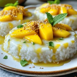 - 1 cup glutinous rice - 1 ½ cups coconut milk - ¾ cup sugar - ½ teaspoon salt - 2 ripe mangoes, peeled and sliced - 1 tablespoon toasted sesame seeds - 2 tablespoons cooked mung beans - Fresh mint leaves for garnish Mango sticky rice uses a few key ingredients. First, glutinous rice is the heart of this dish. Its unique texture makes it sticky and chewy. Coconut milk adds a rich creaminess that enhances the flavor. The sugar balances the dish, giving it a sweet note. A pinch of salt rounds out the taste. You can also add optional ingredients. Ripe mangoes bring a fresh, fruity taste. Toasted sesame seeds add a nice crunch. Cooked mung beans provide a unique texture and flavor. Fresh mint leaves make a lovely garnish, adding color and freshness. For the full recipe, check out the details on how to bring these ingredients together. - Rinsing the glutinous rice: Start by rinsing 1 cup of glutinous rice. Use cold water and rinse until the water is clear. This step removes excess starch. - Soaking time required: After rinsing, soak the rice in water for at least 4 hours. If you can, soak it overnight. This makes the rice soft and tender. - Steaming method: Drain the soaked rice. Place it in a steamer lined with cheesecloth or a clean kitchen towel. Steam over boiling water for 30 to 40 minutes. The rice should look translucent and feel tender when done. - Combining ingredients: In a saucepan, mix 1 ½ cups of coconut milk, ¾ cup of sugar, and ½ teaspoon of salt. - Heating instructions: Heat the mixture over medium heat. Stir it until the sugar dissolves. It’s key not to let it boil. - Importance of temperature control: Keeping the heat moderate helps maintain a smooth sauce. A high heat could cause the coconut milk to separate. - Mixing rice with coconut sauce: Once the rice is steamed, put it in a large bowl. Pour about 1 cup of the coconut sauce over the hot rice. Mix it well and let it sit for 15 to 20 minutes. This allows the rice to soak up the flavor. - Portioning and serving tips: Use a scoop or your hands to mold the rice into small portions. Place each portion on a plate. - Adding garnishes: Top the rice with slices of ripe mango. Drizzle more coconut sauce on top. Sprinkle with toasted sesame seeds and mung beans for added crunch. Finish with fresh mint leaves for a lovely touch. This mango sticky rice dessert will surely delight your taste buds! If you want to dive deeper into the recipe, check the Full Recipe for more details. To make the best mango sticky rice, you must soak the rice. Soaking helps the rice absorb water, making it soft. I usually soak it for at least four hours or even overnight. This step is key. Next, steaming makes the rice tender. Place the soaked rice in a steamer lined with cheesecloth. Steam it for 30 to 40 minutes. The rice should look translucent and feel soft when done. The coconut sauce needs a good balance of sweetness. I mix sugar into the coconut milk until it dissolves. Be careful not to boil it; just heat it gently. If you want a richer flavor, add a pinch of salt. For garnishes, think about texture and color. Toasted sesame seeds add a nice crunch. You can also sprinkle cooked mung beans on top for extra flavor. Fresh mint leaves brighten the dish and make it look pretty. Presentation matters! Mold the sticky rice into small portions. Use a scoop or your hands to shape it. Place each portion on a serving plate. Top the rice with slices of ripe mango. Drizzle more coconut sauce on top for extra creaminess. This dessert pairs well with fresh fruit or a cup of green tea. For the full recipe, check out the [Full Recipe]. Enjoy your delightful mango sticky rice dessert! {{image_2}} You can switch up the mango in this dessert. Try using ripe bananas, sweet strawberries, or juicy pineapples. Each fruit brings its own twist. When mangoes are out of season, these fruits can work well. During summer, fresh peaches shine. In fall, apples or pears can add a cozy touch. Mango sticky rice can fit many diets. If you need a gluten-free option, you're in luck! The main ingredients are naturally gluten-free. Just make sure to check your coconut milk. Some brands add gluten. For a vegan treat, this dessert is perfect. All the ingredients are plant-based, so enjoy guilt-free! Want to get creative? Mix flavors from different cuisines. Add a hint of lime zest for a citrus kick. You can also sprinkle some chili flakes for a spicy touch. Another fun idea is to layer the sticky rice with matcha powder or black sesame. These flavors can create a unique dessert experience. You can find the Full Recipe to start your journey! To store leftover sticky rice, place it in an airtight container. Make sure it cools down first. This keeps the rice fresh and moist. You can keep it in the fridge for about 3 days. After that, the rice may dry out or lose its taste. The best way to reheat sticky rice is to steam it again. This method keeps the rice soft and fluffy. You can also use a microwave. Place the rice in a bowl, add a splash of water, and cover it. Heat in short bursts, stirring in between. This helps keep the texture and flavor intact. Yes, you can freeze mango sticky rice! First, let the rice cool completely. Then, place it in a freezer-safe bag. Make sure to remove as much air as possible. For best results, eat it within 1-2 months. Thaw the rice in the fridge before reheating. This way, you maintain its taste and texture. Mango sticky rice is a sweet Thai dessert. It consists of glutinous rice, coconut milk, and ripe mango. This dish is popular in Thailand and across Southeast Asia. It celebrates the joy of mango season. The creamy coconut sauce pairs well with the sweet mango. This dessert is often enjoyed during festivals or special occasions. Yes, you can prepare this dessert ahead of time. First, cook the glutinous rice and make the coconut sauce. Store them separately in the fridge. You can assemble the dessert just before serving. This way, the rice stays fresh and the mango retains its flavor. Just remember to slice the mango right before serving to keep it vibrant. You can find mango sticky rice at many Thai restaurants. Look for places that offer authentic Thai desserts. Local Asian markets often sell ready-made versions. Some grocery stores may also stock this treat. If you want to try making it yourself, you can purchase the key ingredients online. Websites like Amazon or specialty food stores carry glutinous rice and coconut milk. Mango sticky rice pairs well with several dishes and drinks. Try serving it with a strong Thai iced tea. The tea's sweetness complements the dessert's flavors. You can also enjoy it alongside fresh fruit salad. If you want a savory option, serve it with grilled chicken or shrimp. This balance of sweet and savory will enhance your meal. In this blog post, we explored how to make the delightful mango sticky rice dessert. We covered the key ingredients, step-by-step instructions, and variations to enhance your dish. You learned tips to achieve the perfect texture and how to store any leftovers. Mango sticky rice is not just a treat; it holds cultural significance and offers endless possibilities. Enjoy experimenting with flavors and textures. This dessert is sure to impress your family and friends. Happy cooking!
