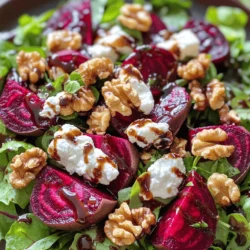 - 3 medium beets, scrubbed and tops trimmed - 4 cups mixed salad greens (arugula, spinach, and rucola work great) - 1/2 cup goat cheese, crumbled - 1/4 cup walnuts, chopped and toasted - 1/4 cup balsamic vinegar - 2 tablespoons honey - 3 tablespoons olive oil - Salt and pepper to taste - Fresh herbs (parsley or basil) for garnish This salad shines with the bold flavors of roasted beets and creamy goat cheese. The beets bring sweetness and earthiness, while the goat cheese adds a tangy contrast. Using mixed salad greens gives a nice crunch and freshness. Don't forget the walnuts! They add a lovely crunch and nutty taste. The balsamic vinegar and honey blend perfectly for a sweet and tangy dressing. A touch of salt and pepper enhances all the flavors. Fresh herbs brighten the dish and add a pop of color. For the full recipe, check out the vibrant roasted beet and goat cheese salad section. Enjoy the delightful mix of flavors in this beautiful dish! Roasting Method To start, preheat your oven to 400°F (200°C). Take each beet, scrub it clean, and trim the tops. Wrap each one in aluminum foil. Drizzle a bit of olive oil and sprinkle some salt on top. Place them on a baking sheet. Roast the beets for 45 to 60 minutes. They are done when a fork goes in easily. Cooling and Slicing Once roasted, let the beets cool. This makes peeling easy. When cool, peel the skin off. Slice the beets into wedges for the salad. Their vibrant color adds a beautiful touch! Combining Ingredients In a small bowl, whisk together balsamic vinegar, honey, and olive oil. This mix will bring a sweet and tangy flavor to the salad. Adjusting Flavors Taste the dressing and add salt and pepper. If you want it sweeter, add more honey. If you want it tangier, add more vinegar. Make it just how you like it! Ideal Toasting Technique Take a dry skillet and heat it over medium heat. Add the chopped walnuts and toast them for 3 to 4 minutes. Stir often. You want them fragrant but not burned. This step adds a nice crunch to your salad. Layering and Mixing Tips Grab a large salad bowl. Start with a base of mixed salad greens. Then, add the roasted beet wedges, crumbled goat cheese, and toasted walnuts. Use your hands or a spoon to gently mix everything. This helps distribute the flavors evenly. Presentation Ideas Serve the salad on individual plates for a fancy look. Arrange the beets and cheese in a circle. This shows off their colors. Drizzle extra dressing around the plate for a nice touch. Portioning Options This recipe serves four. You can easily adjust the amounts for more or fewer servings. Just remember to keep the flavors balanced. For a meal, add a protein like grilled chicken or chickpeas. You can find the Full Recipe in the previous section for detailed steps! How to Check Doneness To check if your beets are done, insert a fork into one. If it goes in easily, the beets are ready. This means they are soft and tender, perfect for slicing. If you meet resistance, roast them for a little longer. Peeling Techniques Once your beets are done, let them cool a bit. This makes peeling easier. You can use your fingers to rub off the skin, or you can use a paper towel for grip. Both methods work well. Just be careful with the juice; it stains! Variations on Flavor You can switch up the dressing to suit your taste. Try adding a squeeze of lemon for zing. If you like heat, a pinch of red pepper flakes adds a nice kick. Or, blend in some Dijon mustard for a little extra depth. Best Practices for Enjoyment Serve this salad slightly chilled or at room temperature. Cold beets can dull the flavor. If you like, let the salad sit for about 10 minutes after dressing. This allows the flavors to meld. Enjoy the fresh taste! For more details on making this salad, check out the Full Recipe. {{image_2}} You can change the cheese in this salad. Feta or blue cheese works well. Both add a unique taste. If you want a creamier salad, try ricotta. For a nutty flavor, try fresh mozzarella. You can also swap the nuts. Instead of walnuts, try pecans or almonds. Both add crunch and flavor. Toast them lightly for the best taste. Want to boost protein? Add grilled chicken or quinoa. Both make the salad heartier. Chicken adds a savory taste, while quinoa adds a nice chew. Seasonal fruits like apples or pears add sweetness. They pair well with the beets. Try adding slices or small cubes for texture and flavor. You can change the dressing if you like. A lemon vinaigrette brightens the salad. Mix lemon juice, olive oil, and a pinch of salt for a fresh taste. For a creamy dressing, try yogurt or a sour cream base. These add richness. Mix in herbs or spices to create your own flavor. For the full recipe, check the Vibrant Roasted Beet and Goat Cheese Salad section above. Enjoy exploring these fun variations! How long can you keep the salad? You can store your roasted beet and goat cheese salad in the fridge for up to three days. The beets will stay tasty, while the greens will wilt faster. To keep the greens fresh, store them separately from the beets and dressing. What are the best practices for beets and greens? If you have leftover beets, place them in an airtight container. Keep them in the fridge for about a week. For the greens, wash and dry them thoroughly before storing. Use a paper towel to absorb excess moisture, which helps the greens stay crisp. How do you refresh the salad? I recommend enjoying this salad cold. If you want to warm the beets, slice them and place them in a pan over low heat for a few minutes. Avoid reheating the goat cheese, as it can lose its creamy texture. For the best taste, serve the salad fresh! Check out the Full Recipe for more details on preparation. To roast beets, follow these steps: 1. Preheat the oven to 400°F (200°C). 2. Wrap each beet in aluminum foil. 3. Drizzle with olive oil and sprinkle with salt. 4. Place beets on a baking sheet. 5. Roast for 45-60 minutes or until tender. 6. Check doneness by inserting a fork. 7. Cool beets before peeling and slicing. Roasting beets brings out their natural sweetness. You can enjoy them warm or cool. Yes, you can prep this salad ahead of time! - Roast beets and store them in the fridge. - Make the dressing and keep it separate. - Assemble the salad just before serving. This way, your salad stays fresh and tasty. This salad pairs well with many dishes! - Grilled chicken adds protein and flavor. - Quinoa offers a healthy grain option. - Crusty bread complements the meal nicely. These additions make a complete and satisfying dinner. Absolutely! This salad is perfect for meal prep. - Store beets in containers for easy access. - Keep greens separate to prevent wilting. - Portion out servings of dressing. This way, you can enjoy a fresh salad all week! For the complete recipe, check out the Full Recipe section. This blog covered how to make a delicious roasted beet and goat cheese salad. We discussed key ingredients like beets, goat cheese, and mixed greens. I shared step-by-step instructions for preparing beets, making dressing, toasting walnuts, and assembling the salad. Additionally, there are tips for flavor, storage, and variations to suit your taste. In conclusion, this salad is simple to make and full of flavor. Enjoy experimenting with different ingredients to make it your own!