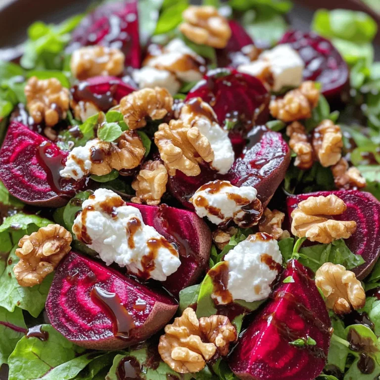 - 3 medium beets, scrubbed and tops trimmed - 4 cups mixed salad greens (arugula, spinach, and rucola work great) - 1/2 cup goat cheese, crumbled - 1/4 cup walnuts, chopped and toasted - 1/4 cup balsamic vinegar - 2 tablespoons honey - 3 tablespoons olive oil - Salt and pepper to taste - Fresh herbs (parsley or basil) for garnish This salad shines with the bold flavors of roasted beets and creamy goat cheese. The beets bring sweetness and earthiness, while the goat cheese adds a tangy contrast. Using mixed salad greens gives a nice crunch and freshness. Don't forget the walnuts! They add a lovely crunch and nutty taste. The balsamic vinegar and honey blend perfectly for a sweet and tangy dressing. A touch of salt and pepper enhances all the flavors. Fresh herbs brighten the dish and add a pop of color. For the full recipe, check out the vibrant roasted beet and goat cheese salad section. Enjoy the delightful mix of flavors in this beautiful dish! Roasting Method To start, preheat your oven to 400°F (200°C). Take each beet, scrub it clean, and trim the tops. Wrap each one in aluminum foil. Drizzle a bit of olive oil and sprinkle some salt on top. Place them on a baking sheet. Roast the beets for 45 to 60 minutes. They are done when a fork goes in easily. Cooling and Slicing Once roasted, let the beets cool. This makes peeling easy. When cool, peel the skin off. Slice the beets into wedges for the salad. Their vibrant color adds a beautiful touch! Combining Ingredients In a small bowl, whisk together balsamic vinegar, honey, and olive oil. This mix will bring a sweet and tangy flavor to the salad. Adjusting Flavors Taste the dressing and add salt and pepper. If you want it sweeter, add more honey. If you want it tangier, add more vinegar. Make it just how you like it! Ideal Toasting Technique Take a dry skillet and heat it over medium heat. Add the chopped walnuts and toast them for 3 to 4 minutes. Stir often. You want them fragrant but not burned. This step adds a nice crunch to your salad. Layering and Mixing Tips Grab a large salad bowl. Start with a base of mixed salad greens. Then, add the roasted beet wedges, crumbled goat cheese, and toasted walnuts. Use your hands or a spoon to gently mix everything. This helps distribute the flavors evenly. Presentation Ideas Serve the salad on individual plates for a fancy look. Arrange the beets and cheese in a circle. This shows off their colors. Drizzle extra dressing around the plate for a nice touch. Portioning Options This recipe serves four. You can easily adjust the amounts for more or fewer servings. Just remember to keep the flavors balanced. For a meal, add a protein like grilled chicken or chickpeas. You can find the Full Recipe in the previous section for detailed steps! How to Check Doneness To check if your beets are done, insert a fork into one. If it goes in easily, the beets are ready. This means they are soft and tender, perfect for slicing. If you meet resistance, roast them for a little longer. Peeling Techniques Once your beets are done, let them cool a bit. This makes peeling easier. You can use your fingers to rub off the skin, or you can use a paper towel for grip. Both methods work well. Just be careful with the juice; it stains! Variations on Flavor You can switch up the dressing to suit your taste. Try adding a squeeze of lemon for zing. If you like heat, a pinch of red pepper flakes adds a nice kick. Or, blend in some Dijon mustard for a little extra depth. Best Practices for Enjoyment Serve this salad slightly chilled or at room temperature. Cold beets can dull the flavor. If you like, let the salad sit for about 10 minutes after dressing. This allows the flavors to meld. Enjoy the fresh taste! For more details on making this salad, check out the Full Recipe. {{image_2}} You can change the cheese in this salad. Feta or blue cheese works well. Both add a unique taste. If you want a creamier salad, try ricotta. For a nutty flavor, try fresh mozzarella. You can also swap the nuts. Instead of walnuts, try pecans or almonds. Both add crunch and flavor. Toast them lightly for the best taste. Want to boost protein? Add grilled chicken or quinoa. Both make the salad heartier. Chicken adds a savory taste, while quinoa adds a nice chew. Seasonal fruits like apples or pears add sweetness. They pair well with the beets. Try adding slices or small cubes for texture and flavor. You can change the dressing if you like. A lemon vinaigrette brightens the salad. Mix lemon juice, olive oil, and a pinch of salt for a fresh taste. For a creamy dressing, try yogurt or a sour cream base. These add richness. Mix in herbs or spices to create your own flavor. For the full recipe, check the Vibrant Roasted Beet and Goat Cheese Salad section above. Enjoy exploring these fun variations! How long can you keep the salad? You can store your roasted beet and goat cheese salad in the fridge for up to three days. The beets will stay tasty, while the greens will wilt faster. To keep the greens fresh, store them separately from the beets and dressing. What are the best practices for beets and greens? If you have leftover beets, place them in an airtight container. Keep them in the fridge for about a week. For the greens, wash and dry them thoroughly before storing. Use a paper towel to absorb excess moisture, which helps the greens stay crisp. How do you refresh the salad? I recommend enjoying this salad cold. If you want to warm the beets, slice them and place them in a pan over low heat for a few minutes. Avoid reheating the goat cheese, as it can lose its creamy texture. For the best taste, serve the salad fresh! Check out the Full Recipe for more details on preparation. To roast beets, follow these steps: 1. Preheat the oven to 400°F (200°C). 2. Wrap each beet in aluminum foil. 3. Drizzle with olive oil and sprinkle with salt. 4. Place beets on a baking sheet. 5. Roast for 45-60 minutes or until tender. 6. Check doneness by inserting a fork. 7. Cool beets before peeling and slicing. Roasting beets brings out their natural sweetness. You can enjoy them warm or cool. Yes, you can prep this salad ahead of time! - Roast beets and store them in the fridge. - Make the dressing and keep it separate. - Assemble the salad just before serving. This way, your salad stays fresh and tasty. This salad pairs well with many dishes! - Grilled chicken adds protein and flavor. - Quinoa offers a healthy grain option. - Crusty bread complements the meal nicely. These additions make a complete and satisfying dinner. Absolutely! This salad is perfect for meal prep. - Store beets in containers for easy access. - Keep greens separate to prevent wilting. - Portion out servings of dressing. This way, you can enjoy a fresh salad all week! For the complete recipe, check out the Full Recipe section. This blog covered how to make a delicious roasted beet and goat cheese salad. We discussed key ingredients like beets, goat cheese, and mixed greens. I shared step-by-step instructions for preparing beets, making dressing, toasting walnuts, and assembling the salad. Additionally, there are tips for flavor, storage, and variations to suit your taste. In conclusion, this salad is simple to make and full of flavor. Enjoy experimenting with different ingredients to make it your own!