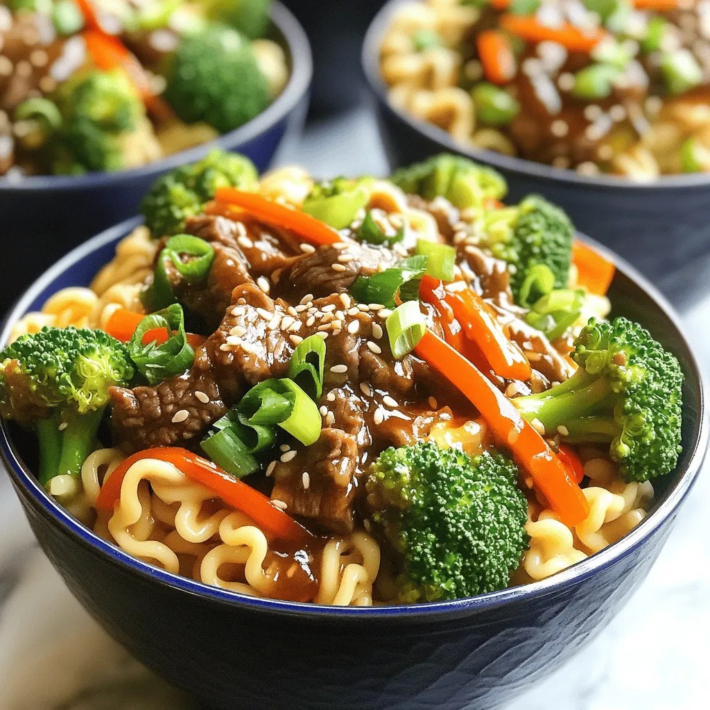 For a great dish, you need: - 8 oz. egg noodles - 1 lb. beef flank steak, thinly sliced - 3 tablespoons soy sauce (low sodium is best) - 1 tablespoon hoisin sauce These main ingredients give the dish its rich flavor. The egg noodles provide a great base. Beef flank steak adds tender protein. Soy sauce and hoisin sauce create a savory depth. Fresh veggies make this dish pop. You will need: - 1 cup broccoli florets - 1 red bell pepper, sliced - 1 carrot, julienned - 3 green onions, chopped - 2 cloves garlic, minced - 1 teaspoon ginger, grated The vegetables bring crunch and color. Broccoli and bell pepper add nutrition and texture. Garlic and ginger give a fragrant kick. Marinating the beef is key. Use: - 2 tablespoons brown sugar - 1 tablespoon cornstarch - 2 tablespoons vegetable oil Brown sugar balances the saltiness of the sauces. Cornstarch helps tenderize the meat and create a nice glaze. Vegetable oil ensures your beef cooks evenly. You can find the full recipe with these ingredients to make a delicious meal. - Cook egg noodles according to package instructions. - Drain and set aside. Cooking noodles is simple. Follow the package directions for best results. Be careful not to overcook them. You want them firm and ready to soak up the flavors later. - Mix soy sauce, hoisin sauce, brown sugar, and cornstarch. - Marinate thinly sliced beef. To marinate the beef, combine soy sauce, hoisin sauce, brown sugar, and cornstarch in a bowl. This mix adds depth and sweetness. Toss in your beef slices and let them soak for about 15-20 minutes. This step infuses flavor and helps tenderize the meat. - Stir-fry the marinated beef. - Cook the vegetables and combine. Heat some vegetable oil in a large skillet over medium-high heat. Add the marinated beef, leaving out any extra marinade. Stir-fry for 3-4 minutes until browned. Remove the beef and set it aside. In the same skillet, add your chopped broccoli, sliced bell pepper, julienned carrot, minced garlic, and grated ginger. Stir-fry these for about 3-5 minutes. You want them tender but still crisp. Now, return the beef to the skillet. Add the cooked noodles and any remaining marinade. Toss everything together. Cook for another 2-3 minutes to blend the flavors well. Now you have a vibrant, tasty dish! To prevent overcooking your noodles, keep an eye on the time. Follow the package instructions closely. Once they are al dente, drain them right away. Rinse with cold water to stop the cooking process. This helps them stay firm and not mushy. The best noodles to use are egg noodles. They have a nice texture and soak up flavors well. You can also try rice noodles if you prefer a gluten-free option. To achieve the right level of tenderness, slice the beef thinly against the grain. This helps break down the meat fibers. Cook the beef quickly over high heat. It should only take about 3-4 minutes to brown. For marinating, 15 to 20 minutes is ideal. This allows the beef to soak up the flavors from the soy sauce and hoisin sauce. Don't skip this step; it makes a big difference! To keep your vegetables crisp, don’t overcook them. Stir-fry them for just a few minutes until they are tender but still bright. This keeps them crunchy and adds color to your dish. If you want to switch up the veggies, try snap peas or bok choy. These options add great flavor and texture. You can mix and match based on what you have on hand. {{image_2}} You can change the beef to chicken or tofu. For chicken, use boneless thighs or breasts. Slice them thin, just like the beef. For tofu, select firm tofu. Press it to remove extra water. Then, cube it and marinate it just like the beef. Adjust the seasonings slightly. Chicken needs a bit more salt, while tofu may need extra sauce. Both options work well in this recipe. If you need gluten-free noodles, choose rice noodles or gluten-free egg noodles. These options cook quickly and taste great. Make sure you check the package for cooking times. You can also swap out sauces. Use tamari instead of soy sauce for a gluten-free choice. Always read labels to ensure sauces are gluten-free. For a spicy kick, add chili flakes or fresh peppers to the dish. Slice fresh chili peppers thinly and toss them in during stir-frying. This will give your dish a nice heat. If you love heat, try adding sriracha or chili oil to the sauce. These add depth and warmth. Adjust to your own taste for the perfect spicy dish. Feel free to explore these variations to find your favorite twist on Mongolian Beef Noodles. You can enjoy this dish in many ways! For the full recipe, check out the complete guide. You can store leftovers in the fridge for up to three days. Make sure to place them in an airtight container. To reheat, simply warm them in a skillet over low heat. This keeps the noodles from getting mushy. Stir gently while heating. You can also use a microwave, but check often to avoid overcooking. Yes, you can freeze Mongolian Beef Noodles! To freeze, let the dish cool completely. Then, pack it in freezer-safe containers. This helps keep the flavors fresh. When you’re ready to eat, thaw it in the fridge overnight. Reheat in a skillet or microwave until hot. Cook Mongolian Beef Noodles in advance for quick meals during the week. Divide them into lunch boxes for easy grab-and-go options. Use small containers to keep each portion fresh. Add a side of veggies or fruit for a complete meal. This way, you save time and enjoy tasty meals all week long. Making Mongolian Beef Noodles takes about 45 minutes in total. You need around 20 minutes to prep the ingredients. Cooking the dish takes the remaining 25 minutes. This timing allows the flavors to blend well. Yes, you can swap some ingredients if needed. For example, if you have a soy allergy, use coconut aminos instead. If you dislike beef, try chicken or tofu. You can use any vegetables you like too. Just keep the cooking time in mind. You can find the full recipe for Mongolian Beef Noodles 🥢 in the recipe section above. It has all the details you need to create this tasty dish! Mongolian Beef Noodles combine tasty ingredients like beef, noodles, and fresh veggies. You learned how to cook them step by step and some helpful tips along the way. Don’t forget that you can change up the protein or make a spicy version. Proper storage keeps your leftovers fresh for later. Enjoy trying new flavors and techniques in your kitchen. This dish is not just a meal; it’s an adventure. Happy cooking!