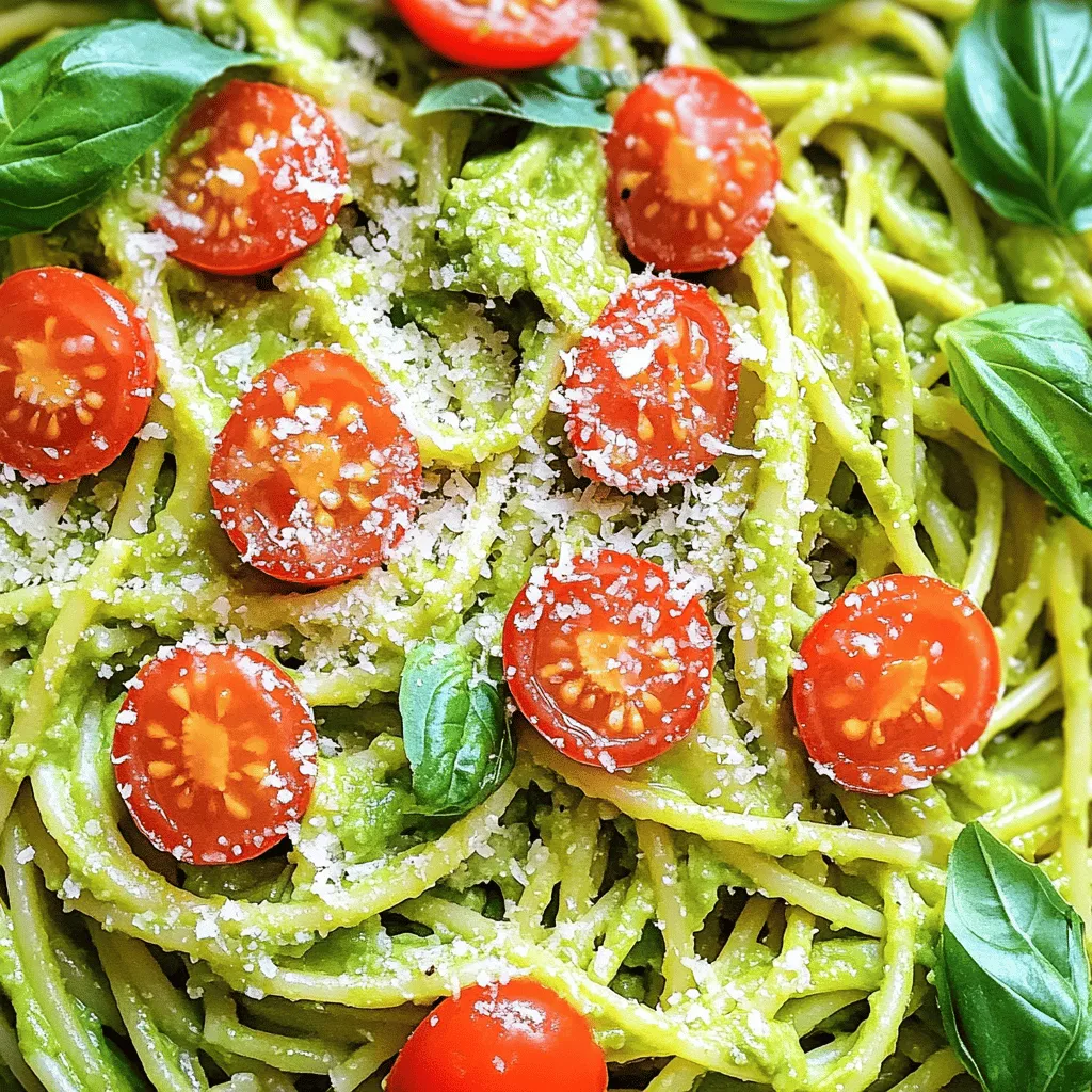 - 2 ripe avocados, pitted and peeled - 2 cloves garlic, minced - 2 tablespoons fresh lemon juice - 1/4 cup olive oil - 1/2 cup fresh basil leaves - 1/4 teaspoon red pepper flakes - Salt and pepper to taste - 8 oz. spaghetti or your choice of pasta - Grated Parmesan cheese for serving (optional) - Cherry tomatoes, halved for garnish (optional) This creamy avocado pasta recipe starts with simple, fresh ingredients. You want ripe avocados for the best flavor. Use garlic to add a nice kick. Fresh lemon juice brightens the sauce and keeps it from browning. Olive oil adds richness and helps blend everything smoothly. Fresh basil gives a fragrant touch. Red pepper flakes add a hint of heat, but you can adjust this to your taste. When choosing pasta, spaghetti works well, but feel free to pick any type you like. If you want to make it a bit fancy, add grated Parmesan on top. Cherry tomatoes make a great garnish and add color. - This recipe is vegan if you skip the Parmesan cheese. - You can use gluten-free pasta for a gluten-free version. - Food processor - Pot for cooking pasta - Measuring cups and spoons Having the right tools makes cooking easier. A food processor helps blend the sauce quickly. You will need a pot to cook your pasta. Measuring cups and spoons ensure you get the right amounts. If you have these items, you are ready to start making your creamy avocado pasta. For the full recipe, check out the complete guide! 1. Start by boiling salted water in a large pot. 2. Cook the pasta according to package instructions. 3. Before draining, reserve about 1/2 cup of the pasta cooking water. 1. In a food processor, combine the ripe avocados, minced garlic, fresh lemon juice, olive oil, basil leaves, red pepper flakes, salt, and pepper. 2. Blend everything until it is smooth and creamy. 1. Add the creamy avocado sauce to the cooked pasta in the pot. 2. Stir well to coat the pasta evenly with the sauce. 3. If the sauce seems thick, adjust the consistency by adding some of the reserved pasta water. This recipe is simple and quick. You can enjoy a creamy avocado pasta in about 20 minutes. For the full recipe, check out the details above. To get that rich creaminess, start with ripe avocados. Look for avocados that yield slightly when you press them. This means they are soft and ready to blend. If they are too hard, your sauce may not turn out smooth. Adjust the thickness of your sauce by adding reserved pasta water. If the sauce feels too thick, splash in a bit of that water. Mix well until you find the right consistency. You can add extra herbs or spices to boost the flavor. Fresh parsley or cilantro can give your sauce a bright twist. A pinch of garlic powder or onion powder can also add depth. Experiment until you find your favorite mix! Seasoning is key. Always taste your sauce before serving. Add salt and pepper to bring out the flavors. A little more lemon juice can also brighten the dish. Get creative with how you plate your pasta. Twirl the pasta into nests on your plate for a fancy look. Use a fork or tongs to help with this. Consider garnishing with grated Parmesan cheese. Cherry tomatoes add color and a burst of flavor. You could even use toasted pine nuts for a nice crunch. For the full recipe, check out the complete instructions above! {{image_2}} You can boost your creamy avocado pasta with protein. Grilled chicken adds a nice touch. Just slice it and mix it in. Shrimp is another great choice. Cook it until pink, then toss it with the pasta. For a vegetarian option, try tofu. Just cube it and sauté until golden. Want to add more veggies? Spinach or kale works well. Just stir them in with the pasta. They will wilt nicely and add color. Roasted cherry tomatoes also add sweetness. Toss them in just before serving for a fresh burst. You can swap in other creamy ingredients too. Greek yogurt adds tang and creaminess. Cashew cream is a great vegan option. You can also try adding different flavors. A bit of pesto or sun-dried tomatoes can create a new taste. Get creative with your ingredients! Check out the Full Recipe for more ideas. To store leftover creamy avocado pasta, place it in an airtight container. Make sure the lid seals tightly. Refrigerate the container. It will stay fresh for about two days. Avocado can turn brown quickly. To keep the avocado sauce fresh, add a little lemon juice. This helps stop browning. You can also cover the sauce tightly with plastic wrap. Press it directly on the surface to limit air contact. When reheating pasta, I recommend using a stovetop. It helps maintain the creaminess. Put the pasta in a skillet over low heat. Add a splash of water or olive oil if needed. Stir frequently, so it heats evenly. You can also use the microwave. If you choose this method, cover the bowl with a microwave-safe lid. Heat in short bursts, stirring in between, to keep the sauce smooth. Can you freeze creamy avocado pasta? It’s best not to freeze it. The texture of the sauce can change when thawed. If you do freeze it, use a freezer-safe container. Leave some space for expansion. To thaw, move it to the fridge overnight. Reheat gently on the stove, adding a bit of water to help the sauce. This can help restore some creaminess. Creamy avocado pasta lasts about 1 to 2 days in the fridge. The pasta may lose its texture. It is best to eat it fresh for the best taste. Store it in an airtight container. This helps keep it from drying out. Yes, you can make the creamy avocado sauce ahead of time. Store it in the fridge in an airtight container. To keep it fresh, add a bit of lemon juice. This will help slow down browning. Use it within 1 day for the best flavor. If you have an avocado allergy, use tahini or a creamy nut butter. Silken tofu is a great option too. You can also try using cooked and mashed peas. All these substitutes can give you a creamy texture. To prevent browning, add lemon or lime juice to the avocado. You can also cover the dish tightly with plastic wrap. Make sure the wrap touches the surface of the sauce. This limits air exposure and slows down browning. Yes, creamy avocado pasta is a healthy meal option. Avocados provide healthy fats that are good for your heart. They also offer vitamins and minerals. Use whole grain pasta for extra fiber. This makes it a filling and nutritious dish. For the full recipe, check out the [Full Recipe]. In this blog post, we explored a delicious avocado pasta recipe, covering ingredients, cooking methods, and storage tips. You learned how to create a creamy sauce using fresh avocados and how to customize it to fit your dietary needs. Remember, fresh ingredients and proper seasoning are key for great flavor. You can also modify the dish with proteins and vegetables to suit your style. Enjoy creating this meal, and don’t hesitate to experiment with your favorite flavors and add-ins!