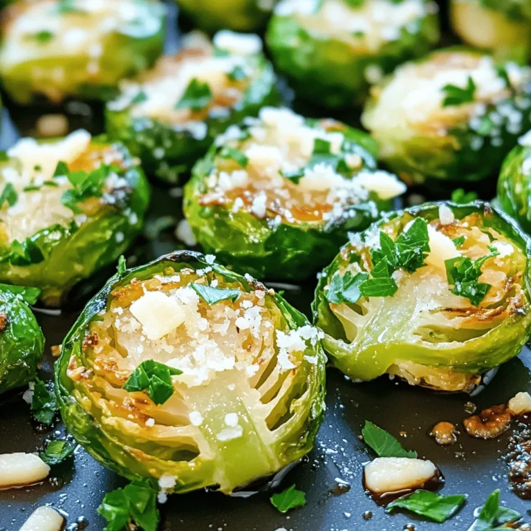 - Essential Ingredients - 1 pound Brussels sprouts, trimmed and halved - 3 tablespoons olive oil - 4 cloves garlic, minced - 1/2 cup grated Parmesan cheese - 1 teaspoon salt - 1/2 teaspoon black pepper - 1/2 teaspoon red pepper flakes (optional, for a kick) - 2 tablespoons balsamic vinegar - Fresh parsley, chopped (for garnish) These ingredients come together to create a crispy and tasty side dish. The Brussels sprouts provide a hearty base, while garlic and Parmesan cheese add rich flavor. The olive oil helps the sprouts crisp up nicely in the oven. - Optional Ingredients for Flavor - Red pepper flakes - Lemon zest - Other hard cheeses like Pecorino Romano Red pepper flakes give a nice spicy touch. Lemon zest can add brightness and depth. If you have hard cheese on hand, feel free to use that instead of Parmesan. - Ingredients Substitutions - Olive oil can be replaced with avocado oil or melted butter. - For a dairy-free option, use nutritional yeast instead of Parmesan. - If you lack balsamic vinegar, try apple cider vinegar or lemon juice. These substitutions let you adjust the recipe to your taste or what you have available. Use what fits your diet or preferences best. For the full recipe, check out the details in the main article. 1. Preheating and Preparing the Baking Sheet First, preheat your oven to 400°F (200°C). This will help the sprouts roast evenly. Next, line a baking sheet with parchment paper. This makes clean-up easy and keeps the sprouts from sticking. 2. Tossing Brussels Sprouts with Ingredients In a large bowl, take 1 pound of halved Brussels sprouts. Add 3 tablespoons of olive oil, 4 minced garlic cloves, 1 teaspoon of salt, 1/2 teaspoon of black pepper, and optional red pepper flakes for a kick. Toss everything well until the sprouts are evenly coated. This step is key to getting great flavor. 1. First Roasting Phase Spread the coated Brussels sprouts in a single layer on your prepared baking sheet. Make sure they have space. If they are too close, they won’t get crispy. Roast them in the oven for about 20 minutes. 2. Adding Parmesan and Final Roasting Phase After 20 minutes, take the baking sheet out. Sprinkle 1/2 cup of grated Parmesan cheese over the sprouts. Toss them gently to mix. Return the sprouts to the oven for 10-15 more minutes. You want them to turn golden brown and crispy. The cheese will melt and add extra flavor. 1. Drizzling Balsamic and Garnishing Once the sprouts are done, drizzle 2 tablespoons of balsamic vinegar over them. Toss them lightly to combine. This adds a nice tangy flavor that balances the rich cheese. Transfer the crispy Brussels sprouts to a serving dish and garnish with chopped parsley. Serve them right away for the best crunch. For the full recipe, don’t forget to check the detailed instructions! - Spacing and Temperature Considerations To get your Brussels sprouts crispy, space them out on the baking sheet. If they are too close, they will steam instead of roast. Roasting them at 400°F (200°C) also helps to achieve that perfect crunch. This high heat makes sure the outsides get nice and brown while the insides stay tender. - Using Parchment vs. Baking Spray I love using parchment paper. It keeps the sprouts from sticking and makes cleanup a breeze. If you don’t have parchment, baking spray works, but it may not give the same crispiness. Parchment allows for better heat circulation, leading to a crunchier texture. - Alternative Seasonings While garlic and Parmesan are classic, you can mix it up! Try adding smoked paprika or lemon zest for a fresh twist. A touch of cumin can also add a warm, earthy flavor. Feel free to experiment with your favorite spices! - Best Cheese Variations Parmesan is great, but you can try other cheeses too. Aged cheddar gives a strong flavor, while feta adds a tangy twist. For a nutty taste, sprinkle some Gruyère on top. Each cheese brings its own charm to the dish. Check out the Full Recipe to make these delicious sprouts your new favorite side! {{image_2}} To make these Brussels sprouts vegan, swap out the Parmesan cheese. Use nutritional yeast instead. This will add a cheesy flavor without dairy. You can also try vegan Parmesan cheese if you prefer. This recipe is naturally gluten-free. Just make sure to check your balsamic vinegar for gluten. If you want to avoid nuts, this recipe is safe as written. There are no nuts in the ingredient list. Using an air fryer can make these Brussels sprouts even crispier! Just toss the sprouts with olive oil and spices as usual. Place them in the air fryer basket. Set the temperature to 375°F (190°C) and cook for about 15-20 minutes. Toss halfway through for even cooking. After they’re golden, sprinkle the cheese and air fry for 5 more minutes. Grilling adds a wonderful smoky flavor to Brussels sprouts. Preheat your grill to medium heat. Toss the sprouts with oil and spices, then place them in a grill basket. Grill for about 15-20 minutes, turning occasionally. Just before they finish, add the cheese. Let it melt slightly before serving. - Best Practices for Refrigeration To store leftover crispy garlic Parmesan Brussels sprouts, place them in an airtight container. Keep them in the fridge for up to three days. Make sure they cool down before sealing the container. This helps maintain their crispiness. - Freezing Tips If you want to freeze them, lay the sprouts on a baking sheet in a single layer. Freeze them for about an hour. After they are solid, transfer them to a freezer bag. They can last for up to two months. When ready, thaw them in the fridge before reheating. - Oven vs. Microwave Reheating The oven is the best method to reheat Brussels sprouts. Preheat your oven to 350°F (175°C). Spread the sprouts on a baking sheet and heat for about 10-15 minutes. This keeps them crispy. If you use a microwave, place them in a bowl and cover loosely. Heat for 1-2 minutes. This method may make them a bit soggy, but it’s quick. For the best taste, I recommend using the oven. How to make Brussels sprouts less bitter? To lessen the bitterness, trim and halve the Brussels sprouts. Roasting them helps, too. Adding salt and Parmesan cheese can balance the flavors. For a sweeter taste, try a drizzle of balsamic vinegar after roasting. Can I prepare these in advance? You can prep the Brussels sprouts ahead of time. Clean and cut them, then store in the fridge. Toss them with oil and spices just before roasting. This keeps them fresh and tasty. What can I serve with Crispy Garlic Parmesan Brussels Sprouts? These sprouts pair well with many dishes. Try them with grilled chicken or fish. They also go great with pasta or quinoa salads. For a lighter meal, serve them alongside a fresh green salad. For the full recipe, check out the Crispy Garlic Parmesan Brussels Sprouts section. This blog post shared how to make crispy garlic Parmesan Brussels sprouts. We covered key ingredients, preparation steps, and roasting methods. I included tips for extra crispiness and flavor tweaks. You can even try different cooking methods or variations. Lastly, we discussed storage and answered common questions. These sprouts can be a delicious side dish or snack. I hope you feel ready to enjoy this tasty recipe!