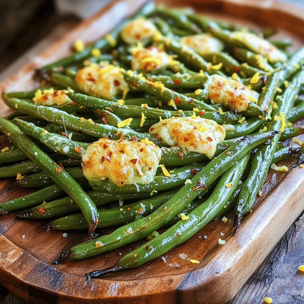 For roasted Parmesan green beans, you need a few simple ingredients. These fresh flavors come together to create a tasty side dish. Here’s what you will need: - Fresh green beans - Olive oil - Grated Parmesan cheese - Garlic (cloves and powder) - Lemon zest and juice - Optional ingredients (red pepper flakes, salt, and pepper) These ingredients work together to make the green beans crisp and flavorful. Fresh green beans provide a nice crunch. Olive oil adds richness, while garlic and lemon give brightness. Parmesan cheese makes everything creamy and savory. If you like heat, add red pepper flakes for a kick. Salt and pepper help enhance all the flavors. For the full recipe, check the section above. 1. Preheat your oven to 425°F (220°C) and line a baking sheet with parchment paper. This helps the beans cook evenly and makes cleanup easy. 2. In a large bowl, mix the fresh green beans with 2 tablespoons of olive oil. Add 2 cloves of minced garlic, 1 teaspoon of lemon zest, 1 teaspoon of garlic powder, and optional crushed red pepper flakes for heat. Season with salt and pepper to taste. Toss the beans until they are well-coated. 3. Spread the green beans evenly on the baking sheet in a single layer. This allows them to roast well without steaming. 4. Roast the green beans in the preheated oven for 15 minutes. This first phase helps to soften the beans. 5. After 15 minutes, take the baking sheet out of the oven. Sprinkle 1/2 cup of grated Parmesan cheese evenly over the green beans. 6. Return the baking sheet to the oven and roast for an additional 5-7 minutes. The cheese should melt and turn lightly golden. 7. Once finished, remove the baking sheet from the oven and drizzle the juice of 1/2 lemon over the top. This adds a fresh zing. 8. Transfer the roasted green beans to a serving platter. Garnish with extra lemon zest and a sprinkle of Parmesan. Serve warm for the best taste. Enjoy the vibrant colors and inviting aroma! For the full recipe, check out the recipe details above. To roast green beans well, set your oven to 425°F (220°C). High heat helps them cook fast and get crispy. Make sure to coat them evenly in oil and seasonings. This way, each bite bursts with flavor. Too little oil makes them dry. Too much can make them soggy. Find a good balance. To kick up the flavor, think about adding more spices. Try smoked paprika, onion powder, or even some fresh herbs like thyme or oregano. You can also adjust the heat with more red pepper flakes if you like it spicy. Taste as you go. This helps you find the perfect blend for your palate. Use a large bowl for mixing and a baking sheet for roasting. Parchment paper keeps them from sticking. A good pair of tongs is great for tossing the beans. If you have a digital thermometer, use it to check the oven temp. These tools can make your cooking easier and faster. {{image_2}} You can change the cheese for more taste. Pecorino and Asiago are great choices. They add a unique twist. Try mixing in fresh herbs like thyme or rosemary. These herbs bring a fresh flavor to the dish. Parsley also works well for a bright touch. If you want a dairy-free option, use nutritional yeast. It gives a cheesy flavor without the dairy. You can also swap green beans for asparagus or broccoli. Both vegetables roast well and add fresh flavors. To make crispy green beans, try an air fryer. Set it to 400°F (200°C) and cook for 10 minutes. Shake the basket halfway for even cooking. If you need a faster method, try stovetop cooking. Sauté the beans in a pan with olive oil for about 5 minutes. Just make sure they stay bright and crisp. For more details, check the Full Recipe. To store leftover roasted green beans, let them cool first. Place them in an airtight container. This keeps the beans fresh for up to three days. Glass or plastic containers work well. If you have a vacuum sealer, that’s even better. To reheat your green beans, use the oven for the best flavor. Preheat the oven to 350°F (175°C). Spread the beans on a baking sheet and heat for about 10 minutes. This method keeps them crispy. You can also microwave them. Heat in 30-second bursts until warm, but this may soften them. Yes, you can freeze roasted green beans! First, let them cool completely. Then, spread them in a single layer on a baking sheet. Freeze for about an hour. Once frozen, transfer them to a freezer-safe bag. They can last up to three months. To thaw, place them in the fridge overnight or microwave them for a few minutes. How long to roast green beans for perfect texture? Roast green beans for 15 minutes at 425°F. This gives you a nice crunch. After 15 minutes, add the cheese and roast for 5-7 more minutes. The cheese should melt and get golden. Can I use frozen green beans instead of fresh? Yes, you can use frozen green beans. They may need a few extra minutes to cook. Make sure to thaw and drain them first. This helps avoid extra moisture. What can I serve with Roasted Parmesan Green Beans? These green beans pair well with chicken, fish, or pasta. You can also add them to a salad for a tasty crunch. They are versatile and fit into many meals. Are there any easy substitutions for this recipe? You can swap olive oil with melted butter. If you don’t have Parmesan, try Pecorino cheese. You can even use nutritional yeast for a vegan option. What’s the best way to prevent soggy green beans? Make sure the green beans are dry before roasting. Do not overcrowd the baking sheet. This allows hot air to circulate, keeping them crisp. How healthy are Roasted Parmesan Green Beans? Roasted Parmesan green beans are very healthy. They are low in calories and high in fiber. Green beans are full of vitamins and minerals too. Caloric content per serving and nutritional benefits One serving has about 120 calories. You get protein and healthy fats from Parmesan and olive oil. This dish also provides vitamins A, C, and K from the green beans. Enjoy this dish guilt-free! Roasting green beans is easy and delicious. We explored fresh green beans, olive oil, and Parmesan, plus simple steps for perfect roasting. You can adjust flavors with spices, herbs, or different cheeses. Store leftover beans properly to enjoy later. Remember, these green beans are a healthy choice that pairs well with many dishes. I hope you feel ready to try this simple recipe! Enjoy your cooking journey and impress your family with a tasty side.