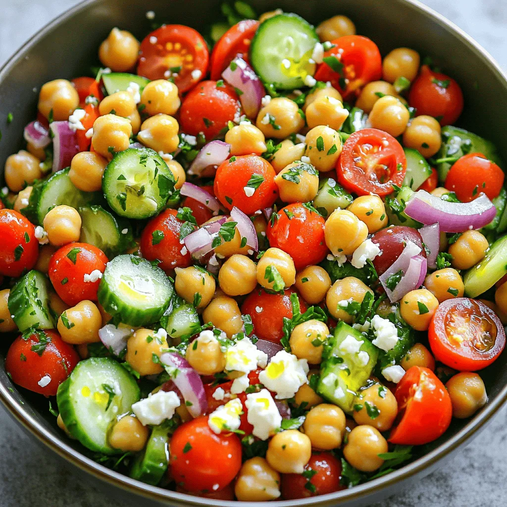 - Canned chickpeas - Fresh vegetables - Dressing components - Optional toppings Let’s dive into what you need to make my Mediterranean chickpea salad. This dish is fresh, simple, and full of flavor. First, you need canned chickpeas. I like to use one 15-ounce can, rinsed and drained. This saves time and makes the salad hearty. Next, gather fresh vegetables. I suggest using 1 cup of halved cherry tomatoes, 1 diced cucumber, and 1 diced red bell pepper. Add 1/4 of a finely chopped red onion for an extra crunch. Don't forget the olives! I use 1/2 cup of pitted Kalamata olives, sliced. If you want a creamy touch, sprinkle in 1/4 cup of crumbled feta cheese as an optional topping. Now, let’s make the dressing. You will need 3 tablespoons of olive oil, 2 tablespoons of lemon juice, and 1 teaspoon of dried oregano. Finish it off with salt and pepper to taste. - Calories per serving: Approximately 250 - Macronutrients breakdown: - Protein: 10g - Carbohydrates: 30g - Fat: 12g Each serving of this salad packs about 250 calories. It gives you a good mix of protein, carbs, and healthy fats. The chickpeas provide protein and fiber, while the olive oil adds healthy fats. - Mixing bowls - Whisk - Serving dish For this salad, you’ll need a few kitchen tools. A large mixing bowl works great to combine all the ingredients. Use a small bowl and whisk to make the dressing. Finally, have a serving dish ready to present your beautiful salad. You can find the full recipe in the appropriate section. Enjoy making this refreshing Mediterranean chickpea salad! - Step 1: Combine salad ingredients In a large bowl, add the rinsed chickpeas, cherry tomatoes, diced cucumber, red bell pepper, finely chopped red onion, and Kalamata olives. Mix them gently to spread out the colors and textures. This step is fun and helps you see the beautiful medley of fresh foods. - Step 2: Make the dressing In a small bowl, whisk together olive oil, lemon juice, dried oregano, and a pinch of salt and pepper. This dressing brings a bright flavor to the salad. You can taste it and adjust the seasoning to your liking. - Step 3: Toss and adjust seasonings Pour the dressing over the salad ingredients. Toss gently to coat all the veggies and chickpeas evenly. If you want, sprinkle crumbled feta cheese on top and give it a light toss. Taste the salad before serving. You may want to add more salt, pepper, or lemon juice. - Portioning the salad Serve this salad in bowls or on plates. You can add a garnish of fresh parsley to make it look pretty. This salad is great as a side dish or a light main meal. - Pairing with proteins or breads Mediterranean Chickpea Salad goes well with grilled chicken, fish, or crusty bread. You can enjoy it as is or add your favorite protein for a heartier meal. - Marinating time Let the salad sit for about 10 minutes before serving. This time helps the flavors mix well, making each bite taste even better. - Optional flavor enhancements If you want to add more flavor, consider adding spices like cumin or smoked paprika. Fresh herbs like basil or mint also work well. These additions can make your salad even more delightful and unique. To make your Mediterranean chickpea salad pop with flavor, start with spices and herbs. I love adding fresh parsley, basil, or mint. These herbs brighten the dish. You can also sprinkle in some cumin or smoked paprika for a warm kick. Experiment with different herbs to find your favorite blend. Choosing quality ingredients is key. Use ripe cherry tomatoes and fresh cucumbers. Fresh olives are better than canned ones. Quality feta cheese adds a nice touch. These ingredients make your salad taste vibrant and fresh. One common mistake is overdressing the salad. Too much dressing can make it soggy. Start with a little and add more if needed. Toss gently to coat without drowning the ingredients. Another mistake is forgetting to rinse the chickpeas. This step removes excess sodium and improves taste. Rinse them under cold water before you add them to your salad. It makes a big difference in flavor. To save time, pre-chop your vegetables. You can do this a day ahead. Store them in the fridge until you are ready to assemble the salad. This makes the process feel quick and easy. Preparing the dressing in advance is also a great idea. Whisk it together and store it in a jar. When it’s time to eat, just shake and pour. This keeps the flavors fresh and ready to go. For the full recipe, check out my Mediterranean Chickpea Salad recipe. Enjoy your fresh meal! {{image_2}} You can swap chickpeas for other beans like black beans or lentils. Each bean adds its own taste. For veggies, try bell peppers or even zucchini. These swaps keep the salad fresh and exciting. Use what you have on hand! Want more protein? Add chicken or tuna to your salad. These make it heartier and more filling. You can also mix in grains like quinoa or farro. Seeds like sunflower or pumpkin add a nice crunch too. If you're gluten-free, this salad is perfect for you. All ingredients are naturally gluten-free. To make it vegan, skip the feta cheese. You can add avocado for creaminess instead. Enjoy this salad without worry! For the full recipe, check out the complete guide. To keep your Mediterranean chickpea salad fresh, use an airtight container. Glass containers work well, as they do not stain and seal tightly. You can also use plastic containers, but ensure they are BPA-free. Store the salad in the fridge right after you finish eating. This helps keep the flavors bright and the vegetables crisp. Your salad will last about 3 to 4 days in the fridge. After this time, it may lose its crunch. Signs of spoilage include a sour smell or mushy vegetables. If you see any mold, throw the salad away immediately. Always check for these signs before enjoying leftovers. You can refresh the salad by adding a bit more dressing. Toss in some fresh veggies or herbs to liven it up. However, do not heat the salad. It tastes best cold, and reheating can make the chickpeas mushy. Enjoy it straight from the fridge for a quick, healthy meal. For more ideas, check the Full Recipe. This salad shines with bold flavors and fresh ingredients. Key components include chickpeas, tomatoes, cucumber, and olives. These ingredients bring the essence of the Mediterranean right to your table. The olive oil and lemon juice create a bright dressing. Dried oregano adds a classic touch. Each bite bursts with taste and nutrition. Yes, you can prepare this salad in advance. It will keep well in the fridge for up to three days. Just store it in an airtight container. The flavors will deepen as it sits. However, if you add feta cheese, wait to add it until serving. This keeps it fresh and prevents sogginess. Serving this salad is easy and fun. You can present it in a large bowl for sharing. Garnish with fresh parsley for a touch of color. Pair it with grilled chicken or fish for a complete meal. You can also serve it with pita bread for a light lunch. Enjoy this salad as a refreshing side or main dish. In this blog post, we explored how to make a tasty Mediterranean Chickpea Salad. We covered the key ingredients, nutrition facts, and equipment needed. I shared simple step-by-step instructions and serving ideas that enhance flavor. Remember to avoid common mistakes like overdressing. Use fresh ingredients, and feel free to try different variations. Store leftovers properly to keep them fresh. Enjoy your salad as a healthy meal or side dish! With these tips, you’ll create a salad that is both delicious and nutritious.