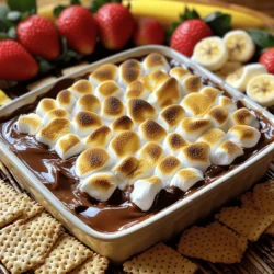 To make S'mores Dip, gather these key items: - 1 cup semi-sweet chocolate chips - 1 cup mini marshmallows - 1 tablespoon butter - 1 teaspoon vanilla extract - 1/2 teaspoon sea salt - Graham crackers for dipping - Optional: fresh strawberries or banana slices These ingredients create a rich, gooey treat that everyone loves. The measurements are simple and easy to remember. You need equal parts of chocolate chips and marshmallows, which makes it balanced. The butter adds creaminess, while vanilla and sea salt enhance the flavor. You can get creative with add-ins! Try adding crushed nuts for a crunchy bite. Some people enjoy a sprinkle of cinnamon or a dash of chili powder for a twist. Fresh fruit slices, like strawberries or bananas, are great for dipping too. For the full recipe, check out S'mores Dip Delight . Start by preheating your oven to 450°F (232°C). This heat is perfect to make the marshmallows toast nicely. While the oven heats up, grab an 8-inch baking dish. Lightly grease it with butter or cooking spray. This helps the dip come out easily later. Next, take a medium saucepan. Place it on low heat and add 1 tablespoon of butter. Let it melt slowly. Once melted, add 1 cup of semi-sweet chocolate chips. Stir continuously. Keep stirring until the mix is smooth and fully melted. Remove the pan from heat. Add 1 teaspoon of vanilla extract and 1/2 teaspoon of sea salt. Mix well to combine all the flavors. Pour the chocolate mixture into your greased baking dish. Spread it out evenly. Then, take 1 cup of mini marshmallows and sprinkle them on top of the chocolate layer. Place the dish in the oven. Bake for about 5-7 minutes. Watch closely until the marshmallows turn golden brown and slightly toasted. This step makes the dip look and taste amazing. Once the dip is out of the oven, let it cool for a minute. Serve it warm with graham crackers for dipping. You can also add fresh strawberries or banana slices on the side. These fruits add a tasty twist and pair well with the sweet dip. Remember, for the full recipe, check out the details above! To get those marshmallows perfectly toasted, keep an eye on them. They can go from golden to burnt very fast. Bake them at 450°F (232°C) for about 5-7 minutes. Watch closely as they puff up and turn golden brown. For extra flavor, try using a kitchen torch if you have one. This gives you control and a nice, even toast. Avoid using too many marshmallows. While they are tasty, too many can overpower the chocolate. Make sure the chocolate layer is smooth and even. If it’s lumpy, it won’t melt well. Also, don’t bake it for too long. If you let it sit too long, the marshmallows can burn. Lastly, remember to let the dip cool for a minute before serving. This helps prevent burns. You’ll need a few basic tools for this recipe. A medium saucepan is great for melting chocolate. I recommend a baking dish about 8 inches wide for even cooking. Use a spatula to spread the chocolate smoothly. A kitchen torch can help with toasting marshmallows if you want that perfect finish. Lastly, have some sturdy graham crackers on hand for dipping. You can also use fresh strawberries or banana slices for a fruity twist. Enjoy your S'mores Dip Delight with these tips for the best experience. For the complete recipe, check [Full Recipe]. {{image_2}} You can mix up your s'mores dip with fun flavors. Try adding a nutty twist by using peanut butter chips along with the chocolate. You can also add a touch of spice. A sprinkle of cinnamon or cayenne pepper can give it a warm kick. You can even use flavored chocolate, like mint or orange, for a unique taste. Each of these options adds a new layer of delight. While graham crackers are classic, you can explore other dippers. Cookies like Oreos or vanilla wafers work great. Fruit adds freshness too. Try strawberries, bananas, or apple slices. Each dipper gives a different taste. You can even use pretzels for a salty crunch. Get creative and find your favorite combination! You can easily make s'mores dip fit your diet. To make it gluten-free, choose gluten-free graham crackers or use fruit slices. If you're vegan, substitute chocolate chips with dairy-free options. Use coconut cream instead of butter for a rich flavor. These changes keep the fun alive for everyone at your table. With these variations, you can enjoy s'mores dip in many ways! For the full recipe, check out S'mores Dip Delight. To store leftover s'mores dip, let it cool first. Then, cover the dish tightly with plastic wrap or foil. You can also transfer it to an airtight container. This keeps the dip fresh and prevents it from drying out. When you’re ready to enjoy the dip again, preheat your oven to 350°F (175°C). Place the dip in the oven for about 10 minutes. This will warm it up and slightly revive the marshmallows. You can also use a microwave. Heat it in short bursts of 15 seconds, stirring in between. This method works well if you're in a hurry. Leftover s'mores dip lasts about 3 days in the fridge. Make sure it stays sealed to keep it fresh. I recommend checking for any signs of spoilage before using it. If you see any changes in color or smell, toss it out. To enjoy the dip at its best, eat it within a day or two. For full enjoyment, try to finish it while it's still soft and warm. Yes, you can prepare S'mores Dip ahead. Make the dip and store it in the fridge. Cover it tightly to keep it fresh. When ready to serve, heat it again in the oven or microwave until warm. This keeps the chocolate and marshmallows soft and gooey. If you lack chocolate chips, don’t worry! You can use chopped chocolate bars or cocoa powder mixed with a bit of cream. Both options work well. Just make sure the chocolate melts smoothly for the best dip. To make S'mores Dip in the microwave, start by melting the butter and chocolate in a bowl. Heat in short bursts, stirring after each. Once melted, mix in the vanilla and salt. Top with marshmallows and microwave for 30 seconds. Keep an eye on it to avoid burning. Yes, you can make S'mores Dip on the stovetop. Melt the butter and chocolate in a pan, stirring well. Once smooth, pour the mix into a heat-safe bowl. Top with marshmallows and cover. Place the bowl on low heat until the marshmallows puff up. Enjoy warm with graham crackers and fresh fruit! For the complete recipe, check out the Full Recipe section above. S'mores dip is a fun twist on the classic treat. We covered how to prepare this tasty dessert with simple ingredients, clear steps, and useful tips. You now know how to experiment with flavors and dippers too. Enjoy the sweet combination of chocolate and marshmallows whenever you want. Store any leftovers properly to keep the taste fresh. With these ideas, you can impress friends and family with your s'mores dip skills! Get ready to indulge in this delicious treat again and again.