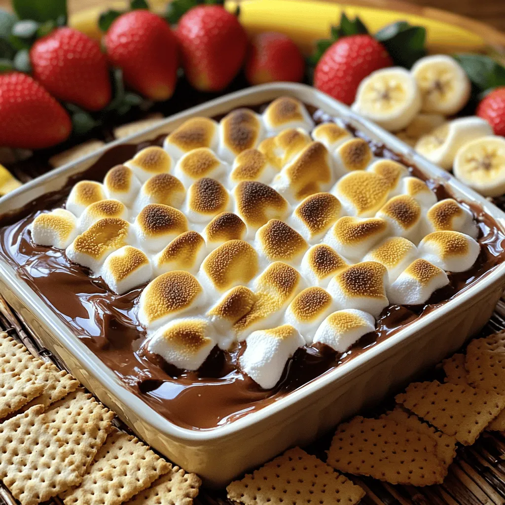 To make S'mores Dip, gather these key items: - 1 cup semi-sweet chocolate chips - 1 cup mini marshmallows - 1 tablespoon butter - 1 teaspoon vanilla extract - 1/2 teaspoon sea salt - Graham crackers for dipping - Optional: fresh strawberries or banana slices These ingredients create a rich, gooey treat that everyone loves. The measurements are simple and easy to remember. You need equal parts of chocolate chips and marshmallows, which makes it balanced. The butter adds creaminess, while vanilla and sea salt enhance the flavor. You can get creative with add-ins! Try adding crushed nuts for a crunchy bite. Some people enjoy a sprinkle of cinnamon or a dash of chili powder for a twist. Fresh fruit slices, like strawberries or bananas, are great for dipping too. For the full recipe, check out S'mores Dip Delight . Start by preheating your oven to 450°F (232°C). This heat is perfect to make the marshmallows toast nicely. While the oven heats up, grab an 8-inch baking dish. Lightly grease it with butter or cooking spray. This helps the dip come out easily later. Next, take a medium saucepan. Place it on low heat and add 1 tablespoon of butter. Let it melt slowly. Once melted, add 1 cup of semi-sweet chocolate chips. Stir continuously. Keep stirring until the mix is smooth and fully melted. Remove the pan from heat. Add 1 teaspoon of vanilla extract and 1/2 teaspoon of sea salt. Mix well to combine all the flavors. Pour the chocolate mixture into your greased baking dish. Spread it out evenly. Then, take 1 cup of mini marshmallows and sprinkle them on top of the chocolate layer. Place the dish in the oven. Bake for about 5-7 minutes. Watch closely until the marshmallows turn golden brown and slightly toasted. This step makes the dip look and taste amazing. Once the dip is out of the oven, let it cool for a minute. Serve it warm with graham crackers for dipping. You can also add fresh strawberries or banana slices on the side. These fruits add a tasty twist and pair well with the sweet dip. Remember, for the full recipe, check out the details above! To get those marshmallows perfectly toasted, keep an eye on them. They can go from golden to burnt very fast. Bake them at 450°F (232°C) for about 5-7 minutes. Watch closely as they puff up and turn golden brown. For extra flavor, try using a kitchen torch if you have one. This gives you control and a nice, even toast. Avoid using too many marshmallows. While they are tasty, too many can overpower the chocolate. Make sure the chocolate layer is smooth and even. If it’s lumpy, it won’t melt well. Also, don’t bake it for too long. If you let it sit too long, the marshmallows can burn. Lastly, remember to let the dip cool for a minute before serving. This helps prevent burns. You’ll need a few basic tools for this recipe. A medium saucepan is great for melting chocolate. I recommend a baking dish about 8 inches wide for even cooking. Use a spatula to spread the chocolate smoothly. A kitchen torch can help with toasting marshmallows if you want that perfect finish. Lastly, have some sturdy graham crackers on hand for dipping. You can also use fresh strawberries or banana slices for a fruity twist. Enjoy your S'mores Dip Delight with these tips for the best experience. For the complete recipe, check [Full Recipe]. {{image_2}} You can mix up your s'mores dip with fun flavors. Try adding a nutty twist by using peanut butter chips along with the chocolate. You can also add a touch of spice. A sprinkle of cinnamon or cayenne pepper can give it a warm kick. You can even use flavored chocolate, like mint or orange, for a unique taste. Each of these options adds a new layer of delight. While graham crackers are classic, you can explore other dippers. Cookies like Oreos or vanilla wafers work great. Fruit adds freshness too. Try strawberries, bananas, or apple slices. Each dipper gives a different taste. You can even use pretzels for a salty crunch. Get creative and find your favorite combination! You can easily make s'mores dip fit your diet. To make it gluten-free, choose gluten-free graham crackers or use fruit slices. If you're vegan, substitute chocolate chips with dairy-free options. Use coconut cream instead of butter for a rich flavor. These changes keep the fun alive for everyone at your table. With these variations, you can enjoy s'mores dip in many ways! For the full recipe, check out S'mores Dip Delight. To store leftover s'mores dip, let it cool first. Then, cover the dish tightly with plastic wrap or foil. You can also transfer it to an airtight container. This keeps the dip fresh and prevents it from drying out. When you’re ready to enjoy the dip again, preheat your oven to 350°F (175°C). Place the dip in the oven for about 10 minutes. This will warm it up and slightly revive the marshmallows. You can also use a microwave. Heat it in short bursts of 15 seconds, stirring in between. This method works well if you're in a hurry. Leftover s'mores dip lasts about 3 days in the fridge. Make sure it stays sealed to keep it fresh. I recommend checking for any signs of spoilage before using it. If you see any changes in color or smell, toss it out. To enjoy the dip at its best, eat it within a day or two. For full enjoyment, try to finish it while it's still soft and warm. Yes, you can prepare S'mores Dip ahead. Make the dip and store it in the fridge. Cover it tightly to keep it fresh. When ready to serve, heat it again in the oven or microwave until warm. This keeps the chocolate and marshmallows soft and gooey. If you lack chocolate chips, don’t worry! You can use chopped chocolate bars or cocoa powder mixed with a bit of cream. Both options work well. Just make sure the chocolate melts smoothly for the best dip. To make S'mores Dip in the microwave, start by melting the butter and chocolate in a bowl. Heat in short bursts, stirring after each. Once melted, mix in the vanilla and salt. Top with marshmallows and microwave for 30 seconds. Keep an eye on it to avoid burning. Yes, you can make S'mores Dip on the stovetop. Melt the butter and chocolate in a pan, stirring well. Once smooth, pour the mix into a heat-safe bowl. Top with marshmallows and cover. Place the bowl on low heat until the marshmallows puff up. Enjoy warm with graham crackers and fresh fruit! For the complete recipe, check out the Full Recipe section above. S'mores dip is a fun twist on the classic treat. We covered how to prepare this tasty dessert with simple ingredients, clear steps, and useful tips. You now know how to experiment with flavors and dippers too. Enjoy the sweet combination of chocolate and marshmallows whenever you want. Store any leftovers properly to keep the taste fresh. With these ideas, you can impress friends and family with your s'mores dip skills! Get ready to indulge in this delicious treat again and again.