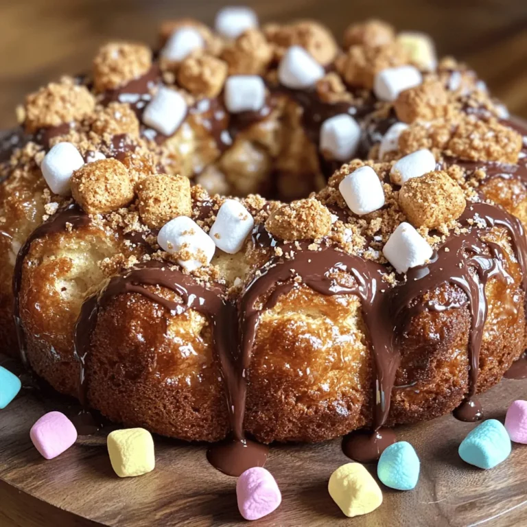 To make this fun and tasty S'mores Monkey Bread, you need these items: - 3 cans refrigerated biscuit dough (16.3 oz each) - 1 cup mini marshmallows - 1 cup chocolate chips - 1 cup graham cracker crumbs - ¾ cup unsalted butter, melted - ¾ cup brown sugar - 1 teaspoon vanilla extract - ½ teaspoon cinnamon - Pinch of salt You can swap some items based on what you have. Use store-bought chocolate sauce instead of chocolate chips. If you want a nutty twist, add chopped nuts with the marshmallows. For a healthier option, you can try almond butter in place of regular butter. If you can't find biscuit dough, you can make your own dough using flour, baking powder, and milk. Each ingredient adds something special: - Biscuit Dough: This forms the base. It puffs up and gets golden when baked. - Mini Marshmallows: They melt and create gooey pockets of sweetness. - Chocolate Chips: They add rich, creamy flavor that mixes well with marshmallows. - Graham Cracker Crumbs: These give a crunchy texture and a hint of cinnamon. - Butter: It helps everything stick together and adds richness. - Brown Sugar: This brings a deep sweetness and caramel flavor. - Vanilla Extract: It enhances the overall taste, making it more aromatic. - Cinnamon: A little spice that adds warmth to each bite. - Salt: Just a pinch balances the sweetness and brings out flavors. With these ingredients, you'll create a delicious treat everyone will love. For the full recipe, be sure to check the detailed instructions. First, gather all your ingredients for S'mores Monkey Bread. You will need: - 3 cans refrigerated biscuit dough (16.3 oz each) - 1 cup mini marshmallows - 1 cup chocolate chips - 1 cup graham cracker crumbs - ¾ cup unsalted butter, melted - ¾ cup brown sugar - 1 teaspoon vanilla extract - ½ teaspoon cinnamon - Pinch of salt Next, preheat your oven to 350°F (175°C). While it heats, grease a Bundt pan with cooking spray or butter. This step helps the monkey bread come out easily after baking. In a medium bowl, mix the melted butter, brown sugar, vanilla extract, cinnamon, and a pinch of salt. Stir until it looks smooth and well combined. Now, open the cans of biscuit dough. Cut each biscuit into quarters. This makes it easy to pull apart later. In a large bowl, add the quartered biscuits. Toss in the mini marshmallows, chocolate chips, and graham cracker crumbs. Drizzle that sweet butter mixture over the biscuit mix. Toss everything gently to coat the pieces well. This ensures every bite is tasty. Pour half of the biscuit mixture into your prepared Bundt pan. Spread it out evenly. Then, layer the remaining half on top. Make sure it is spread evenly again. This helps it bake evenly too. Now, bake your monkey bread in the oven for 25 to 30 minutes. You want it golden brown and cooked through. Once done, let it cool in the pan for about 10 minutes. This cooling time helps it set. After that, invert it onto a serving platter. Serve your S'mores Monkey Bread warm. Pull apart pieces to enjoy the gooey marshmallow and chocolate center. For a fun touch, drizzle some melted chocolate on top. You can also sprinkle extra graham cracker crumbs for a lovely finish. Consider serving with extra marshmallows on the side. They are perfect for those who love a gooey treat! To make the best S'mores Monkey Bread, follow these tips: - Use fresh refrigerated biscuit dough. It helps the bread rise and stay soft. - Cut the biscuits into even pieces for uniform cooking. This ensures every bite is perfect. - Mix the marshmallows and chocolate chips well with the dough. This creates a gooey center. - Don't skip the cinnamon in the butter mixture. It adds warmth and depth to the flavor. - Let the monkey bread cool before serving. This helps it hold its shape better. Many home cooks make a few common mistakes. Here’s how to avoid them: - Overbaking can dry out your monkey bread. Keep an eye on it after 25 minutes. - Forgetting to grease the Bundt pan leads to sticking. Always use cooking spray or butter. - Not mixing the butter and sugar well can cause uneven sweetness. Stir until fully combined. - Skipping the cooling time can lead to messy serving. Give it at least 10 minutes to set. You can take your S'mores Monkey Bread to the next level. Here are some ideas: - Add peanut butter chips for extra richness. They pair well with chocolate and marshmallows. - Mix in crushed nuts for a crunchy texture. Walnuts or pecans work great. - Experiment with flavored extracts like almond or coconut. They can add a unique twist. - Drizzle caramel sauce over the top before serving. This adds a sweet finish. - Serve with a scoop of vanilla ice cream for a fun dessert experience. For the full recipe, check out the details above. Enjoy making this sweet treat! {{image_2}} You can play with the classic recipe to make it your own. Try adding peanut butter for a nutty flavor. You could also swap chocolate chips for butterscotch or caramel chips. For a fruity twist, add diced strawberries or bananas. Each of these changes brings new flavors to the table. It keeps every bite exciting and fresh. If you need a gluten-free version, use gluten-free biscuit dough. Many brands offer tasty options that fit the bill. For a vegan treat, substitute butter with coconut oil or vegan butter. Use dairy-free chocolate chips and skip the marshmallows or find vegan ones. These swaps make S'mores Monkey Bread friendly for everyone. You can change the flavors with the seasons. In fall, add pumpkin spice to the butter mixture for warmth. For winter, consider peppermint extract for a festive twist. In summer, mix in fresh berries or a hint of citrus zest. Each season inspires a new take on this delightful treat, making it fun to enjoy year-round. To keep your S'mores Monkey Bread fresh, let it cool completely. Then, wrap it tightly in plastic wrap or aluminum foil. You can also place it in an airtight container. Store it at room temperature for up to two days. If you want it to last longer, keep it in the fridge for up to a week. When you're ready to enjoy the leftovers, preheat your oven to 350°F (175°C). Remove the plastic wrap or foil if you used it. Place the monkey bread in an oven-safe dish. Heat it for about 10-15 minutes until warm. You can also use a microwave if you're in a hurry. Heat it for 20-30 seconds, but watch it closely. If you want to freeze your S'mores Monkey Bread, wrap it well in plastic wrap and foil. It will stay good in the freezer for up to three months. To thaw, place it in the fridge overnight. After thawing, reheat it in the oven for the best taste. This way, you can enjoy a sweet treat anytime! For the full recipe, check out the earlier section. To make S'mores Monkey Bread from scratch, you need simple steps. First, gather your ingredients. You’ll need refrigerated biscuit dough, mini marshmallows, chocolate chips, graham cracker crumbs, melted butter, brown sugar, vanilla, cinnamon, and a pinch of salt. Mix the melted butter, brown sugar, vanilla, cinnamon, and salt in a bowl. Cut the biscuit dough into quarters. In a large bowl, combine the biscuit pieces, marshmallows, chocolate chips, and graham cracker crumbs. Drizzle the butter mixture over everything and toss gently. Pour half into a greased Bundt pan, layer the rest, and bake at 350°F for 25-30 minutes. Let it cool, then enjoy! You can find the full recipe to follow each step easily. Yes, you can use other types of chocolate! Milk chocolate, dark chocolate, or even white chocolate all work well. Each type brings a different taste. For a fun twist, try flavored chocolates like caramel or peanut butter. Feel free to mix and match chocolate types for even more flavor layers. Just make sure any chocolate you choose melts nicely for that gooey texture. S'mores Monkey Bread pairs well with many fun options. You can serve it with extra mini marshmallows for a classic touch. A scoop of vanilla ice cream adds creaminess and contrasts the warm bread. Drizzle some melted chocolate sauce on top for extra sweetness. Fresh fruit like strawberries or bananas can also add freshness. Enjoy your S'mores Monkey Bread with these tasty sides! This article covered everything you need to make S'mores Monkey Bread. You learned about the must-have ingredients, how to prepare and bake, and fun ways to serve. I shared tips to avoid mistakes and enhance flavors. Also, we explored unique twists and diet-friendly options. Finally, I explained how to store and reheat leftovers. With these insights, you're ready to create a tasty treat that warms hearts and brings smiles. Dive in and enjoy your baking adventure!