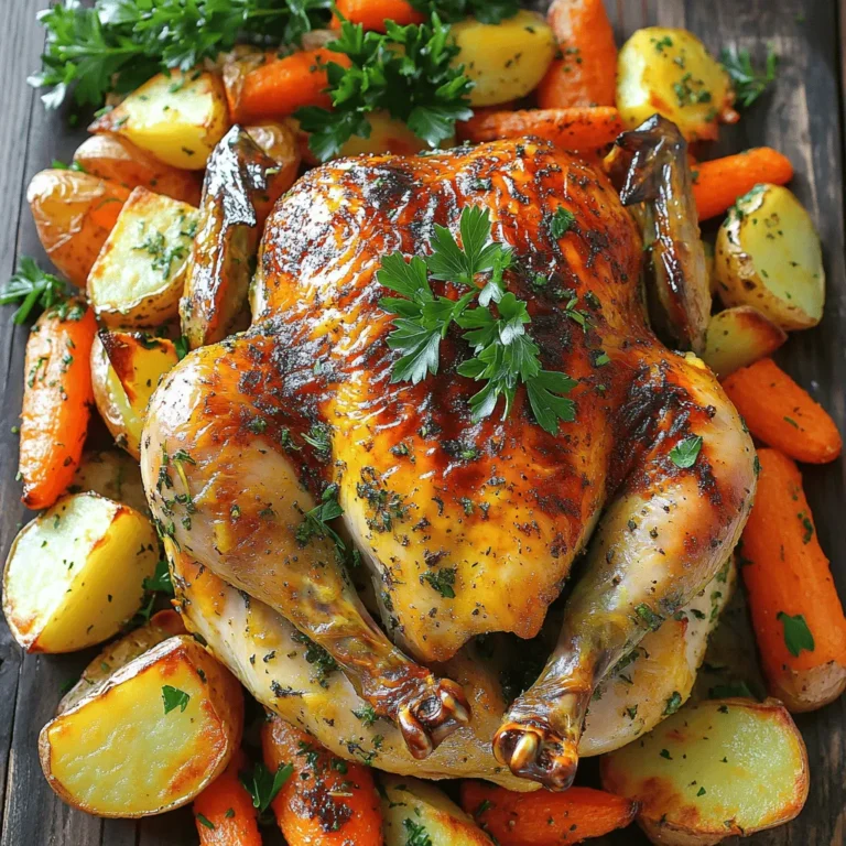 To make Garlic Butter Herb Roasted Chicken, you need a few simple ingredients. These flavors come together to create a dish that feels fancy but is easy to make. Here’s what you will need: - 1 whole chicken (about 4-5 lbs) - 1/2 cup unsalted butter, softened - 6 cloves garlic, minced - 2 tablespoons fresh rosemary, chopped - 2 tablespoons fresh thyme, chopped - 1 tablespoon fresh parsley, chopped - Juice of 1 lemon - Zest of 1 lemon - Salt and pepper to taste - 1 onion, quartered - 4 medium potatoes, cut into wedges - 3 carrots, cut into chunky pieces - 1 cup chicken broth These ingredients work together to create rich flavors. The garlic and herbs bring a fresh taste, while the butter and lemon add depth. The vegetables soak up the chicken juices and make a great side dish. This recipe is perfect for family dinners or special occasions. For detailed cooking steps, check out the Full Recipe. First, preheat your oven to 425°F (220°C). This step is key to getting a crispy skin. Next, let's make the garlic herb butter. In a bowl, mix the softened butter, minced garlic, chopped rosemary, thyme, parsley, lemon juice, lemon zest, salt, and pepper. Stir until smooth and well combined. This butter will add so much flavor. Now, take your whole chicken and pat it dry with paper towels. Drying the chicken helps it roast better. Gently loosen the skin over the breast and thighs. Be careful not to tear it. This step lets the butter infuse flavor directly into the meat. Rub a generous amount of the garlic herb butter under the skin and all over the outside of the chicken. Make sure to cover every part for maximum flavor. If you have any leftover butter, save it for later. Next, stuff the cavity of the chicken with the quartered onion and any leftover herb stems. In a roasting pan, arrange the potato wedges and carrot pieces. Season them with salt and pepper. Drizzle any remaining garlic herb butter over the veggies. Place the chicken on top of the vegetables. This arrangement helps the chicken stay moist and flavorful. Pour the chicken broth into the base of the roasting pan. This liquid keeps the chicken juicy as it cooks. Now, roast the chicken in the preheated oven for about 1 hour and 15 minutes. You want the internal temperature to reach 165°F (75°C). Baste the chicken with the drippings at least twice during cooking for extra flavor. When the chicken is done, take it out of the oven. Let it rest for about 10-15 minutes before carving. This resting time helps keep the juices inside. Follow these steps, and you'll create a delicious garlic butter herb roasted chicken, bursting with flavor. For a full recipe, refer to the [Full Recipe]. The ideal internal temperature for chicken is 165°F (75°C). This ensures the chicken is safe to eat. Use a meat thermometer to check the thickest part of the thigh. After roasting, let the chicken rest for 10-15 minutes before carving. Resting allows juices to settle. This keeps your meat moist and tender. Basting adds flavor and moisture to your chicken. Use the drippings from the roasting pan. Every 20-30 minutes, open the oven and spoon the juices over the chicken. This helps create a golden, crispy skin. Make sure to baste quickly to avoid losing heat. For serving, arrange the chicken and vegetables on a large platter. Place the sliced chicken in the center. Surround it with the roasted potatoes and carrots. This makes the dish look inviting and colorful. Garnish with fresh herbs for a pop of color. Enjoy your meal with a fresh garden salad on the side to add crunch. For the full recipe, check the detailed instructions above. {{image_2}} You can change herbs to fit your taste. Try using oregano or basil instead of rosemary. Cilantro adds a fresh twist, too. For spices, add paprika or cumin for extra warmth. When it comes to veggies, think beyond potatoes and carrots. Use sweet potatoes for a sweeter flavor. Brussels sprouts or bell peppers also roast well. Just cut them into similar sizes for even cooking. Grilling this chicken gives it a smoky flavor. Simply prepare the garlic herb butter and rub it on the chicken. Preheat your grill to medium heat. Cook the chicken for about 1.5 hours, turning it often. Use a meat thermometer to check for doneness. The slow cooker version is super easy. Just season the chicken and place it in the cooker. Add some broth and your choice of veggies. Cook on low for 6-8 hours or high for 3-4 hours. This method keeps the chicken very moist. Want to switch up the taste? Add orange or lime juice to the garlic butter. The citrus brightens the dish. You can also mix in spices like cayenne for heat or nutmeg for warmth. Each change will create a new flavor adventure. Try these variations to make the garlic butter herb roasted chicken your own. You’ll find that each tweak adds a special touch. For the full recipe, refer to the detailed instructions above. Store leftover chicken and vegetables in an airtight container. Let them cool before sealing. This keeps the chicken moist and the veggies fresh. You can refrigerate them for up to three days. If you want to keep them longer, use the freezer. Reheat chicken in the oven for the best flavor and texture. Set your oven to 350°F (175°C). Place the chicken in an oven-safe dish and cover it with foil. Heat for about 20 minutes or until warm. For veggies, you can microwave them for 1-2 minutes, stirring once. To freeze, wrap the chicken tightly in plastic wrap, then in foil. This prevents freezer burn. Store it for up to three months. For veggies, place them in a freezer bag, squeezing out excess air. When ready to use, thaw the chicken in the fridge overnight before reheating. How long to cook a whole chicken per pound? A good rule is to cook a whole chicken for about 20 minutes per pound at 425°F. For instance, if your chicken weighs 5 pounds, it will take about 1 hour and 40 minutes. Always check the internal temperature. It should reach 165°F for safe eating. Can I use frozen chicken for this recipe? You can use frozen chicken, but it will take longer to cook. The chicken must be fully thawed before seasoning and roasting. Thaw it in the fridge overnight for the best results. What if I don't have fresh herbs? If you lack fresh herbs, you can use dried herbs instead. Use one-third of the amount since dried herbs are more potent. They still add great flavor to your garlic butter. How to adjust seasoning for dietary restrictions? To adjust for dietary needs, use low-sodium broth and salt. You can also replace butter with olive oil for a dairy-free option. Always taste as you go to find the right balance. What to do if the chicken is not browning? If your chicken is not browning, check your oven temperature. Ensure it’s at 425°F. You can also baste the chicken with its juices to help with browning. How to ensure the chicken stays juicy? To keep your chicken juicy, do not overcook it. Use a meat thermometer to check the internal temperature. Also, rest the chicken after cooking. This allows the juices to redistribute, making it tender and moist. This recipe for a whole roasted chicken offers a blend of flavor and ease. We covered key ingredients, step-by-step instructions, and helpful tips to ensure success. Remember to allow the chicken to rest for better taste. Don’t miss experimenting with variations to make the dish your own. Storing and reheating leftovers properly keeps flavors fresh. Follow these guidelines, and you will serve a delicious meal that everyone will love. Enjoy your cooking adventure and the tasty results!
