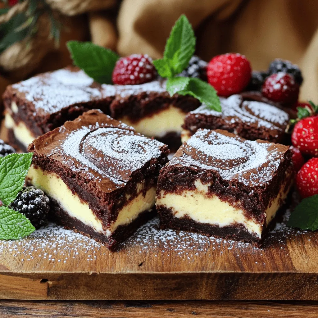 To make cheesecake brownies, you need some key ingredients. Each one plays a big role in taste and texture. Here’s what you'll need: - 1 cup unsalted butter (2 sticks) - 8 oz bittersweet chocolate, chopped - 1 cup granulated sugar - 1 cup brown sugar, packed - 4 large eggs - 1 tsp vanilla extract - 1 cup all-purpose flour - 1/2 tsp baking powder - 1/4 tsp salt - 8 oz cream cheese, softened - 1/2 cup powdered sugar - 1 large egg yolk - 1 tsp lemon juice - 1 tsp vanilla extract (for cheesecake layer) For the best flavor, use high-quality chocolate. Bittersweet chocolate works great. It balances well with the sweetness of the sugars. You can swap some ingredients if needed. Here are some ideas: - Unsalted Butter: Use coconut oil or margarine in equal amounts. - Cream Cheese: For a dairy-free option, try using cashew cream or a soy-based cream cheese. These swaps can keep your brownies tasty while fitting different diets. To make these brownies, you’ll need a few simple tools: - A 9x13-inch baking pan, which is perfect for this recipe. - Mixing bowls for combining ingredients. - A whisk for mixing the batter and a spatula for spreading it evenly. Having the right tools makes the baking process smooth and fun! Start by gathering all your ingredients. This makes cooking easier and faster. Make sure to measure them properly. For the best results, keep the cream cheese and eggs at room temperature. This helps them mix better and gives your cheesecake a creamy texture. If your butter is cold, it won't mix well with the chocolate. 1. Preheat the oven to 350°F (175°C). Greasing the pan helps brownies come out easily. You can use parchment paper, too. 2. Melt the chocolate and butter in a saucepan over low heat. Stir until it’s smooth, then let it cool a bit. 3. Mix the brownie batter next. In a large bowl, combine your sugars with the melted chocolate. Add four eggs and vanilla, stirring until smooth. 4. Add dry ingredients. Sift together flour, baking powder, and salt. Fold this into your wet mixture gently. Don’t overmix; this keeps brownies soft. 5. Prepare the cheesecake layer. Beat softened cream cheese until smooth. Add powdered sugar, an egg yolk, lemon juice, and another vanilla. Mix until creamy. 6. Assemble the brownies by pouring half of the brownie batter into your pan. Spread it evenly. Spoon the cheesecake mixture on top, then pour the rest of the brownie batter over it. 7. Create a marbled effect by gently swirling the cheesecake into the brownie batter with a knife. This gives a beautiful look. 8. Bake for 30-35 minutes. A toothpick should come out mostly clean, with a few moist crumbs. 9. Cool the brownies on a wire rack for at least 30 minutes. Lift them out using parchment paper to cut into squares. To get a great marbled effect, use a knife or a skewer. Start at one edge and move it in a circular motion. Don’t mix too much; you want to see both brownie and cheesecake colors. For more guidance, check out some video links online. They can show you the best techniques. To bake perfect cheesecake brownies, avoid overbaking. Check the brownies a few minutes before the time is up. The edges should look firm, and the center should still be soft. A toothpick should come out with some moist crumbs, not wet batter. This tells you they are done and ready for cooling. For serving, you can elevate your brownies with fun garnishes. Dust them lightly with powdered sugar for a sweet look. You can also add fresh berries or a sprig of mint on the side. These add color and taste. Pair them with a scoop of vanilla ice cream or a drizzle of chocolate sauce for extra indulgence. Coffee or milk goes great with these brownies too! If your brownies turn out dry, check your oven's temperature. It might run hot. Always measure your ingredients carefully. If you see cracks in the cheesecake layer, it might have baked too long. Next time, try lowering the oven temperature or baking them for a shorter time. For texture issues, ensure the cream cheese is at room temperature before mixing. This will help it blend smoothly with the other ingredients. For the Full Recipe, follow the steps closely, and you’ll create delicious cheesecake brownies that everyone will love! {{image_2}} You can switch up the chocolate type. Use white chocolate for a sweet twist. Milk chocolate adds a creamy touch. If you want something fun, try adding peppermint extract. It gives a fresh taste. You can also mix in coffee for a rich flavor. Just a little can boost the taste of the chocolate. Toppings can really make your cheesecake brownies shine. Try adding whipped cream for a light touch. Fresh berries add color and flavor. Crushed cookies give a nice crunch. You can also sprinkle nuts on top for added texture. For seasonal fun, think about pumpkin spice in the fall. A drizzle of caramel can be a sweet treat anytime. You can make cheesecake brownies to fit different diets. For gluten-free, use almond flour instead of all-purpose flour. It works well and keeps the brownies moist. If you want a vegan version, swap the butter for coconut oil. Use a dairy-free cream cheese for the cheesecake layer. Instead of eggs, use flaxseed meal mixed with water. This will help bind your brownies together. Check out the Full Recipe for more ideas on how to adapt it! To keep your cheesecake brownies fresh, store them in an airtight container. This prevents them from drying out. Place them at room temperature if you will eat them within a couple of days. For longer storage, the fridge is best. In the fridge, they can last up to one week. If you want to keep them even longer, freeze them. In the fridge, brownies stay fresh for about 5 to 7 days. In the freezer, they can last up to 3 months. Just remember, the texture may change slightly after freezing. To reheat cheesecake brownies, use the oven for best results. Preheat the oven to 350°F (175°C). Place the brownies on a baking sheet for about 10 minutes. This keeps them warm without drying out. You can also use the microwave. Heat for about 15-20 seconds. Check until warm, but don’t overheat. After storing, serve the brownies with a dusting of powdered sugar. This adds a nice touch. You can also serve with fresh berries. Freezing cheesecake brownies is easy. First, cut them into squares. Wrap each square in plastic wrap. This helps avoid freezer burn. Then, place them in a freezer-safe bag or container. Label it with the date. When you’re ready to eat them, take out the desired amount. Thaw them in the fridge overnight. For a quick thaw, leave them at room temperature for about an hour. Serve them as you like! For the full recipe, check out the Cheesecake Brownies Delight section! Cheesecake brownies can last up to a week if stored well. Keep them in an airtight container at room temperature. If you want them to last longer, refrigerate them. In the fridge, they stay fresh for about two weeks. For the best taste, eat them within a few days. Yes, you can make cheesecake brownies ahead of time! Bake them, then let them cool completely. Once cool, cover them tightly and store them in the fridge. They taste great after a day or two. Just remember to serve them at room temperature for the best flavor. Serve cheesecake brownies on a nice plate for a lovely presentation. Dust them with powdered sugar for a sweet touch. You can also add fresh berries or mint leaves on the side for color. This makes the dish look even more appealing. You can use other types of cheese, but it will change the taste. Mascarpone adds a rich and creamy flavor. Ricotta gives a lighter texture, while Greek yogurt can add tanginess. Each option makes the brownies unique, so feel free to experiment! Making cheesecake brownies is fun and easy. We covered key ingredients, tools, and baking steps. Remember to use fresh, high-quality items for the best taste. Follow the tips to avoid common issues and achieve the perfect texture. Variations and storage tips give you more ways to enjoy this treat. Experiment with flavors and toppings for a personal touch. Keep these tips in mind, and your cheesecake brownies will be a hit! Enjoy serving them to friends and family or savoring them yourself. Happy baking!