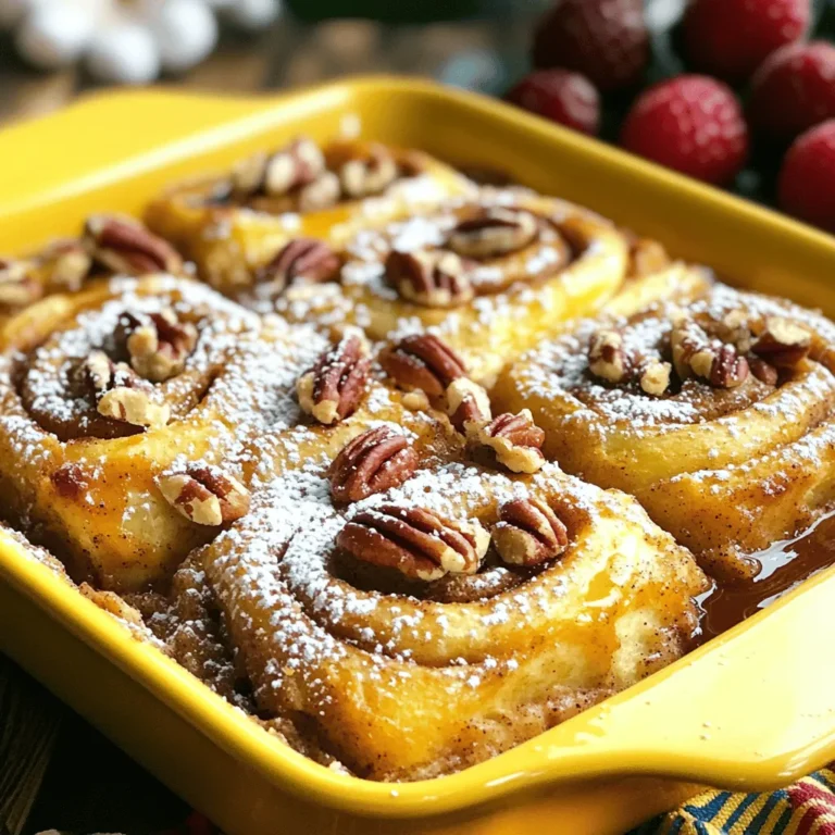 - 2 cans (8 oz each) refrigerated cinnamon rolls - 4 large eggs - 1 cup milk (whole or 2%) - 1 teaspoon vanilla extract - 1 teaspoon ground cinnamon - 1/4 cup brown sugar - 1/2 cup chopped pecans (optional) - 1/2 cup maple syrup (for serving) - Chopped apples or pears for a fruity twist - Raisins or dried cranberries for added sweetness - A sprinkle of nutmeg for extra flavor - You can use almond milk instead of regular milk for a dairy-free option. - Swap brown sugar with coconut sugar for a lower glycemic index. - Use gluten-free cinnamon rolls if you need to be gluten-free. This list covers everything you need to make your cinnamon roll casserole a true delight. You can mix and match these ingredients to fit your taste. The Full Recipe gives you simple steps to follow. Enjoy finding your perfect blend! First, let’s get ready to make this tasty treat. Start by preheating your oven to 375°F (190°C). This helps the casserole cook evenly. Next, grab two cans of refrigerated cinnamon rolls. Open them and cut each roll into quarters. Place these pieces in a greased 9x13 inch baking dish. Spread them out evenly. This step is key for nice cooking. Now, let’s whip up the egg mixture. In a large bowl, whisk together four large eggs, one cup of milk, one teaspoon of vanilla extract, one teaspoon of ground cinnamon, and a quarter cup of brown sugar. Mix it well until it looks smooth. Pour this egg mixture over the cinnamon roll pieces. Make sure each piece gets coated for the best flavor. If you like, sprinkle half a cup of chopped pecans on top for extra crunch. Place your baking dish in the preheated oven. Bake for 25 to 30 minutes. You’ll know it’s done when the top turns golden brown. To check, insert a toothpick in the center. It should come out clean. Once baked, take it out of the oven and let it cool for about five minutes. This makes it easier to serve. This dish is best served warm. Drizzle some maple syrup on top for sweetness. You can also dust it with powdered sugar for a nice touch. If you want to make it colorful, add fresh berries on the side. This adds both flavor and visual appeal. Enjoy your cinnamon roll casserole, a simple and tasty delight! For the full recipe, check the earlier section. To get that perfect texture, focus on the egg mixture. Whisk the eggs well with milk and spices. This step helps coat all the cinnamon roll pieces evenly. Make sure you cut the rolls into small, bite-sized pieces. This lets them soak up the mixture fully, leading to a soft inside and a nice top. One common mistake is not greasing the baking dish. If you skip this, your casserole might stick. Also, don't skip the time for cooling. Letting it cool for a few minutes helps it set and makes serving easier. Lastly, watch your baking time closely. Overbaking can dry it out, so keep an eye on that golden top. To boost the flavor, consider adding extras. A pinch of nutmeg can add warmth. You can also try adding chocolate chips for a sweet twist. Fresh fruits like blueberries or sliced bananas work well, too. Serve with maple syrup for sweetness. You can even add a drizzle of cream cheese icing for a richer taste. For the full recipe, check out the details above. {{image_2}} You can mix things up with different flavors. Add some chocolate chips for a sweet twist. You might also try fresh fruit like blueberries or strawberries. Nuts like walnuts or almonds can add crunch and depth. For a warm spice, add nutmeg or cardamom to the egg mixture. Just remember, balance is key. Too many add-ins can overwhelm the cinnamon flavor. If you need gluten-free, use gluten-free cinnamon rolls. Check the package to ensure they fit your needs. For dairy-free, swap the milk for almond or oat milk. You can also use dairy-free cinnamon rolls. These options keep the flavors strong while catering to your diet. You won’t lose taste, just adapt the recipe to fit your needs. Toppings can change your casserole game. Try cream cheese frosting instead of maple syrup for a rich finish. Or use a simple glaze made from powdered sugar and lemon juice for a zesty touch. Fresh fruits make great toppings too. Berries or sliced bananas add color and flavor. You can even sprinkle powdered sugar on top for fun. These small changes can make your dish feel unique. For the full recipe, check out the section above. To keep your cinnamon roll casserole fresh, let it cool first. Then, place it in an airtight container. You can keep it in the fridge for up to three days. This way, you can enjoy it again without losing flavor. When you want to eat your leftovers, preheat your oven to 350°F (175°C). Place the casserole in a baking dish and cover it with foil. Heat for about 15-20 minutes. If you prefer the microwave, warm a single serving for about 30-45 seconds. Check that it's hot all the way through. If you want to save some for later, you can freeze it. Cut the casserole into portions and wrap each one tightly in plastic wrap. Then, place them in a freezer bag. Make sure to label the bag with the date. You can freeze it for up to three months. When you're ready to eat it, let it thaw in the fridge overnight before reheating. Yes, you can prepare this casserole ahead of time. To do this, follow the steps to cut the cinnamon rolls and mix the egg mixture. Combine them in the baking dish but do not bake it. Cover the dish with plastic wrap and store it in the fridge overnight. In the morning, just pop it in the oven to bake. This saves time and keeps your morning stress-free! To help the cinnamon roll casserole rise, use fresh ingredients. Make sure your baking powder is not expired. Also, whisk the egg mixture well. This adds air and helps with rising. When you pour the egg mixture over the cinnamon rolls, do it slowly. This allows each piece to soak in the mixture evenly. Avoid opening the oven too early, as this can cause it to fall flat. Cinnamon roll casserole pairs well with many sides. I love serving it with fresh fruits like berries or bananas. A dollop of whipped cream adds a nice touch too. You could also add bacon or sausage for some savory balance. Drizzling maple syrup over the top makes it even better! For a fun twist, try adding a scoop of vanilla ice cream on the side. For the complete recipe, check out the Full Recipe section. In this article, we covered the key ingredients for a cinnamon roll casserole. You learned how to prepare and bake it, along with serving ideas. I shared tips for the best texture and flavor, common mistakes, and ways to customize your dish. You now know how to store leftovers, reheat, or freeze them. This dish is fun to make and delicious to eat. Try different flavors or toppings to find your favorite. Enjoy your cooking!