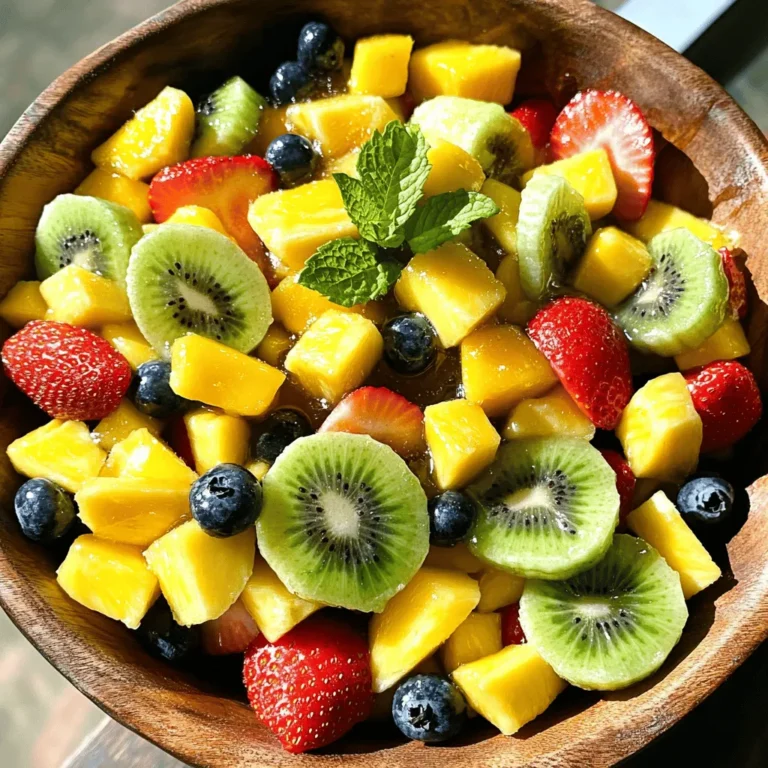 Creating a tropical fruit salad is simple and fun. You only need fresh fruits and a tasty dressing. Here’s what you will need: - 1 ripe pineapple, peeled and diced - 1 mango, diced - 2 kiwis, peeled and sliced - 1 cup strawberries, halved - 1 cup blueberries - 1 banana, sliced - 1 tablespoon fresh mint, chopped (plus more for garnish) - 3 tablespoons honey - 2 tablespoons lime juice I love using fresh tropical fruits. You can mix and match based on your taste. Pineapple adds sweetness, while kiwi brings a tart kick. Strawberries and blueberries add color and flavor. Don't forget the mint! It makes the salad fresh. The honey lime dressing is easy to make. Just whisk honey and lime juice together. This dressing brightens up the salad and makes every bite special. Using this full recipe will help you create a perfect tropical fruit salad that everyone will enjoy. Mixing and Marinating First, grab a big bowl. Add your diced pineapple, mango, kiwi, strawberries, blueberries, and banana to it. This colorful mix looks great and tastes even better! The fruits should be ripe for the best flavor. Toss them gently so they don’t break. Let this mix sit while you make the dressing. This gives the fruits time to mingle and share their juices. Instructions for Making Honey Lime Dressing Take a small bowl and whisk together the honey and lime juice. You want it to blend smoothly. This honey lime dressing adds a sweet and tangy punch to your fruit salad. Pour this dressing over your mixed fruits. Now, stir gently to coat the fruits without squishing them. After mixing, add the chopped fresh mint. This herb gives a nice fresh kick. Let the salad marinate for about 10 minutes. This helps the flavors blend together. Serve it in bowls or on a big plate, and don’t forget to add a few mint leaves on top for a beautiful finish. Enjoy your Tropical Paradise Fruit Salad! For the full recipe, check the earlier section. When choosing fruits for your salad, look for ripe options. Ripe fruits taste better and add more flavor. Here are some tips to help you select the best fruits: - Pineapple: It should smell sweet at the base. The color should be bright yellow. - Mango: Press gently; it should give a little. Look for vibrant skin color. - Kiwi: A ripe kiwi feels slightly soft to the touch. The skin should be brown and fuzzy. - Strawberries: Choose berries that are bright red. Avoid any with white or green spots. - Blueberries: Look for plump and firm berries. They should have a deep blue color. - Banana: Select bananas with a few brown spots. This shows they are sweet and ready to eat. To keep your fruits fresh, store them properly. Here are ways to maintain freshness: - Refrigerate: Most fruits do well in the fridge. Keep them in a breathable container. - Avoid washing: Only wash fruits right before eating. Washing can cause them to spoil faster. - Cut just before serving: Cut your fruits as close to serving time as possible. This keeps them crisp and colorful. By following these tips, you can enjoy a bright and tasty tropical fruit salad. For a detailed guide, check out the Full Recipe. {{image_2}} You can make your fruit salad even more fun! Try adding nuts like almonds or walnuts for a nice crunch. Dried fruits like raisins or coconut add sweetness too. If you want a creamy touch, consider adding yogurt. A scoop of vanilla ice cream can make it a dessert! You could also sprinkle some chia seeds for extra nutrients. All these add-ins create a fruit salad that feels special. If you want a different taste, switch the honey for maple syrup. You can use agave nectar too. For a zestier kick, add some orange juice with lime juice. This will give your dressing a bright twist. If you prefer no sweetener, try using a pinch of salt and fresh herbs. This change can give your salad a savory edge. Feel free to play around with these ideas to find your favorite version. To keep your tropical fruit salad fresh, use the right containers. I recommend glass or BPA-free plastic containers. These types prevent air from getting in, which helps the salad stay crisp. Make sure the container has a tight lid. A good seal will keep the flavors intact. Now, let’s talk about shelf life. Store your fruit salad in the fridge for up to three days. After that, the fruits may lose their texture and taste. The honey lime dressing can help keep things fresh for a bit longer. However, it’s best to eat it sooner rather than later. For the full recipe, check the sections above! Can I use frozen fruits? Yes, you can use frozen fruits. They make a great option when fresh fruits are not available. Just thaw them before adding to the salad. This keeps the flavors bright and tasty. How do I keep the salad from browning? To keep the salad fresh, use lime juice. The acid from the lime helps slow down browning. Toss the fruits in lime juice right after cutting them. This will keep your salad looking vibrant and fresh. What are the health benefits of tropical fruits? Tropical fruits are full of vitamins and minerals. They provide vitamin C, which boosts your immune system. They also offer fiber, which helps digestion. Eating tropical fruits can improve your skin and overall health. Plus, they taste amazing! For the complete recipe, check out the Full Recipe section. In this post, we explored how to create a vibrant tropical fruit salad. We covered ingredient lists, from fruits to the honey lime dressing. You learned step-by-step how to prep and mix your salad, plus tips for choosing and storing fruits effectively. I shared variations to boost flavor and answered common questions. Tropical fruit salad is fun, fresh, and healthy. You can enjoy it in many ways. Try making it today!