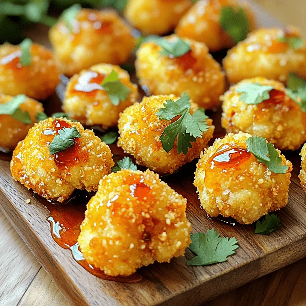 To make Sriracha Honey Cauliflower Bites, you need simple, tasty ingredients. Here’s the list: - 1 large head of cauliflower, cut into bite-sized florets - 1/2 cup all-purpose flour - 1/2 cup breadcrumbs (Panko for extra crunch) - 1 teaspoon garlic powder - 1 teaspoon onion powder - 1/2 teaspoon smoked paprika - Salt and pepper, to taste - 1/4 cup sriracha sauce - 1/4 cup honey - 2 tablespoons olive oil - 1 tablespoon rice vinegar (or apple cider vinegar) - Fresh cilantro, chopped These ingredients create a great blend of flavors. The cauliflower is soft inside and crispy outside. The sriracha honey sauce adds a sweet and spicy kick. You can adjust the spice by adding more or less sriracha. It’s all about your taste! For the full recipe, check the details above. 1. Preheating and Prepping the Oven: Start by preheating your oven to 425°F (220°C). This high heat helps make the cauliflower bites crispy. Line a baking sheet with parchment paper for easy cleanup. 2. Mixing the Flour Mixture: In a large bowl, combine 1/2 cup of all-purpose flour, 1 teaspoon each of garlic powder and onion powder, and 1/2 teaspoon of smoked paprika. Add salt and pepper to taste. Mix everything until well blended. 3. Coating the Cauliflower Florets: Cut 1 large head of cauliflower into bite-sized florets. Toss these florets in the flour mixture. Shake off any extra flour so they are evenly coated. 1. Breadcrumb Coating Technique: To make them extra crunchy, dip the floured florets in water for a moment. Then, roll them in 1/2 cup of breadcrumbs until coated. Panko works best for a crispier texture. 2. Baking Time and Tips for Crispiness: Place the coated cauliflower on the prepared baking sheet. Lightly spray them with olive oil for added crunch. Bake for 20 to 25 minutes, turning halfway through. This ensures they cook evenly and get golden brown. 1. Combining Ingredients for the Sauce: While the cauliflower bakes, mix 1/4 cup of sriracha sauce, 1/4 cup of honey, 2 tablespoons of olive oil, and 1 tablespoon of rice vinegar in a bowl. Stir until smooth and well combined. 2. Adjusting for Spice Level: If you prefer a spicier bite, add more sriracha to the sauce until it meets your taste. It’s all about finding that perfect balance of heat and sweetness. Now, you're ready to enjoy these Sriracha Honey Cauliflower Bites! For the full recipe, refer to the earlier section. Ensuring Crispiness While Baking To get that perfect crunch, bake at 425°F (220°C). This high heat helps the cauliflower get crispy. Make sure to turn the bites halfway through baking. This ensures even cooking. If you want extra crispiness, spray them lightly with olive oil before baking. Flavoring Adjustments to Suit Personal Tastes You can change the flavor by adding different spices. If you like it spicy, add more sriracha. If you prefer a milder taste, use less. Feel free to mix in other spices like cumin or cayenne. This lets you make a flavor that suits you best. Importance of Shaking Off Excess Flour After coating the cauliflower in flour, shake off any extra. This helps the breadcrumbs stick better. Too much flour can make the bites heavy and less crispy. A light coating is key for a great texture. Using Panko vs. Regular Breadcrumbs I recommend using Panko breadcrumbs for this recipe. Panko gives a lighter, crunchier bite. Regular breadcrumbs work too, but they won’t be as crispy. If you love crunch, go with Panko. It makes a big difference in the final dish. For the full recipe, click here: [Full Recipe]. {{image_2}} Alternative Sauces and Marinades If you want to mix it up, try different sauces. You can use barbecue sauce for a sweet twist. A soy sauce and ginger mix adds a savory kick. You can even use a creamy ranch dressing for a cool contrast. Each sauce brings a unique flavor. Don’t be afraid to get creative! Gluten-Free Options For a gluten-free version, swap all-purpose flour with almond flour or chickpea flour. Use gluten-free breadcrumbs as well. This way, everyone can enjoy the bites without worry. It’s a great way to adapt the recipe to different diets. Pairing with Dips and Sides These bites shine when served with dips. Try them with ranch, blue cheese, or a yogurt dip. You can also serve them alongside crunchy veggies for a fun snack platter. Pairing adds variety and makes it more enjoyable. Presentation Ideas for Serving To make your dish look appealing, use a colorful plate. Arrange the bites in a circle, and sprinkle some chopped cilantro on top. You can also add lime wedges for a fresh touch. A beautiful plate grabs attention and enhances the dining experience. For the complete recipe, check out the [Full Recipe]. After enjoying your Sriracha Honey Cauliflower Bites, store any leftovers in the fridge. Place them in an airtight container. They will stay fresh for about 3 to 4 days. If you want to keep them longer, freezing is a great option. To freeze the cauliflower bites, let them cool completely. Then, place them in a freezer-safe bag or container. They can last up to 3 months in the freezer. Just remember to label the bag with the date! To enjoy your bites again, reheating is key. The best method is to use an oven or air fryer. Preheat your oven to 375°F (190°C). Spread the bites on a baking sheet. Bake for about 10 to 15 minutes. This will help them regain their crispiness. If you're using an air fryer, set it to 350°F (175°C). Heat them for about 5 to 7 minutes. This method works wonders for keeping the texture nice and crunchy. Avoid using a microwave if you want to keep them crispy. Microwaving can make the bites soggy and chewy. So, stick to the oven or air fryer for the best results. Enjoy your tasty snack again with that perfect crunch! How do I make Sriracha Honey Cauliflower Bites vegan? To make these bites vegan, swap honey with maple syrup or agave nectar. This change keeps the sweet flavor while making it plant-based. Can I prepare these bites in advance? Yes, you can prepare them ahead of time. Coat the cauliflower and store it in the fridge. Bake them fresh when ready to eat. What dishes pair well with Sriracha Honey Cauliflower Bites? These bites go great with rice, salads, or as a side for tacos. They add a nice kick to any meal. Can I fry these instead of baking? Yes, frying gives a nice crunch. Heat oil in a pan and fry the coated cauliflower until golden brown. How do I ensure the cauliflower is fully cooked? Check if the cauliflower is tender by piercing it with a fork. It should be soft inside and crispy outside. For more details, refer to the Full Recipe. You now have all the tools to make tasty Sriracha Honey Cauliflower Bites. We covered the right ingredients, preparation steps, and baking tips to achieve crispiness. You learned how to adjust flavors and make variations that suit your tastes. Storing leftovers is easy, and reheating keeps them crispy. Follow these tips, and you’ll enjoy delicious bites every time. Experiment with new dips and sides to elevate your dish. Enjoy your cooking adventure!
