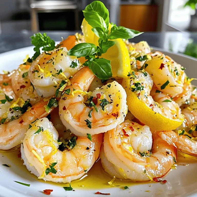 To make Lemon Garlic Herb Shrimp, gather these simple ingredients: - 1 pound large shrimp, peeled and deveined - 4 cloves garlic, minced - 1 lemon, zested and juiced - 1 tablespoon fresh parsley, chopped - 1 tablespoon fresh basil, chopped - 1 teaspoon dried oregano - 1/4 teaspoon red pepper flakes (optional) - 3 tablespoons olive oil - Salt and pepper to taste These ingredients create a tasty and bright dish that is easy to prepare. Using fresh herbs gives a bright and bold flavor. Fresh parsley and basil add a burst of taste that dried herbs just can’t match. However, dried herbs can work in a pinch. They are handy and still add flavor, but use less. About one-third of the amount of fresh herbs usually works. For this recipe, I suggest fresh herbs for the best taste. I recommend using large shrimp for this dish. They hold up well during cooking and soak in the flavors. You can use shrimp labeled as jumbo or extra-large too. These sizes offer great texture and taste. If you choose smaller shrimp, reduce cooking time to avoid overcooking. Always pick shrimp that are firm and have a mild scent. This ensures you're using fresh seafood for your meal. For the full recipe, check out the details above. Start by gathering your ingredients. You need garlic, lemon, herbs, olive oil, salt, and pepper. In a medium bowl, mix the minced garlic, lemon zest, and lemon juice. Then, add the chopped parsley, chopped basil, and dried oregano. If you like heat, toss in the red pepper flakes. Finally, pour in the olive oil and season with salt and pepper. Stir everything well to blend the flavors into a delicious marinade. Next, it’s time to add the shrimp. Place the peeled and deveined shrimp into the bowl with the marinade. Toss the shrimp gently to coat each piece. This step is key for flavor. Let the shrimp marinate for 15 to 20 minutes. This allows the shrimp to soak up all the tasty goodness from the marinade. You can use this time to prep your cooking area. To cook the shrimp, heat a large skillet over medium-high heat. Once the skillet is hot, add the marinated shrimp in a single layer. Avoid overcrowding the pan; it helps with even cooking. Cook the shrimp for about 2 to 3 minutes on one side until they turn pink and opaque. Then, flip them over and cook for another 1 to 2 minutes. When done, remove the skillet from heat. Garnish with extra fresh herbs if you like. Serve immediately and enjoy your Lemon Garlic Herb Shrimp! For the complete recipe, just refer to the [Full Recipe]. To cook shrimp just right, pay close attention to timing. Shrimp cook fast. They change color from gray to pink when done. Overcooked shrimp can become tough. Cook them for only 2-3 minutes on one side. Flip them and cook for another 1-2 minutes. You want them opaque and firm, not rubbery. To boost flavor, try adding more herbs or spices. Fresh herbs make a big difference. You can use thyme or cilantro along with parsley and basil. For a kick, consider adding a dash of cayenne pepper. A splash of white wine in the pan can also add a nice depth. Don't forget to taste as you go! Avoid marinating the shrimp for too long. Twenty minutes is perfect; longer can make them mushy. Don’t overcrowd the pan when cooking. This can steam the shrimp instead of searing them. Lastly, always use fresh ingredients when you can. Fresh garlic and herbs elevate the dish to new heights. Follow these tips for the best Lemon Garlic Herb Shrimp experience. For a full recipe, check the [Full Recipe]. {{image_2}} Adding veggies is a great way to make this dish even better. Try bell peppers, zucchini, or broccoli. Cut them into bite-sized pieces. Toss them in with the shrimp during cooking. This will give you a colorful and tasty meal. The veggies soak up the lemon-garlic flavor, adding more depth. You can also roast the vegetables before adding the shrimp for a different texture. This recipe is mostly gluten-free, but always check labels. Use gluten-free soy sauce if you want a savory kick. Swap out the red pepper flakes for a gluten-free chili powder if you prefer. These changes keep the dish safe for those with gluten allergies. Enjoy the same great taste without worry! If you love heat, add more red pepper flakes. You can also use fresh jalapeños or crushed chili peppers. Mix these into your marinade for a spicy twist. This will give the dish a kick that pairs well with the lemon. Adjust the spice to your taste for the perfect balance. Add heat and enjoy that zesty flavor! For the complete recipe, check out the [Full Recipe]. To keep your Lemon Garlic Herb Shrimp fresh, place it in an airtight container. Let the shrimp cool down to room temperature first. You can store it in the fridge for up to three days. If you want to keep it longer, consider freezing it. When you are ready to eat leftovers, reheating is easy. You can use a skillet on low heat. Heat for a few minutes, stirring gently. This keeps the shrimp tender and juicy. You can also use a microwave. Heat in short bursts of 30 seconds. Check often to avoid overcooking. Freezing shrimp is a great way to save it for later. To freeze, first, make sure the shrimp is cool. Place it in a freezer-safe bag or container. Remove as much air as possible. This helps prevent freezer burn. You can freeze it for up to three months. When you're ready to use it, thaw it in the fridge overnight. For a quick thaw, place it in cold water for about 30 minutes. Enjoy your Lemon Garlic Herb Shrimp by following these storage tips! For the full recipe, check the earlier section. To make Lemon Garlic Herb Shrimp, gather your ingredients first. You need shrimp, garlic, lemon, herbs, and olive oil. Mix minced garlic, lemon zest, lemon juice, and herbs in a bowl. Add olive oil, salt, and pepper to enhance flavor. Toss in the shrimp, covering them well with the marinade. Let them sit for 15-20 minutes. Heat a skillet over medium-high heat. Cook the shrimp for 2-3 minutes on one side. Flip and cook for 1-2 more minutes until they are pink. Enjoy your dish! Yes, you can use frozen shrimp for this recipe. Just make sure to thaw them first. Place the shrimp in a bowl of cold water for about 15 minutes. Once thawed, pat them dry with a paper towel. This ensures the marinade sticks well. Using frozen shrimp can save time and is very convenient. You can serve Lemon Garlic Herb Shrimp with many sides. A fresh salad pairs nicely. You could also serve it over rice or pasta to make it a full meal. Garlic bread is another great option to soak up the flavors. For a light touch, steamed vegetables work well too. Experiment with your favorite sides to find what you love best! You now have a clear roadmap for making delicious Lemon Garlic Herb Shrimp. We covered the best ingredients, including fresh vs. dried herbs and shrimp types. I shared simple steps for marinating and cooking shrimp to perfection. With my tips, your shrimp will impress everyone. Feel free to explore tasty variations and store leftovers easily. Always avoid common mistakes for the best results. Enjoy your cooking and happy eating!
