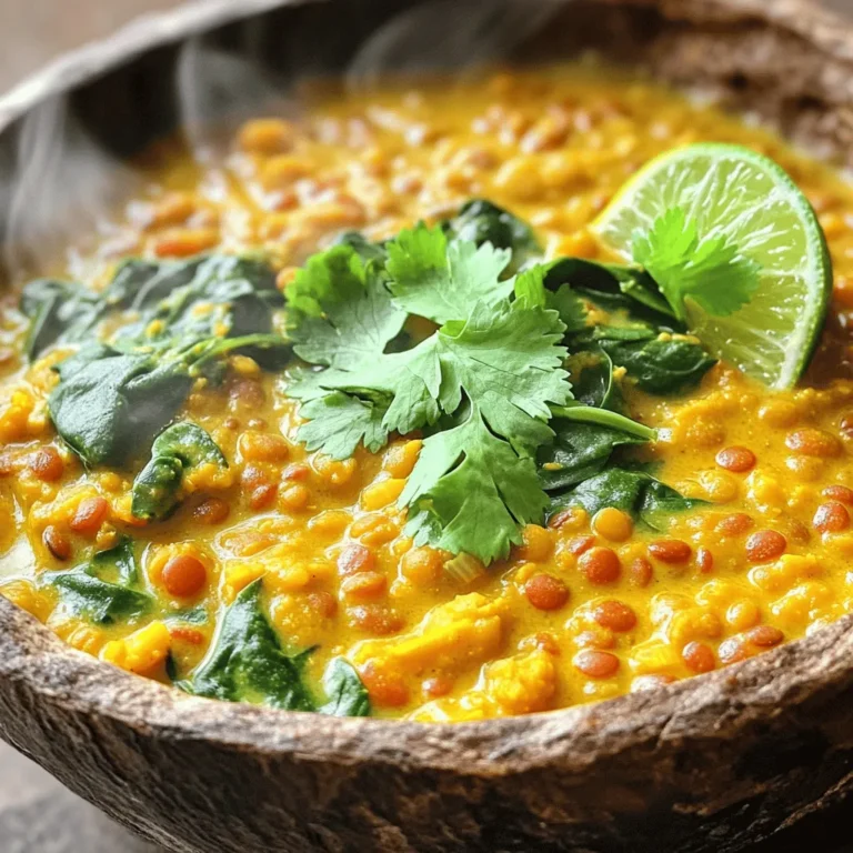 To make Coconut Curry Lentils, you need some key items. Here’s what you'll need: - 1 cup red lentils, rinsed - 1 can (14 oz) coconut milk - 2 cups vegetable broth - 1 medium onion, finely chopped - 2 cloves garlic, minced - 1 inch ginger, grated - 2 tablespoons curry powder - 1 teaspoon turmeric - 1 teaspoon cumin - 1 tablespoon olive oil - Salt and pepper to taste - 1 cup spinach (fresh or frozen) - Juice of 1 lime - Fresh cilantro for garnish These ingredients work together to create a rich and creamy dish. The lentils provide protein and fiber, while coconut milk adds a lovely creaminess. You can boost the flavor of your Coconut Curry Lentils with these extras: - 1 teaspoon chili powder for heat - 1 tablespoon soy sauce for umami - 1 bell pepper, diced for sweetness - A splash of vinegar for brightness These additions can change the taste of the dish. They let you customize your lentils based on what you like. To cook Coconut Curry Lentils, you'll need some simple tools: - A large pot for cooking - A cutting board and knife for prep - A measuring cup for accuracy - A wooden spoon for stirring Having the right tools makes cooking easy. This way, you can focus on making a tasty meal. For the full recipe, check out the detailed steps provided. Start by gathering your ingredients. You will need: - 1 cup red lentils, rinsed - 1 can (14 oz) coconut milk - 2 cups vegetable broth - 1 medium onion, finely chopped - 2 cloves garlic, minced - 1 inch ginger, grated - 2 tablespoons curry powder - 1 teaspoon turmeric - 1 teaspoon cumin - 1 tablespoon olive oil - Salt and pepper to taste - 1 cup spinach (fresh or frozen) - Juice of 1 lime - Fresh cilantro for garnish Chop the onion and mince the garlic. Grate the ginger next. Rinse the lentils under cold water until the water runs clear. In a large pot, heat the olive oil over medium heat. Add the chopped onion. Sauté the onion until it turns translucent, about five minutes. Stir in the minced garlic and grated ginger. Cook for one more minute until fragrant. Next, add the curry powder, turmeric, and cumin. Stir to coat the onions in the spices. Cook for one to two minutes, letting the spices bloom. Pour in the vegetable broth and coconut milk. Stir well to mix everything. Add the rinsed lentils to the pot. Bring the mixture to a gentle boil. Reduce the heat to low and cover the pot. Let it simmer for 20 to 25 minutes or until the lentils are tender. If you use frozen spinach, add it during the last five minutes of cooking. If you use fresh spinach, stir it in just before serving. Season the lentil curry with salt and pepper. Add lime juice to add brightness. Serve your coconut curry lentils hot. Garnish with fresh cilantro for a pop of color. You can also serve it with rice or warm naan for a complete meal. For a fun twist, add some chopped nuts or a squeeze of lime on top. Enjoy your flavorful dish! For the complete recipe, check out the Full Recipe. One common mistake is cooking lentils too long. They can turn mushy if overcooked. Always check them around the 20-minute mark. Another error is skipping the spices. They add depth to the dish. Use fresh spices for the best flavor. Lastly, don’t forget to taste as you cook. Adjust salt and pepper to your liking. To boost flavors, add a squeeze of lime juice at the end. This adds brightness. You can also use fresh herbs like cilantro for a fresh touch. A pinch of red pepper flakes adds heat if you want extra spice. Try to let it sit for a few minutes after cooking. This helps the flavors blend together. To make it kid-friendly, reduce the spice. Use less curry powder to start. You can also add sweet veggies like carrots or bell peppers. These add sweetness and color. Another tip is to serve it with rice or naan. Kids love dipping! Adjust the texture by blending it for younger kids. This makes it smooth and easy to eat. For the full recipe, check out the detailed instructions above! {{image_2}} You can try different lentils for this dish. Red lentils cook fast and become soft. Green or brown lentils stay firm and add texture. Black lentils bring a unique look and flavor. Each type makes a tasty curry, so feel free to mix and match. Just remember to adjust cooking times based on the lentil type. Want to boost protein? Chickpeas and tofu are great options. Chickpeas add a nutty taste and extra fiber. You can use canned chickpeas for ease. Tofu absorbs the curry flavors well. For tofu, press it first to remove water. Then cut it into cubes and cook it with the onions for added flavor. Do you like your curry spicy? You can add chili powder or fresh peppers. Start with a small amount, then taste and adjust. If you prefer mild flavors, skip the heat. The curry powder already adds warmth. You can create a dish that suits your taste perfectly. Explore your spice cabinet to find the right balance for you. For the full recipe, check out the Coconut Curry Lentils section above. To store leftover coconut curry lentils, let them cool first. Use an airtight container. This keeps them fresh and prevents spills. You can keep them in the fridge for up to four days. If you want to save them longer, freezing is a great option. To freeze your lentils, pour them into a freezer-safe container. Leave some space at the top, as they may expand. Label the container with the date. You can freeze them for up to three months. When ready to eat, thaw them overnight in the fridge. Reheat on the stove or in the microwave until hot. After storing, serving your lentils with fresh rice is great. You can also pair them with warm naan bread. Adding a squeeze of lime on top brings out the flavors. Garnish with fresh cilantro for a nice touch. These options make your meal feel fresh and new. Check out the Full Recipe for more ideas! Lentils are small but mighty. They pack a punch of nutrition. They are rich in protein and fiber. This helps keep you full and satisfied. Lentils also contain iron, which is great for your blood. They have many vitamins, like B vitamins, that boost energy. Eating lentils can support heart health and help manage weight. Yes, you can easily make Coconut Curry Lentils vegan. The main ingredients are already plant-based. Just ensure that your vegetable broth is vegan. If you want, add more veggies for flavor. You can also swap olive oil for coconut oil. This keeps the dish rich and creamy. If you need more servings, just double the recipe. Use two cups of lentils instead of one. Increase the coconut milk and broth as well. Keep the spices the same for flavor. Cooking time may change slightly, so check the lentils. They should be soft and tender. Yes, Coconut Curry Lentils are gluten-free! All the ingredients are naturally free from gluten. Use certified gluten-free vegetable broth if needed. This makes the dish safe for those with gluten allergies. Enjoy your meal without worry! For the full recipe, check out the Coconut Curry Lentils section. This blog post covered how to make Coconut Curry Lentils. You learned about essential and optional ingredients. I shared tips to avoid mistakes and enhance flavors. We explored variations with lentils, protein, and spice levels. Lastly, I provided helpful storage and reheating methods. With this guide, you can create a tasty, healthy dish. Enjoy experimenting with your own flavors and ingredients. Happy cooking!
