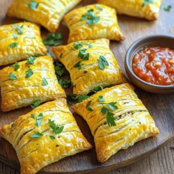 - 1 pound ground chicken - 1 cup puff pastry (thawed) - 4 cloves garlic, minced - 1 small onion, finely chopped - 1/2 cup ricotta cheese - 1/4 cup grated Parmesan cheese - 2 tablespoons fresh parsley, chopped - 1 teaspoon Italian seasoning - 1 egg, beaten (for egg wash) - Salt and pepper to taste - Cooking spray or parchment paper for baking For these garlic chicken puffs, we start with the main ingredients. Ground chicken gives a nice protein base. Puff pastry provides that flaky, buttery texture we all love. Garlic and onion add layers of flavor that make your taste buds dance. Next, we have our dairy and seasonings. Ricotta and Parmesan cheeses bring creaminess and a slight tang. Fresh parsley brightens the dish, while Italian seasoning adds depth. Each bite bursts with flavor. The additional ingredients finish our recipe. The egg wash helps the puffs turn golden brown in the oven. Salt and pepper are essential for taste. Using cooking spray or parchment paper ensures easy cleanup and prevents sticking. This blend of flavors and textures makes garlic chicken puffs a tasty and simple snack idea. For the full recipe, check out the instructions in the next section! - Preheat your oven to 400°F (200°C). Line a baking sheet with parchment paper or spray lightly with cooking spray. - In a skillet, heat a drizzle of olive oil over medium heat. Add minced garlic and chopped onion. Cook until the onion turns soft and clear. - Add the ground chicken to the skillet. Stir and cook until the chicken is no longer pink. Break it apart with a wooden spoon. Season it with salt, pepper, and Italian seasoning. - Remove the skillet from heat and let it cool for a few minutes. In a bowl, mix the cooked chicken with ricotta cheese, grated Parmesan cheese, and chopped parsley. Stir until well combined. - Roll out the thawed puff pastry on a floured surface. Cut it into squares, about 4x4 inches in size. - Spoon a generous amount of the chicken filling onto each puff pastry square. Be careful not to overfill. - Fold the pastry over to create a triangle. Press the edges to seal. Use a fork to crimp the edges. Brush the tops with the beaten egg for a nice golden color. - Place the puffs on the baking sheet. Bake them for 15-20 minutes until they are golden brown and puffed. - Once baked, let the garlic chicken puffs cool slightly before serving. Enjoy your tasty snack! If you're ready to dive deeper into the flavors, don't forget to check out the Full Recipe for detailed cooking steps! How to avoid overfilling the pastry Keep the filling to a spoonful. If you add too much, the puffs spill. This can lead to a messy bake and less crunch. Just enough filling gives a nice balance. Cooking chicken to the right doneness Cook the chicken until it’s no longer pink. Use a meat thermometer if needed. Chicken must reach 165°F (74°C) for safety. This also keeps the meat juicy and tasty. Plating ideas for presentation Serve the garlic chicken puffs on a big, colorful platter. Sprinkle fresh parsley on top for a nice look. Use small bowls for dipping sauces, making it fun. Best dipping sauces for garlic chicken puffs Pair the puffs with marinara or garlic aioli. Both add great flavor. For a kick, try a spicy ranch. These dips make the snack even better. Recommended utensils for ease of preparation Use a sharp knife for cutting pastry. A mixing bowl helps combine the filling well. A fork is great for sealing the edges. These tools make the process smooth. Importance of using quality ingredients Choose fresh chicken and good cheeses. Quality ingredients give the best flavor. Fresh garlic and herbs add depth. Always pick the best for a great dish. For the full recipe, check the details above! {{image_2}} You can easily switch ground chicken with ground turkey or beef. Both options work well and bring unique flavors. If you want a lighter dish, use ground turkey. For a richer taste, beef adds depth. When it comes to cheese, ricotta and Parmesan are fantastic, but you can try others. Cream cheese adds a nice creaminess. Feta brings a tangy twist. Feel free to experiment with your favorites. For a spicy kick, add jalapeños to your mix. Chop them finely and include them with the garlic and onion. This addition gives the puffs a fun heat. You can also play with fresh herbs. Try basil or thyme for a fragrant touch. You can mix and match herbs to discover new flavors. If you want a healthier option, use an air fryer. Set it to 375°F (190°C) and cook for 12-15 minutes. Check for golden brown puffiness to know they're done. You can also explore different pastry types. Use phyllo dough for a lighter, crispier bite. Alternatively, biscuit dough creates a fluffy texture. Each choice offers a new twist on garlic chicken puffs. After you enjoy your garlic chicken puffs, store any leftovers in the fridge. Place them in a shallow, airtight container. This keeps them fresh and tasty. They last about 3 to 4 days in the fridge. Make sure they cool down before sealing. This helps avoid sogginess. To freeze garlic chicken puffs, let them cool first. Then, arrange them on a baking sheet. Freeze them for about 1 to 2 hours until firm. Once frozen, transfer them to a freezer bag. Remove as much air as you can from the bag. They can stay good in the freezer for up to 2 months. To reheat, preheat the oven to 375°F (190°C). Bake them for about 20 to 25 minutes. Check that they are heated through. Use glass or plastic containers for storage. Look for ones that have airtight seals. These containers keep your puffs fresh longer. Airtight seals prevent air and moisture from ruining your snacks. This way, you can enjoy them later without losing flavor. Garlic chicken puffs cook quickly. The prep time is about 20 minutes. Baking takes 15 to 20 minutes. So, from start to finish, you need around 40 minutes. This makes them a great snack or appetizer for any gathering. Yes, you can prepare garlic chicken puffs in advance. Make the filling and fill the pastry squares. Then, cover them with plastic wrap and chill them in the fridge. You can bake them later when you’re ready. This method saves time and keeps everything fresh. Garlic chicken puffs pair well with many sides. Here are some great options: - Marinara sauce for dipping - A fresh salad with lemon vinaigrette - Garlic aioli for a creamy touch - Steamed veggies for a healthy side These choices add flavor and fun to your meal. For the full recipe, check out the detailed steps above. Enjoy your cooking! In this blog post, we covered how to make tasty garlic chicken puffs. You learned about essential ingredients like ground chicken, puff pastry, and cheeses. We also explored step-by-step instructions from prep to baking. I shared tips for cooking and serving these puffs, including fun variations. These easy yet delicious bites are perfect for any occasion. Try different ingredients to make the recipe your own. Enjoy cooking and sharing these puffs with friends and family!