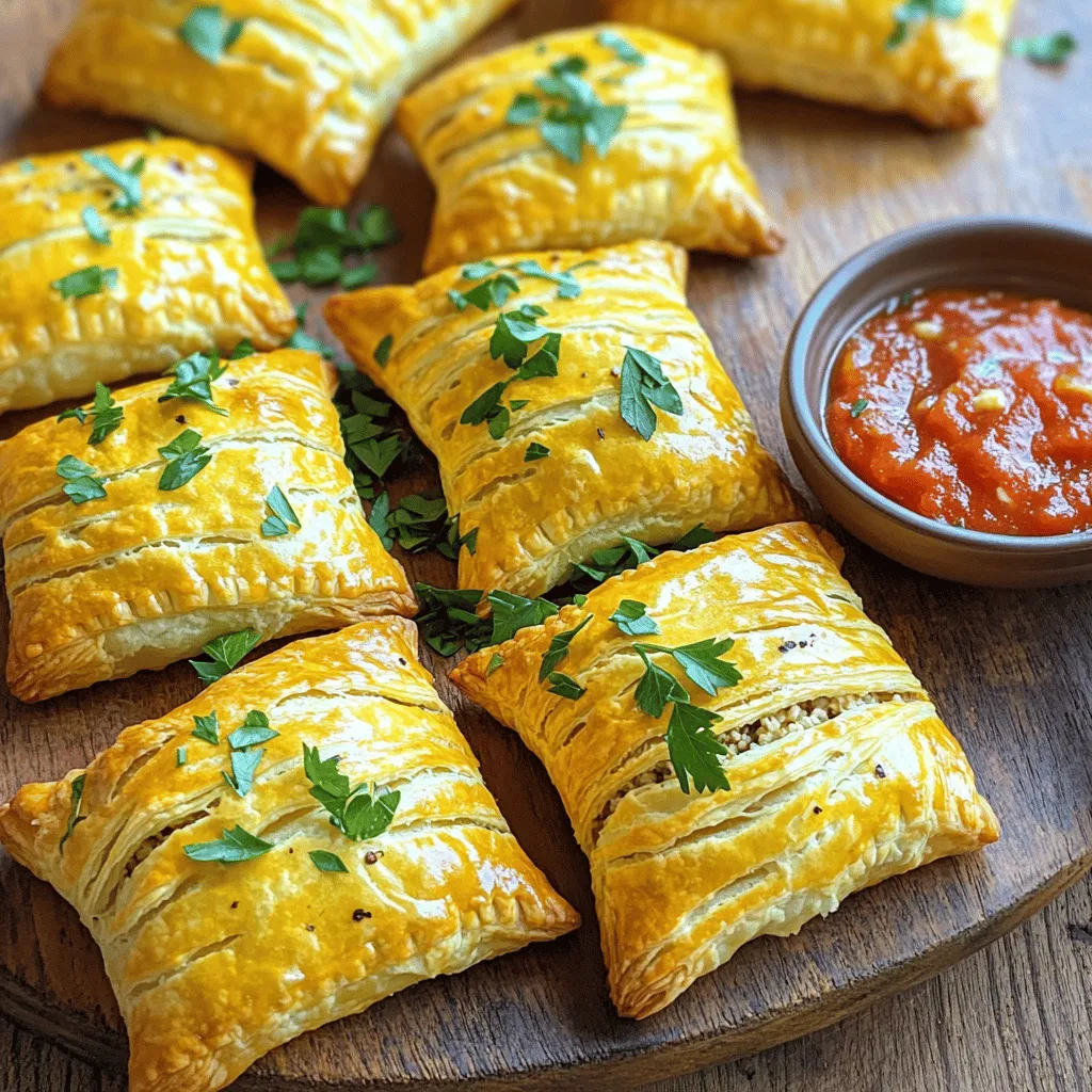 - 1 pound ground chicken - 1 cup puff pastry (thawed) - 4 cloves garlic, minced - 1 small onion, finely chopped - 1/2 cup ricotta cheese - 1/4 cup grated Parmesan cheese - 2 tablespoons fresh parsley, chopped - 1 teaspoon Italian seasoning - 1 egg, beaten (for egg wash) - Salt and pepper to taste - Cooking spray or parchment paper for baking For these garlic chicken puffs, we start with the main ingredients. Ground chicken gives a nice protein base. Puff pastry provides that flaky, buttery texture we all love. Garlic and onion add layers of flavor that make your taste buds dance. Next, we have our dairy and seasonings. Ricotta and Parmesan cheeses bring creaminess and a slight tang. Fresh parsley brightens the dish, while Italian seasoning adds depth. Each bite bursts with flavor. The additional ingredients finish our recipe. The egg wash helps the puffs turn golden brown in the oven. Salt and pepper are essential for taste. Using cooking spray or parchment paper ensures easy cleanup and prevents sticking. This blend of flavors and textures makes garlic chicken puffs a tasty and simple snack idea. For the full recipe, check out the instructions in the next section! - Preheat your oven to 400°F (200°C). Line a baking sheet with parchment paper or spray lightly with cooking spray. - In a skillet, heat a drizzle of olive oil over medium heat. Add minced garlic and chopped onion. Cook until the onion turns soft and clear. - Add the ground chicken to the skillet. Stir and cook until the chicken is no longer pink. Break it apart with a wooden spoon. Season it with salt, pepper, and Italian seasoning. - Remove the skillet from heat and let it cool for a few minutes. In a bowl, mix the cooked chicken with ricotta cheese, grated Parmesan cheese, and chopped parsley. Stir until well combined. - Roll out the thawed puff pastry on a floured surface. Cut it into squares, about 4x4 inches in size. - Spoon a generous amount of the chicken filling onto each puff pastry square. Be careful not to overfill. - Fold the pastry over to create a triangle. Press the edges to seal. Use a fork to crimp the edges. Brush the tops with the beaten egg for a nice golden color. - Place the puffs on the baking sheet. Bake them for 15-20 minutes until they are golden brown and puffed. - Once baked, let the garlic chicken puffs cool slightly before serving. Enjoy your tasty snack! If you're ready to dive deeper into the flavors, don't forget to check out the Full Recipe for detailed cooking steps! How to avoid overfilling the pastry Keep the filling to a spoonful. If you add too much, the puffs spill. This can lead to a messy bake and less crunch. Just enough filling gives a nice balance. Cooking chicken to the right doneness Cook the chicken until it’s no longer pink. Use a meat thermometer if needed. Chicken must reach 165°F (74°C) for safety. This also keeps the meat juicy and tasty. Plating ideas for presentation Serve the garlic chicken puffs on a big, colorful platter. Sprinkle fresh parsley on top for a nice look. Use small bowls for dipping sauces, making it fun. Best dipping sauces for garlic chicken puffs Pair the puffs with marinara or garlic aioli. Both add great flavor. For a kick, try a spicy ranch. These dips make the snack even better. Recommended utensils for ease of preparation Use a sharp knife for cutting pastry. A mixing bowl helps combine the filling well. A fork is great for sealing the edges. These tools make the process smooth. Importance of using quality ingredients Choose fresh chicken and good cheeses. Quality ingredients give the best flavor. Fresh garlic and herbs add depth. Always pick the best for a great dish. For the full recipe, check the details above! {{image_2}} You can easily switch ground chicken with ground turkey or beef. Both options work well and bring unique flavors. If you want a lighter dish, use ground turkey. For a richer taste, beef adds depth. When it comes to cheese, ricotta and Parmesan are fantastic, but you can try others. Cream cheese adds a nice creaminess. Feta brings a tangy twist. Feel free to experiment with your favorites. For a spicy kick, add jalapeños to your mix. Chop them finely and include them with the garlic and onion. This addition gives the puffs a fun heat. You can also play with fresh herbs. Try basil or thyme for a fragrant touch. You can mix and match herbs to discover new flavors. If you want a healthier option, use an air fryer. Set it to 375°F (190°C) and cook for 12-15 minutes. Check for golden brown puffiness to know they're done. You can also explore different pastry types. Use phyllo dough for a lighter, crispier bite. Alternatively, biscuit dough creates a fluffy texture. Each choice offers a new twist on garlic chicken puffs. After you enjoy your garlic chicken puffs, store any leftovers in the fridge. Place them in a shallow, airtight container. This keeps them fresh and tasty. They last about 3 to 4 days in the fridge. Make sure they cool down before sealing. This helps avoid sogginess. To freeze garlic chicken puffs, let them cool first. Then, arrange them on a baking sheet. Freeze them for about 1 to 2 hours until firm. Once frozen, transfer them to a freezer bag. Remove as much air as you can from the bag. They can stay good in the freezer for up to 2 months. To reheat, preheat the oven to 375°F (190°C). Bake them for about 20 to 25 minutes. Check that they are heated through. Use glass or plastic containers for storage. Look for ones that have airtight seals. These containers keep your puffs fresh longer. Airtight seals prevent air and moisture from ruining your snacks. This way, you can enjoy them later without losing flavor. Garlic chicken puffs cook quickly. The prep time is about 20 minutes. Baking takes 15 to 20 minutes. So, from start to finish, you need around 40 minutes. This makes them a great snack or appetizer for any gathering. Yes, you can prepare garlic chicken puffs in advance. Make the filling and fill the pastry squares. Then, cover them with plastic wrap and chill them in the fridge. You can bake them later when you’re ready. This method saves time and keeps everything fresh. Garlic chicken puffs pair well with many sides. Here are some great options: - Marinara sauce for dipping - A fresh salad with lemon vinaigrette - Garlic aioli for a creamy touch - Steamed veggies for a healthy side These choices add flavor and fun to your meal. For the full recipe, check out the detailed steps above. Enjoy your cooking! In this blog post, we covered how to make tasty garlic chicken puffs. You learned about essential ingredients like ground chicken, puff pastry, and cheeses. We also explored step-by-step instructions from prep to baking. I shared tips for cooking and serving these puffs, including fun variations. These easy yet delicious bites are perfect for any occasion. Try different ingredients to make the recipe your own. Enjoy cooking and sharing these puffs with friends and family!