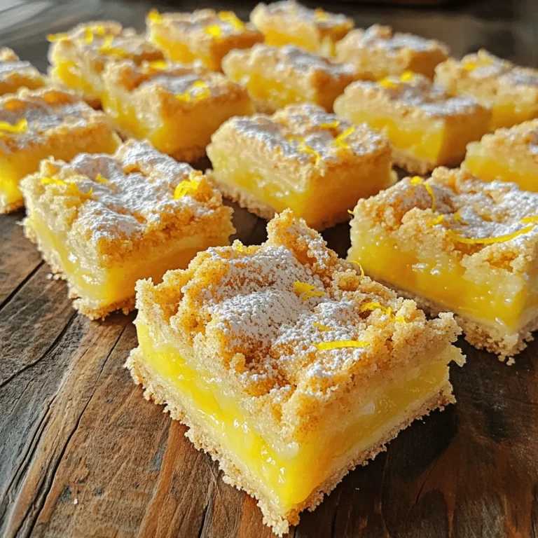 - 1 ½ cups all-purpose flour - ½ cup granulated sugar - ½ cup powdered sugar - 1/2 teaspoon baking powder - 1/4 teaspoon salt - 1/2 cup unsalted butter, melted - 2 large eggs - 2/3 cup fresh lemon juice - 2 teaspoons lemon zest - 1 tablespoon cornstarch - 1 teaspoon vanilla extract - Extra powdered sugar for dusting To make lemon crumb bars, gather these simple yet essential ingredients. Each one plays a part in creating the perfect balance of sweet and tart. - Options for gluten-free flour: You can swap all-purpose flour with gluten-free flour blends. Look for blends that contain xanthan gum for the best results. - Alternatives to unsalted butter: If you need a dairy-free option, try coconut oil or vegan butter. Both work well and keep the texture rich. - Variations using different citrus fruits: Feel free to use lime or orange juice if you want to mix it up. Each will give a unique taste to your bars. These substitutions can help you tailor the recipe to your dietary needs or simply use what you have at home. For the full recipe, check out the detailed steps later. First, you need to preheat your oven to 350°F (175°C). This helps your bars bake evenly. Next, line an 8x8-inch baking dish with parchment paper. Leave some paper hanging over the edges. This will help you lift the bars out later. Now, let’s mix the dry ingredients for the crust. In a medium bowl, combine: - 1 ½ cups all-purpose flour - ½ cup granulated sugar - ½ cup powdered sugar - 1/2 teaspoon baking powder - 1/4 teaspoon salt Stir these ingredients together until smooth. This will be the base of your crust. Next, we combine wet and dry ingredients. Pour 1/2 cup melted unsalted butter into the dry mix. Stir until a crumbly dough forms. This dough will act as both your crust and topping. Now, reserve 1 cup of this crumb mixture in a separate bowl. Press the remaining mixture firmly into the bottom of your prepared baking dish. This creates a nice, even crust. For the filling, whisk together in another bowl: - 2 large eggs - 2/3 cup fresh lemon juice - 2 teaspoons lemon zest - 1 tablespoon cornstarch - 1 teaspoon vanilla extract Make sure everything is well mixed. Pour this lemon filling over the crust in the baking dish. Then, sprinkle the reserved crumb mixture on top for a tasty crunch. It’s time to bake! Place the dish in the preheated oven. Bake for 22-25 minutes. The edges should turn golden, and the center should be set. You can check if it's done by inserting a toothpick. If it comes out clean, it’s ready! Once baked, remove the dish from the oven. Let it cool completely in the pan on a wire rack. This cooling step is key for cutting the bars easily. When cool, lift them out using the parchment paper. Cut into squares for serving. Dust each with powdered sugar for a beautiful finish. For the full recipe, check out the details above. Enjoy your lemon crumb bars! To get the best texture for your crust and filling, follow these steps: - Use fresh lemon juice for a bright flavor. - Make sure your butter is melted but not hot. This helps the crust set well. - Press the crust firmly into the pan for a sturdy base. - Bake until the edges are golden and the center is set. A toothpick should come out clean. Dusting with powdered sugar can add a nice touch. Here are some ideas: - Use a fine sieve to sprinkle powdered sugar evenly over the bars. - Try placing the bars on a colorful plate for contrast. - Add lemon slices or mint leaves for a pop of color. Want to boost the lemon flavor? Here are my favorite tips: - Add extra lemon zest to the filling for more zing. - Use flavored extracts like almond or coconut for a twist. - Mix in some fresh berries for added flavor and color. For the full recipe, check out the detailed steps above. Enjoy your baking! {{image_2}} Lemon crumb bars are fun and tasty. You can change them up to suit your taste. Here are some ideas. - Adding berries or other fruits: You can mix in fresh berries like blueberries or raspberries. They add a sweet touch and a pop of color. You can also use diced peaches or strawberries. Just fold them in gently before baking. - Introducing spices like ginger or cinnamon: A hint of ginger gives a warm flavor. Just a pinch can make a big difference. Cinnamon can add a cozy touch too. Sprinkle some into the crumb mixture for a unique twist. - Using coconut sugar instead of granulated sugar: Coconut sugar has a lower glycemic index. This makes it a better option for some people. It also adds a subtle caramel flavor. - Reducing butter and egg content for a lighter version: You can cut back on butter and eggs to make these bars lighter. Try using applesauce or Greek yogurt in place of some butter. This keeps the bars moist without too many calories. - Incorporating seasonal fruits or flavors: Change the lemon juice to lime juice in summer. In fall, think about adding pumpkin spice for a new flavor. - Adapting the recipe for holiday-themed treats: For the winter holidays, add crushed peppermint or a dash of nutmeg. This makes your lemon crumb bars festive and fun. For the complete recipe, check out the Full Recipe section. To keep your lemon crumb bars fresh, store them in an airtight container. You can place them in the fridge for up to five days. This method keeps the bars moist and tasty. If you want to keep them longer, you can also wrap them tightly in plastic wrap. This protects them from air and moisture, ensuring they stay delicious. You can freeze lemon crumb bars for up to three months. First, let them cool completely and cut them into squares. Then, place the squares in a single layer on a baking sheet. Freeze them for about an hour until firm. After that, transfer the bars to a freezer-safe bag or container. Be sure to label it with the date. When you’re ready to enjoy them, take out the bars and let them thaw in the fridge overnight. To reheat, you can pop them in the oven at a low temperature for about 5-10 minutes. This will warm them nicely without drying them out. These lemon crumb bars taste great chilled or at room temperature. For a special touch, dust them with extra powdered sugar before serving. You can also add a lemon slice on the side for a pop of color. Pair these bars with a refreshing drink like iced tea or lemonade. They also go well with a cup of coffee. Enjoying them with a warm beverage makes for a perfect treat any time of the day. Lemon crumb bars last about a week in the fridge. Keep them in an airtight container. The cool air helps them stay fresh. If you want to enjoy them longer, try freezing them. Yes, you can make lemon crumb bars ahead of time. Bake them the day before your event. Let them cool, then store them in the fridge. Serve them chilled or at room temperature. They taste great even after a day or two! You can use bottled lemon juice as a substitute. It works well, but the taste might be a bit different. Another option is citric acid mixed with water. This also gives a tart flavor. Just remember, fresh lemon juice adds a brighter taste and better texture. Lemon crumb bars can be made gluten-free. Use a gluten-free flour blend instead of all-purpose flour. Make sure all other ingredients are gluten-free too. Always check labels to be safe. This way, everyone can enjoy the bars without worry! In this blog post, I covered how to make lemon crumb bars, from ingredients to baking tips. I discussed ingredient swaps, so you can create these bars your way. I also shared storage methods for keeping your treats fresh. Remember, experimentation with flavors can make your bars unique. Don’t hesitate to try new ideas and enjoy these delicious treats. Your baking journey can be fun and tasty with lemon crumb bars. Happy baking!