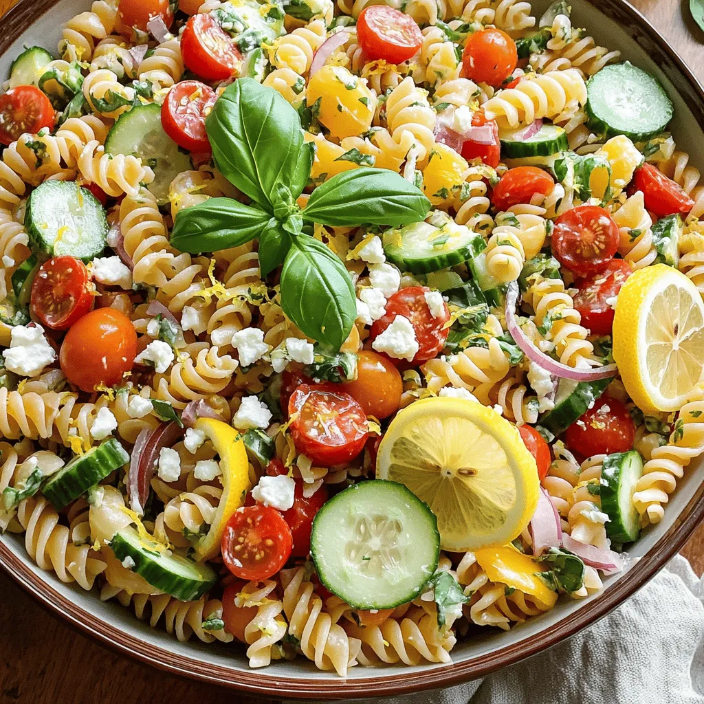 - 8 ounces of fusilli pasta - 1 cup cherry tomatoes, halved - 1 cucumber, diced - 1/2 red bell pepper, diced - 1/4 red onion, thinly sliced - 1 cup fresh basil leaves, chopped - 1/2 cup feta cheese, crumbled - 1/4 cup olive oil - 3 tablespoons fresh lemon juice - Zest of 1 lemon - Salt and pepper to taste When you gather these ingredients, you set the stage for a bright and tasty dish. Each item plays a unique role. The fusilli pasta is fun and holds the dressing well. Cherry tomatoes add sweetness and color. Cucumbers bring crunch, while red bell peppers give a nice pop. Red onion gives a mild bite that pairs well with lemon. Fresh basil is the star here. It gives a fresh aroma and flavor. Feta cheese adds creaminess with a hint of salt. Olive oil and lemon juice create a zesty dressing that brings everything together. Make sure to have salt and pepper ready. They are key for bringing out all the flavors. This mix of ingredients makes the dish fresh and full of flavor. You will love how simple it is to prepare. For the full recipe, check out the detailed instructions later. Start by boiling water in a large pot. Add salt to the water. This step helps the pasta taste better. Once the water boils, add 8 ounces of fusilli pasta. Cook it for 8 to 10 minutes until it is al dente. Stir the pasta occasionally to prevent sticking. When ready, drain the pasta in a colander. Rinse it under cold water to stop the cooking process. This method cools the pasta quickly and keeps it from getting mushy. In a large bowl, mix the cooled fusilli with the vegetables. Add 1 cup of halved cherry tomatoes, 1 diced cucumber, 1/2 diced red bell pepper, and 1/4 thinly sliced red onion. The mix of colors and flavors makes the salad bright and tasty. Next, add 1 cup of chopped fresh basil. This herb brings a fresh and fragrant touch. Finally, crumble in 1/2 cup of feta cheese. The cheese adds a creamy texture and salty taste. In a separate small bowl, whisk together 1/4 cup of olive oil, 3 tablespoons of fresh lemon juice, and the zest of 1 lemon. This dressing gives the salad a zesty kick. Make sure to mix it well until everything blends smoothly. Pour the dressing over the pasta salad. Toss the salad gently to coat all the ingredients in the dressing. Make sure every bite is full of flavor. Season the salad with salt and pepper to taste. Cover the bowl with plastic wrap or a lid. Chill the salad in the fridge for at least 30 minutes. This time allows the flavors to blend beautifully. For the full recipe, check the details provided. To make your Lemon Basil Pasta Salad sing, think about adding more seasonings. You can try: - Crushed red pepper for heat - Garlic powder for a savory kick - A sprinkle of dried oregano for depth Balancing acidity and saltiness is key. The lemon juice adds zing, while salt brings out flavors. Taste your salad. If it feels too tart, add a pinch of sugar. If it’s bland, sprinkle in more salt. A beautiful dish starts with how you serve it. Use a large, shallow bowl. This lets the colorful ingredients shine. For a vibrant touch, add garnishes like: - Extra lemon slices - Whole basil leaves - A drizzle of olive oil on top These little details make your pasta salad look fresh and appetizing. For the full recipe, check out the detailed instructions above. {{image_2}} You can easily change up this lemon basil pasta salad. First, try using different pasta shapes. Fusilli is great, but you can use penne or farfalle. Each shape gives a unique bite. Next, think about the veggies. Instead of tomatoes, you might use diced bell peppers or carrots. You could even add some spinach or arugula for extra greens. Don't be afraid to mix and match! If you're vegan, swap out the feta cheese. Try using vegan feta or a mix of nuts and herbs for creaminess. Vegan cheese gives a nice taste without dairy. For gluten-free options, choose gluten-free pasta. Brown rice or chickpea pasta work well. They have great texture and taste. This way, everyone can enjoy the salad! For the full recipe, check out the details above. To keep your Lemon Basil Pasta Salad fresh, store it in the fridge right away. Use an airtight container for the best results. Glass or plastic containers work well. If you have a lot left, divide it into smaller portions. This way, you can grab just what you need. It also helps keep the salad fresher for longer. Your pasta salad will stay good for about three to five days in the fridge. Check it for any signs of spoilage before eating. If you see mold or it smells off, throw it away. If the pasta feels slimy or the veggies look soggy, those are also bad signs. Always trust your senses when it comes to food safety. To make your Lemon Basil Pasta Salad more filling, add protein. Here are some great options: - Grilled chicken breast, sliced - Cooked shrimp, peeled and deveined - Canned chickpeas, rinsed and drained - Diced hard-boiled eggs - Tofu, cubed and sautéed Mix any of these into your salad for extra nutrition. Protein helps keep you full longer. Yes, you can prepare Lemon Basil Pasta Salad ahead of time. Here are some best practices: - Make the salad up to a day in advance. - Store it in an airtight container in the fridge. - Wait to add fresh basil and feta until right before serving. This keeps the flavors fresh and the ingredients crisp. You can use many types of pasta for this salad. Here are some of my favorites: - Fusilli: Twisted shape holds the dressing well. - Penne: Tubular shape adds a nice bite. - Farfalle: Bowtie shape is fun and unique. - Orzo: Small rice-like pasta cooks quickly. Each type brings a different texture and taste. Choose your favorite! Absolutely! Here are tips for meal prepping Lemon Basil Pasta Salad: - Divide the salad into single servings. - Use small containers to keep portions fresh. - Store dressing separately to avoid sogginess. This way, you can enjoy it all week. Just shake and serve when you're ready! For the full recipe, check out the details above. This blog post covered a simple and tasty Lemon Basil Pasta Salad. We went through the key ingredients, cooking methods, and the steps to make it shine. I shared tips to enhance flavor and ideas for presentation. You learned about variations and how to store leftovers safely. This salad is perfect for meals or gatherings. With these easy steps, you can create a refreshing dish everyone will enjoy. Dive in, make it your own, and savor every bite!