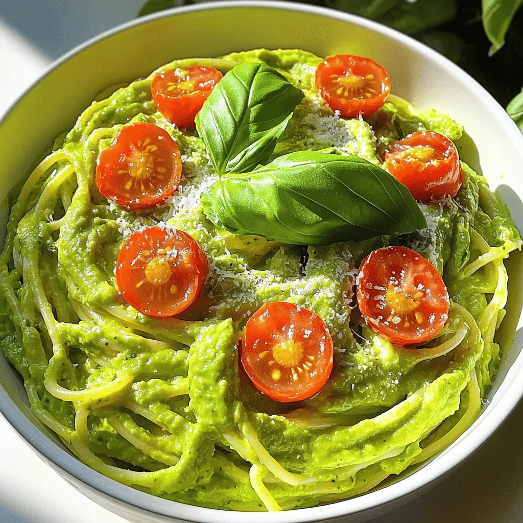 - 2 ripe avocados - 2 cloves garlic, minced - 2 tablespoons lemon juice - ¼ cup fresh basil leaves - ½ cup Greek yogurt These main ingredients create a rich and tasty sauce. The avocados provide creaminess, while garlic adds depth. Lemon juice gives a bright flavor. Fresh basil brings a lovely aroma. Greek yogurt adds tang and makes the sauce smooth. - ½ teaspoon red pepper flakes (optional) - Salt and pepper to taste - 8 oz spaghetti or your choice of pasta - 2 tablespoons olive oil - Cherry tomatoes, halved (for garnish) The additional ingredients enhance your dish. Red pepper flakes add heat if you like spice. Salt and pepper balance the flavors. Choose your favorite pasta, and cook it al dente. Olive oil adds richness, while cherry tomatoes give a fresh pop of color. - Grated Parmesan cheese (for serving) If you want more flavor, sprinkle grated Parmesan cheese on top. It adds a nice salty taste and pairs well with the creamy sauce. For the full recipe, you can check out the [Full Recipe]. To cook pasta al dente, start by boiling water in a large pot. Add a pinch of salt to the water to enhance the flavor. Once the water is boiling, add your pasta. Stir it gently to keep it from sticking. Check the pasta package for cooking time. You want it firm but not hard. This means it should have a slight bite when you taste it. Before draining the pasta, reserve about ½ cup of the pasta water. This water has starch that helps bind the sauce and pasta together. Just use a cup or bowl to catch it before you pour the pasta into a colander. You will need a food processor or blender for the sauce. Cut the avocados in half and remove the pit. Scoop the flesh into your machine. Add minced garlic, lemon juice, fresh basil, Greek yogurt, red pepper flakes, salt, and pepper. Blend until everything is smooth and creamy. The key is to blend it well so there are no lumps. If it's too thick, feel free to add a bit of water to help it blend. You want a nice, creamy texture that coats the pasta beautifully. Once the pasta is cooked, return it to the pot. This keeps it warm while you mix in the sauce. Pour the creamy avocado sauce over the hot pasta. Use tongs or a spatula to toss the pasta and sauce together. Add reserved pasta water a little at a time. This helps you find the right consistency. If you want it creamier, add more water. If it’s too thin, just toss it a bit more until it’s perfect. Drizzle olive oil over the pasta and toss again for added flavor. Serve your creamy avocado pasta right away, garnished with halved cherry tomatoes and a sprinkle of grated Parmesan cheese if you like. Enjoy the fresh and delicious taste! When you pick avocados, look for the right signs of ripeness. A ripe avocado feels slightly soft when you gently squeeze it. The skin should be dark green or nearly black, depending on the type. Avoid avocados with large dents or dark spots. To store avocados, keep them at room temperature if they are not ripe yet. Once ripe, put them in the fridge. This slows down the ripening process and helps them last longer. If you cut an avocado, sprinkle lemon juice on the exposed flesh to prevent browning. To add more flavor, try using extra seasonings. A pinch of cumin or a dash of smoked paprika can elevate your dish. You can also add fresh herbs like cilantro or parsley for a different taste. If you want to explore alternative herbs, consider using dill or mint. Both can bring a fresh twist to your creamy avocado pasta. Mixing in a few chopped sun-dried tomatoes can also add a rich, tangy flavor. For the best pairings, consider adding toppings like toasted pine nuts or crushed red pepper. These can add crunch and spice to your dish. You can also sprinkle extra basil or a bit of lemon zest for a fresh finish. To present your pasta like a gourmet dish, use deep bowls instead of flat plates. Top the pasta with extra basil leaves and a light drizzle of olive oil. This not only looks great but also enhances the dish’s flavor. For a touch of color, add halved cherry tomatoes before serving. Enjoy your meal! {{image_2}} You can make a vegan version of creamy avocado pasta easily. Instead of Greek yogurt, use silken tofu or a plant-based yogurt. Both keep the sauce creamy without using dairy. Blend these with the avocado, garlic, and lemon juice for the same smooth texture. Adding protein makes the dish more filling. You can use grilled chicken, shrimp, or even beans for a plant-based option. If you pick chicken or shrimp, cook them separately and add them to the pasta at the end. For beans, just mix them in while tossing the pasta. Adding seasonal vegetables boosts nutrition and flavor. Think about tossing in spinach, peas, or zucchini. These can be added to the pasta as it cooks. For garnish, try fresh herbs like parsley or more basil. They add a fresh touch and color to the dish. This recipe is simple and can adapt to your taste. For the full recipe, check out the details above. To keep creamy avocado pasta fresh, store it in the fridge. Use an airtight container to prevent air from drying it out. It’s best to refrigerate within two hours of cooking. This helps keep the flavors and texture intact. If you notice the pasta starting to brown, add a bit of lemon juice before storing. This will help maintain its bright color. When reheating, do it gently to keep the creaminess. Use a saucepan over low heat and add a splash of water. This helps to bring back the smooth texture. Stir frequently to prevent sticking. Avoid using a microwave, as it can make the pasta mushy. Make sure to check the temperature before serving. You want it warm, not hot. You can freeze creamy avocado pasta, but it may change texture. To freeze, place it in a freezer-safe container. Leave some space at the top for expansion. When you want to eat it, thaw it overnight in the fridge. Heat it slowly on the stove with a little water to restore creaminess. Enjoy your meal! Creamy avocado pasta stays fresh for about 2 days in the fridge. Keep it in an airtight container. After that, the avocados may brown and the sauce may lose its creamy texture. Yes, you can prepare this dish ahead of time! Cook the pasta and make the sauce separately. Store them in separate containers. When ready to eat, combine them. This keeps the pasta fresh and the sauce creamy. I love to pair this dish with a simple side salad or garlic bread. Grilled chicken or shrimp also works well for added protein. You can also add roasted veggies for a healthy twist. Yes, creamy avocado pasta is healthy! It has healthy fats from avocados, protein from Greek yogurt, and fiber from pasta. Avocados are full of vitamins and minerals, making this dish a nutritious choice. Enjoy it guilt-free! For the full recipe, check out the details above. Creamy avocado pasta is a tasty dish that blends healthy flavors. We discussed key ingredients like ripe avocados, fresh garlic, and Greek yogurt. I shared step-by-step instructions for cooking the perfect pasta and making a creamy sauce. Tips also included choosing ripe avocados and ways to enhance flavor. Remember, you can customize this dish with proteins and seasonal veggies. Whether you enjoy it fresh or stored, this pasta remains a nutritious choice. Try it, and make it your own!