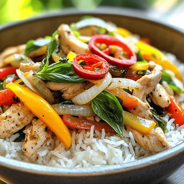 - 500g chicken breast, thinly sliced - 2 cups fresh Thai basil leaves - 1 tablespoon vegetable oil - 4 cloves garlic, minced - 2 red chilies, finely sliced (adjust for heat preference) - 1 bell pepper, sliced (any color) - 1 small onion, sliced Thai Basil Chicken Stir-Fry shines with its fresh flavors. The star of this dish is, of course, the chicken breast. It cooks fast and absorbs all the sauces well. Fresh Thai basil leaves add a unique taste that you cannot find in sweet basil. Garlic and red chilies bring heat and aroma to the mix. You can choose any bell pepper color, as they all add a nice crunch. Lastly, the onion rounds out the flavors, adding sweetness as it cooks. - 2 tablespoons soy sauce - 1 tablespoon fish sauce (optional) - 1 tablespoon oyster sauce - 1 teaspoon sugar The sauces pack a punch! Soy sauce gives a salty depth. If you want a deeper flavor, add fish sauce. It’s not a must-have but can enhance the taste. Oyster sauce adds umami and sweetness, creating a perfect balance. The sugar helps to caramelize the chicken and bring out its natural flavors. - Cooked jasmine rice Serving Thai Basil Chicken Stir-Fry over jasmine rice is a must. The rice soaks up the tasty sauce, making every bite delightful. It adds a nice texture and makes the meal filling. You can cook the rice while you prepare the stir-fry. This way, everything is ready at the same time. For the full recipe, check out the details. First, you need to marinate the chicken. Take 500g of thinly sliced chicken breast. In a bowl, mix the chicken with 2 tablespoons of soy sauce, 1 tablespoon of oyster sauce, and 1 teaspoon of sugar. If you like, add 1 tablespoon of fish sauce for extra flavor. Allow the chicken to marinate for about 10-15 minutes. This step makes the meat tender and adds great taste. Next, heat the oil. In a large skillet or wok, pour in 1 tablespoon of vegetable oil. Heat it over medium-high heat until it shimmers. This temperature is perfect for stir-frying. Now, stir-fry the aromatics. Add 4 cloves of minced garlic and 2 finely sliced red chilies to the hot oil. Cook them for about 30 seconds. You want the garlic to be fragrant but not burnt. It’s time to cook the chicken and add vegetables. Increase the heat to high and add the marinated chicken to the skillet. Stir-fry the chicken for about 5-7 minutes. It should be cooked through and lightly caramelized. Then, toss in 1 sliced bell pepper and 1 small sliced onion. Stir-fry for another 2-3 minutes until the veggies are tender yet crisp. Incorporating fresh basil comes next. Add 2 cups of fresh Thai basil leaves to the skillet. Stir-fry for 1-2 minutes until the basil wilts and becomes fragrant. For serving suggestions, remove the skillet from heat. Serve the stir-fry hot over cooked jasmine rice. You can garnish it with extra basil leaves and slices of red chili for a colorful touch. Enjoy your flavorful Thai Basil Chicken Stir-Fry! For the complete recipe, check out the Full Recipe. For the best stir-fry, use high heat. This helps your chicken cook fast and stay juicy. Keep your ingredients moving in the pan. This way, they cook evenly. To avoid burnt garlic, add it later in the cooking process. Garlic cooks quickly and can burn fast. If you smell it turning brown, it's almost too late. Want to change the heat? Adjust the number of red chilies. For less spice, use fewer chilies or remove the seeds. You can also add a pinch of sugar to balance the heat. If you can't find fresh Thai basil, use regular basil or mint. These herbs have different flavors but will still taste good. Serving this dish can be fun! Use a deep bowl, and layer the chicken over fluffy jasmine rice. This adds height and looks great. Garnish with extra basil leaves for color and crunch. You can also sprinkle some sliced red chilies on top. This gives your dish a beautiful pop and hints at its flavor! For more serving ideas, check the Full Recipe. {{image_2}} You can switch the chicken for shrimp or tofu. Shrimp cooks fast and adds a nice flavor. Just stir-fry it until it's pink. Tofu is a great choice for a vegetarian meal. Use firm tofu, and press it to remove excess water. Then, cut it into cubes and stir-fry until golden. Feel free to change the veggies in your stir-fry. Seasonal vegetables like snap peas or zucchini can add color and taste. You can also add mushrooms for a richer flavor. To change the taste, try adding a splash of lime juice or a dash of sesame oil. These small changes can make a big difference. If you want a soy sauce alternative, try coconut aminos. It has a similar taste but is soy-free. For oyster sauce, use a mushroom-based sauce for a vegetarian option. You can also make a homemade sauce using soy sauce, garlic, and a bit of sugar. This way, you control the flavor and ingredients. For the Full Recipe, check the ingredients and instructions to create your own delicious meal! To keep your Thai basil chicken fresh, use airtight containers. Glass or plastic containers work well. Store the leftovers in the fridge for up to three days. This keeps the flavors intact and the chicken safe to eat. When reheating, avoid drying out your dish. For best results, reheat it on the stovetop. Use a skillet over medium heat. Add a splash of water or broth to maintain moisture. Stir often until it’s heated through. If you choose the microwave, use a microwave-safe dish. Add a damp paper towel over the food. Heat in short bursts, stirring in between. This method helps keep the chicken tender. To freeze your Thai basil chicken, let it cool completely first. Place it in freezer-safe bags or containers, removing as much air as possible. Label the bags with the date. You can freeze it for up to three months. After thawing, place it in the fridge overnight. Reheat using the stovetop method for the best taste. This way, the chicken stays juicy and flavorful. Thai basil is a fragrant herb used in many Thai dishes. It has a sweet, slightly spicy flavor. Thai basil leaves are smaller and darker than sweet basil leaves. The stems are purple, and the leaves have a glossy texture. Sweet basil, often used in Italian cooking, has a milder taste and is lighter in color. Thai basil holds up well to heat, making it perfect for stir-fries. Yes, you can make this dish without fish sauce. The best alternatives include soy sauce or coconut aminos. Both options provide umami flavors. You can also blend soy sauce with a bit of lime juice for a fresh twist. Experiment with these substitutes to find what works best for your taste. To reduce the heat in your Thai basil chicken stir-fry, follow these tips. First, use fewer red chilies or remove the seeds. You can also add more vegetables to balance the spice. Another option is to serve the stir-fry with a side of jasmine rice. This will help tone down the heat while enjoying the flavors. In this post, we explored the key ingredients for a delicious Thai dish, like chicken breast and fresh basil. I outlined step-by-step cooking methods, plus handy tips and variations to suit your taste. Remember, using the right sauces and seasoning makes a big difference. Experiment with different proteins and veggies for variety. Lastly, proper storage and reheating keep your meals fresh and tasty. With these insights, you can confidently create your own flavorful dishes. Enjoy your cooking adventure!