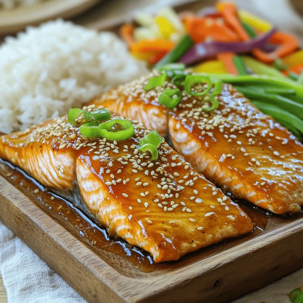 - 4 salmon fillets (skin-on) - 1/4 cup honey - 4 cloves garlic, minced The salmon fillets are our star. Skin-on keeps it juicy and crispy. Honey brings sweetness, while minced garlic adds a big flavor punch. - 2 tablespoons soy sauce - 1 tablespoon olive oil - 1 teaspoon ginger, grated Soy sauce gives depth to our sauce. Olive oil helps cook the salmon perfectly. Ginger adds a spicy kick that balances the honey. - 1 tablespoon sesame seeds - 2 green onions, sliced Sesame seeds add crunch and beauty. Green onions provide a fresh bite and pop of color. For the full recipe and detailed instructions, check out the [Full Recipe]. Whisking the marinade Start by making the marinade. In a small bowl, whisk together the honey, minced garlic, soy sauce, olive oil, and grated ginger. This mix will give your salmon a sweet and savory flavor. Set the marinade aside while you prep the salmon. Seasoning the salmon Next, take your salmon fillets and season both sides with salt and pepper. This step adds flavor and helps create a delicious crust when cooking. Preheating the skillet Now, it’s time to cook! Preheat a large skillet over medium-high heat. Add a teaspoon of olive oil to the pan. Make sure the oil is hot before adding the salmon. Cooking the salmon skin-side down Place the salmon fillets skin-side down in the skillet. Cook for about 4-6 minutes. The skin should become nice and crispy while the salmon cooks halfway through. Adding the marinade and finishing Carefully flip the salmon fillets over. Pour the honey garlic marinade over the top. Let the sauce bubble and thicken for about 3-4 minutes. In the last minute, sprinkle sesame seeds on top. This adds crunch and flavor. Once the salmon is cooked through, remove it from the skillet and let it rest. Presentation tips For a beautiful presentation, serve the salmon on a platter. Drizzle with any remaining sauce from the skillet. Complementary sides Pair your salmon with steamed rice or a fresh vegetable stir-fry. These sides complete the meal and enhance the flavors of the salmon. For the full recipe, check the detailed instructions above. Enjoy your cooking adventure! To get that crispy skin on the salmon, always use skin-on fillets. The skin protects the fish while it cooks. It also adds flavor and texture. When cooking, heat your skillet to medium-high. A hot pan helps the skin get nice and crispy without overcooking the salmon. Want to spice things up? Add a pinch of red pepper flakes to the honey garlic sauce. This gives a nice kick! You can also try other fish, like trout or tilapia. Both cook well and absorb flavors nicely. If you want a different sweetness, try maple syrup or agave. Both work great in this recipe. For a gluten-free option, use tamari instead of soy sauce. This keeps the dish tasty and safe for those with gluten sensitivities. {{image_2}} To keep your leftover crispy honey garlic salmon fresh, place it in an airtight container. Make sure to cool it down to room temperature first. You can store it in the fridge for up to three days. When you prepare the salmon, use the skin-on fillets. This helps retain moisture and flavor, making your leftovers even better. Reheating salmon can be tricky if you want to keep it crispy. I recommend using an oven or an air fryer. Preheat your oven to 350°F (175°C). Place the salmon on a baking sheet and heat for about 10 minutes. If using an air fryer, set it to 350°F (175°C) and cook for about 5-7 minutes. This method keeps the skin crispy while warming the fish. If you want to save salmon for later, freezing works well. Wrap each fillet tightly in plastic wrap, then place them in a freezer bag. Remove as much air as possible to prevent freezer burn. You can freeze the salmon for up to three months. When ready to eat, thaw it in the fridge overnight before cooking. This ensures your salmon stays flavorful and delicious. Honey garlic salmon can last in the fridge for 3 to 4 days. To keep it fresh, store it in an airtight container. Look for signs of spoilage, like a sour smell or a slimy texture. If you notice either of these, it’s time to throw it out. Yes, you can use frozen salmon for this recipe. Thaw the salmon in the fridge overnight for best results. If you’re in a hurry, place it in a sealed bag and run cold water over it for about 30 minutes. Once thawed, pat it dry with a paper towel before cooking. This helps the skin get nice and crispy. You can tell salmon is done when it flakes easily with a fork. The inside should be an opaque pink color. If you have a food thermometer, aim for an internal temperature of 145°F. It’s best to check it a minute or two early to avoid overcooking. Enjoy your perfectly cooked salmon! This dish is quick and tasty. You can make crispy honey garlic salmon in just 30 minutes. First, you will make a sweet and savory marinade. Then, cook the salmon in a hot skillet. The result is a dish bursting with flavor and a perfect crunch. Here’s what you need: - 4 salmon fillets (skin-on) - 1/4 cup honey - 4 cloves garlic, minced - 2 tablespoons soy sauce - 1 tablespoon olive oil - 1 teaspoon ginger, grated - Salt and pepper to taste - 1 tablespoon sesame seeds - 2 green onions, sliced (for garnish) Instructions: 1. In a small bowl, whisk together the honey, minced garlic, soy sauce, olive oil, and grated ginger to create the marinade. Set aside. 2. Season the salmon fillets with salt and pepper on both sides. 3. Preheat a large skillet over medium-high heat. Add a teaspoon of olive oil to the pan. 4. Once the pan is hot, place the salmon fillets skin-side down in the skillet. Cook for about 4-6 minutes until the skin is crispy and the salmon is cooked halfway through. 5. Carefully flip the salmon fillets and pour the honey garlic marinade over the top. Allow the sauce to bubble and thicken, cooking for an additional 3-4 minutes. 6. During the last minute of cooking, sprinkle sesame seeds over the salmon. 7. Once cooked through and the sauce is glossy, remove the salmon from the skillet and let it rest for a moment. 8. Garnish with sliced green onions before serving. Prep Time: 10 minutes | Total Time: 30 minutes | Servings: 4 Serve the salmon on a platter drizzled with the remaining sauce. Pair it with steamed rice or a fresh vegetable stir-fry for a complete meal. Each serving has about: - Calories: 350 - Protein: 30g - Carbs: 24g - Fat: 15g This salmon dish is not only quick to make but also packed with nutrients. Enjoy your meal! In this post, we explored how to make delicious honey garlic salmon. We covered key ingredients, cooking steps, and tips for the best results. Remember to use skin-on salmon for crispiness, and feel free to try new flavor variations. Proper storage and reheating methods keep leftovers tasty. Whether you choose to serve it with rice or veggies, this dish is sure to impress. With these techniques, you can enjoy a healthy, standout meal anytime. Enjoy your cooking and your delicious salmon!