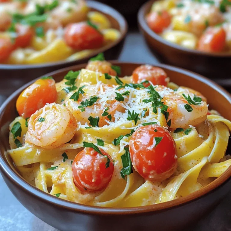 - 8 oz fettuccine pasta - 1 lb shrimp, peeled and deveined - 2 tablespoons Cajun seasoning - 2 tablespoons olive oil - 1 small onion, finely chopped - 3 cloves garlic, minced - 1 cup heavy cream - 1 cup cherry tomatoes, halved - 1/2 cup grated Parmesan cheese - 1/4 cup chopped fresh parsley - Salt and pepper to taste - Large pot for boiling pasta - Skillet for cooking sauce and shrimp - Mixing bowls - Measuring cups and spoons To make Creamy Cajun Shrimp Pasta, you need simple yet bold ingredients. The fettuccine pasta gives a nice base, while the shrimp adds protein. Cajun seasoning brings the heat and flavor. Olive oil is perfect for cooking your shrimp. You should also gather some fresh veggies. The onion and garlic will create a great aroma. Heavy cream makes your sauce rich and smooth. Cherry tomatoes add a pop of color and sweetness. Parmesan cheese ties everything together with its salty flavor. Fresh parsley will add a nice touch at the end. You will need a large pot to boil your pasta. A skillet is key for cooking the sauce and shrimp. Mixing bowls help when preparing ingredients. Make sure to have measuring cups and spoons ready to get the right amounts. For the full recipe, check out the [Full Recipe]. To start, boil your fettuccine pasta in a large pot of salted water. Follow the package instructions to cook it until it's al dente. This means it should be tender but still have a slight bite. After draining the pasta, remember to save about 1/2 cup of the cooking water. This water is starchy and will help make your sauce creamy. Next, take your shrimp and toss it in a bowl with Cajun seasoning. Make sure every shrimp is well-coated. This gives them a nice kick. Heat olive oil in a large skillet over medium heat. Once hot, add the shrimp and cook for about 2-3 minutes on each side. They should turn pink and be fully cooked. Remove them from the skillet and set them aside. In the same skillet, add the chopped onion. Sauté it until it becomes soft and clear, about 3-4 minutes. Then, add minced garlic and cook for another minute. Pour in the heavy cream and let it simmer gently. Add halved cherry tomatoes and cook for about 2-3 minutes until they soften. Now, mix in the grated Parmesan cheese. Stir it until it melts and blends well. If the sauce is too thick, add some of that reserved pasta water to reach your desired creaminess. Finally, return the cooked shrimp and fettuccine to the skillet, tossing everything together. Adjust the flavor with salt and pepper as needed. For the full recipe, refer to the [Full Recipe]. To avoid overcooking the shrimp, watch the color. Cook them until they turn pink, about 2-3 minutes per side. If they cook too long, they will become rubbery. For the perfect creamy consistency, add the cream slowly. Stir often and adjust with reserved pasta water if it gets too thick. You can boost the flavor with extra spices. Consider adding smoked paprika or red pepper flakes for heat. Fresh herbs like thyme or basil can also elevate the dish. When seasoning, taste as you go. This helps balance the flavors and prevent over-seasoning. Serve the creamy pasta in shallow bowls for a lovely look. Garnish with fresh parsley and a sprinkle of Parmesan cheese. Adding cherry tomato halves on top will brighten the dish. These simple touches make your meal more inviting and fun to eat. Enjoy every bite! {{image_2}} You can switch shrimp for other proteins. Chicken works well and adds a nice flavor. Just cook it until golden brown. Sausage is another tasty choice. It gives a different kick and pairs well with the sauce. For a vegetarian option, use mushrooms or tofu. Mushrooms add a nice umami flavor. Tofu soaks up the sauce, making each bite tasty. Both options keep the dish hearty and satisfying. Feel free to swap fettuccine for other pasta types. Penne or linguine can work just as well. Choose a pasta that you love. Whole-grain or gluten-free pasta is also an option for health-conscious cooks. If you want a lighter dish, try low-fat cream. You can use half-and-half or even a plant-based milk. This keeps the dish creamy while cutting some fat. Cajun seasoning is key to this dish's flavor. If you like more heat, add extra seasoning or red pepper flakes. Just a little can make a big difference. If you prefer a milder flavor, reduce the amount of Cajun seasoning. You can also use smoked paprika for a subtle smokiness without too much heat. This way, you can enjoy the dish at your own spice level. For the full recipe, check out the Creamy Cajun Shrimp Pasta details above. To keep your creamy Cajun shrimp pasta fresh, store it right. First, let it cool down to room temperature. Then, pack it in airtight containers. Glass or plastic containers work well. Make sure to seal them tightly to prevent air from getting in. You can keep leftovers in the fridge for up to three days. When you're ready to enjoy leftovers, reheat them gently. The best method is on the stovetop. Add a splash of water or some extra cream to the pan. This helps restore the creamy texture. Heat it over low to medium heat, stirring often. Avoid high heat to keep the pasta from drying out. If you want to freeze your pasta, do it right away. Place the cooled pasta in a freezer-safe container. Leave some space at the top, as it will expand when frozen. You can freeze it for up to three months. To thaw, move it to the fridge overnight. For reheating, use the stovetop method again. Add a little liquid to help regain that creamy goodness. Enjoy your Creamy Cajun Shrimp Pasta any time! Creamy Cajun Shrimp Pasta can last up to three days in the fridge. Store it in an airtight container. Before eating, check for signs of spoilage. If it smells sour or has a strange texture, it's best to toss it. Yes, you can prep parts of this recipe ahead. Cook the pasta and shrimp in advance, then store them separately. The sauce can also be made and stored in the fridge. Just warm everything up before serving. This makes dinner easy on busy nights. Pair this dish with a light salad or garlic bread. A fresh green salad with a simple vinaigrette works well. You can also serve it with a glass of chilled white wine, like Sauvignon Blanc. Absolutely! This recipe is great for meal prep. Portion it into containers for easy meals. You can also freeze individual servings. Just reheat in the microwave or on the stove, adding a splash of cream if needed. For the full recipe, check out our detailed instructions! This blog post covered creamy Cajun shrimp pasta, from ingredients to storage tips. You learned how to cook perfectly seasoned shrimp and create a smooth sauce. We shared useful tips for flavor and presentation, plus tasty variations for dietary needs. Finally, you now know how to store and reheat leftovers. Enjoy making this dish, and remember, cooking can be fun and creative!