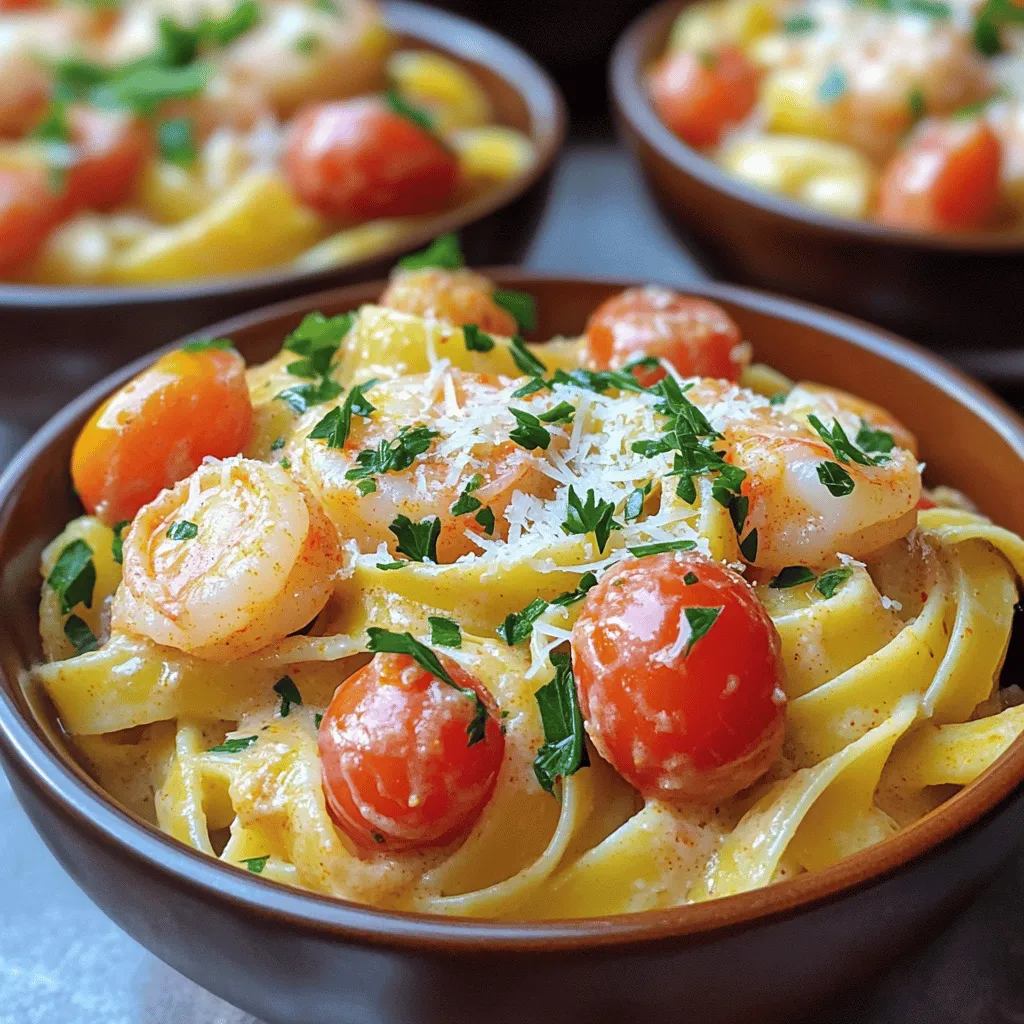 - 8 oz fettuccine pasta - 1 lb shrimp, peeled and deveined - 2 tablespoons Cajun seasoning - 2 tablespoons olive oil - 1 small onion, finely chopped - 3 cloves garlic, minced - 1 cup heavy cream - 1 cup cherry tomatoes, halved - 1/2 cup grated Parmesan cheese - 1/4 cup chopped fresh parsley - Salt and pepper to taste - Large pot for boiling pasta - Skillet for cooking sauce and shrimp - Mixing bowls - Measuring cups and spoons To make Creamy Cajun Shrimp Pasta, you need simple yet bold ingredients. The fettuccine pasta gives a nice base, while the shrimp adds protein. Cajun seasoning brings the heat and flavor. Olive oil is perfect for cooking your shrimp. You should also gather some fresh veggies. The onion and garlic will create a great aroma. Heavy cream makes your sauce rich and smooth. Cherry tomatoes add a pop of color and sweetness. Parmesan cheese ties everything together with its salty flavor. Fresh parsley will add a nice touch at the end. You will need a large pot to boil your pasta. A skillet is key for cooking the sauce and shrimp. Mixing bowls help when preparing ingredients. Make sure to have measuring cups and spoons ready to get the right amounts. For the full recipe, check out the [Full Recipe]. To start, boil your fettuccine pasta in a large pot of salted water. Follow the package instructions to cook it until it's al dente. This means it should be tender but still have a slight bite. After draining the pasta, remember to save about 1/2 cup of the cooking water. This water is starchy and will help make your sauce creamy. Next, take your shrimp and toss it in a bowl with Cajun seasoning. Make sure every shrimp is well-coated. This gives them a nice kick. Heat olive oil in a large skillet over medium heat. Once hot, add the shrimp and cook for about 2-3 minutes on each side. They should turn pink and be fully cooked. Remove them from the skillet and set them aside. In the same skillet, add the chopped onion. Sauté it until it becomes soft and clear, about 3-4 minutes. Then, add minced garlic and cook for another minute. Pour in the heavy cream and let it simmer gently. Add halved cherry tomatoes and cook for about 2-3 minutes until they soften. Now, mix in the grated Parmesan cheese. Stir it until it melts and blends well. If the sauce is too thick, add some of that reserved pasta water to reach your desired creaminess. Finally, return the cooked shrimp and fettuccine to the skillet, tossing everything together. Adjust the flavor with salt and pepper as needed. For the full recipe, refer to the [Full Recipe]. To avoid overcooking the shrimp, watch the color. Cook them until they turn pink, about 2-3 minutes per side. If they cook too long, they will become rubbery. For the perfect creamy consistency, add the cream slowly. Stir often and adjust with reserved pasta water if it gets too thick. You can boost the flavor with extra spices. Consider adding smoked paprika or red pepper flakes for heat. Fresh herbs like thyme or basil can also elevate the dish. When seasoning, taste as you go. This helps balance the flavors and prevent over-seasoning. Serve the creamy pasta in shallow bowls for a lovely look. Garnish with fresh parsley and a sprinkle of Parmesan cheese. Adding cherry tomato halves on top will brighten the dish. These simple touches make your meal more inviting and fun to eat. Enjoy every bite! {{image_2}} You can switch shrimp for other proteins. Chicken works well and adds a nice flavor. Just cook it until golden brown. Sausage is another tasty choice. It gives a different kick and pairs well with the sauce. For a vegetarian option, use mushrooms or tofu. Mushrooms add a nice umami flavor. Tofu soaks up the sauce, making each bite tasty. Both options keep the dish hearty and satisfying. Feel free to swap fettuccine for other pasta types. Penne or linguine can work just as well. Choose a pasta that you love. Whole-grain or gluten-free pasta is also an option for health-conscious cooks. If you want a lighter dish, try low-fat cream. You can use half-and-half or even a plant-based milk. This keeps the dish creamy while cutting some fat. Cajun seasoning is key to this dish's flavor. If you like more heat, add extra seasoning or red pepper flakes. Just a little can make a big difference. If you prefer a milder flavor, reduce the amount of Cajun seasoning. You can also use smoked paprika for a subtle smokiness without too much heat. This way, you can enjoy the dish at your own spice level. For the full recipe, check out the Creamy Cajun Shrimp Pasta details above. To keep your creamy Cajun shrimp pasta fresh, store it right. First, let it cool down to room temperature. Then, pack it in airtight containers. Glass or plastic containers work well. Make sure to seal them tightly to prevent air from getting in. You can keep leftovers in the fridge for up to three days. When you're ready to enjoy leftovers, reheat them gently. The best method is on the stovetop. Add a splash of water or some extra cream to the pan. This helps restore the creamy texture. Heat it over low to medium heat, stirring often. Avoid high heat to keep the pasta from drying out. If you want to freeze your pasta, do it right away. Place the cooled pasta in a freezer-safe container. Leave some space at the top, as it will expand when frozen. You can freeze it for up to three months. To thaw, move it to the fridge overnight. For reheating, use the stovetop method again. Add a little liquid to help regain that creamy goodness. Enjoy your Creamy Cajun Shrimp Pasta any time! Creamy Cajun Shrimp Pasta can last up to three days in the fridge. Store it in an airtight container. Before eating, check for signs of spoilage. If it smells sour or has a strange texture, it's best to toss it. Yes, you can prep parts of this recipe ahead. Cook the pasta and shrimp in advance, then store them separately. The sauce can also be made and stored in the fridge. Just warm everything up before serving. This makes dinner easy on busy nights. Pair this dish with a light salad or garlic bread. A fresh green salad with a simple vinaigrette works well. You can also serve it with a glass of chilled white wine, like Sauvignon Blanc. Absolutely! This recipe is great for meal prep. Portion it into containers for easy meals. You can also freeze individual servings. Just reheat in the microwave or on the stove, adding a splash of cream if needed. For the full recipe, check out our detailed instructions! This blog post covered creamy Cajun shrimp pasta, from ingredients to storage tips. You learned how to cook perfectly seasoned shrimp and create a smooth sauce. We shared useful tips for flavor and presentation, plus tasty variations for dietary needs. Finally, you now know how to store and reheat leftovers. Enjoy making this dish, and remember, cooking can be fun and creative!