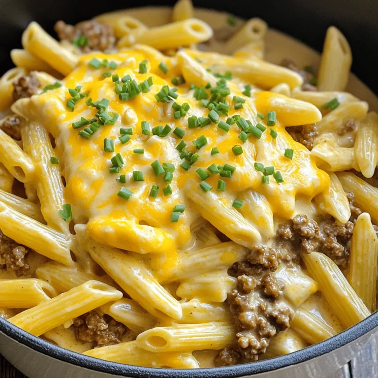Here’s what you need for One-Pot Beef and Cheddar Ranch Pasta: - 1 pound ground beef - 12 ounces penne pasta - 4 cups beef broth - 1 packet (1 ounce) ranch dressing mix - 1 cup shredded sharp cheddar cheese - 1 cup sour cream - 1 tablespoon olive oil - 1 teaspoon garlic powder - 1 teaspoon onion powder - Salt and pepper to taste - Chopped fresh chives or parsley for garnish These ingredients come together to create a rich and creamy pasta dish. The ground beef provides protein, while the ranch dressing mix adds a unique flavor twist. The penne pasta soaks up all the delicious broth and ranch mix, making each bite full of taste. The sharp cheddar gives a nice cheesy finish, and sour cream adds creaminess. Fresh herbs brighten the dish and make it look pretty. When you gather these ingredients, you set yourself up for a fun cooking experience. Cooking should be easy and enjoyable. So, let’s get started with the full recipe! - First, heat 1 tablespoon of olive oil in a large pot over medium heat. - Next, add 1 pound of ground beef. Break it up with a wooden spoon. - Season the beef with salt, pepper, 1 teaspoon of garlic powder, and 1 teaspoon of onion powder. Cook until it is browned, around 5-7 minutes. - After that, drain any excess grease from the pot. - Now, stir in 4 cups of beef broth and 1 packet of ranch dressing mix. Mix this well. - Bring the mixture to a boil. Once boiling, add 12 ounces of penne pasta. - Lower the heat to medium-low and cover the pot. Simmer for about 12-15 minutes. Stir occasionally to keep pasta from sticking. - When the pasta is cooked al dente, stir in 1 cup of sour cream and half of the 1 cup of shredded cheddar cheese. Mix until creamy. - Remove the pot from heat and sprinkle the rest of the cheddar cheese on top. Cover the pot for a few minutes to melt the cheese. - Finally, garnish with chopped chives or parsley before serving. For the full recipe, you can check the earlier section. To make your one-pot beef and cheddar ranch pasta shine, follow these tips: - Ensuring the pasta does not stick: Stir the pasta often while it cooks. This keeps the noodles moving and prevents them from clumping together. Adding a little extra beef broth also helps. - Best practices for browning the beef: Use medium heat and break the meat into small pieces. Don’t overcrowd the pan. This allows the beef to brown nicely without steaming. - Adjusting the seasoning: Taste as you cook. If it feels bland, add more salt or ranch mix. A dash of pepper can also elevate the flavor. Want to take your dish to the next level? Try these ideas: - Adding vegetables for more nutrition: Toss in some chopped bell peppers, spinach, or peas. They add color and nutrients. Add them when you stir in the beef broth for a nice cook. - Alternative cheese options: While cheddar is great, you can swap it for Monterey Jack or pepper jack. These cheeses can add a unique flavor twist to your dish. - Spicy variations with added ingredients: If you like heat, add diced jalapeños or crushed red pepper flakes. Start small, then adjust to your taste. This adds a kick that pairs well with the creamy sauce. For the complete recipe, check out the [Full Recipe]. {{image_2}} You can switch out the ground beef for turkey or chicken. This gives the dish a lighter taste. Ground turkey works well and keeps it juicy. Chicken offers a different flavor that many enjoy. If you want a meatless option, try using lentils or chickpeas. They add protein and fiber while being very filling. If you need a gluten-free option, use gluten-free pasta. Many brands now offer great pasta that cooks just like regular. For those on a keto diet, try using zucchini noodles or shirataki noodles instead. These options cut down on carbs while still being tasty. To keep your One-Pot Beef and Cheddar Ranch Pasta fresh, store leftovers in the fridge. First, let the pasta cool to room temperature. Then, place it in an airtight container. This helps keep the flavors intact and prevents moisture loss. I recommend using glass or BPA-free plastic containers. These materials are safe and durable for food storage. When it's time to enjoy leftovers, reheating is key. You can use the microwave or stovetop for this dish. For the microwave, place a portion in a bowl. Add a splash of beef broth or water to keep it moist. Heat it in short bursts, stirring in between. This keeps the pasta from drying out. If you prefer stovetop reheating, pour the pasta into a pan. Add a bit of beef broth to the pan and heat over low. Stir often and watch for the cheese to melt again. This method keeps the flavor rich and creamy. Enjoy your meal just as tasty as the first time! How long does it take to cook One-Pot Beef and Cheddar Ranch Pasta? It takes about 30 minutes from start to finish. You spend 10 minutes prepping and 20 minutes cooking. This quick meal fits into busy days. Can I use different types of pasta? Yes, you can! Feel free to use any pasta shape you like. Just adjust the cooking time based on the type of pasta you choose. Can I make this dish ahead of time? Yes, you can prepare it ahead. Cook it, let it cool, then store it in the fridge. Reheat when you're ready to eat. What can I use instead of ranch dressing mix? You can make a mix with equal parts garlic powder, onion powder, and dried herbs. This gives you a fresh taste without the packet. Is there a dairy-free option for this recipe? Absolutely! Use dairy-free cheese and replace sour cream with a dairy-free yogurt. This keeps the dish creamy and tasty. What to serve with One-Pot Beef and Cheddar Ranch Pasta? Pair it with a fresh salad or crusty bread. These sides balance the richness of the pasta and add freshness. Can this dish be frozen for later use? Yes, you can freeze it! Portion it into containers and store it. Thaw in the fridge before reheating for the best taste. For the Full Recipe, check above! This One-Pot Beef and Cheddar Ranch Pasta is simple, tasty, and perfect for everyone. We covered easy steps to cook it, from sautéing beef to serving it hot. Remember, you can change ingredients like using chicken or veggies. Store any leftovers correctly and reheat them easily. With this recipe, dinner is quick, fun, and satisfying. Enjoy making it your own and delight your family with something new and delicious.