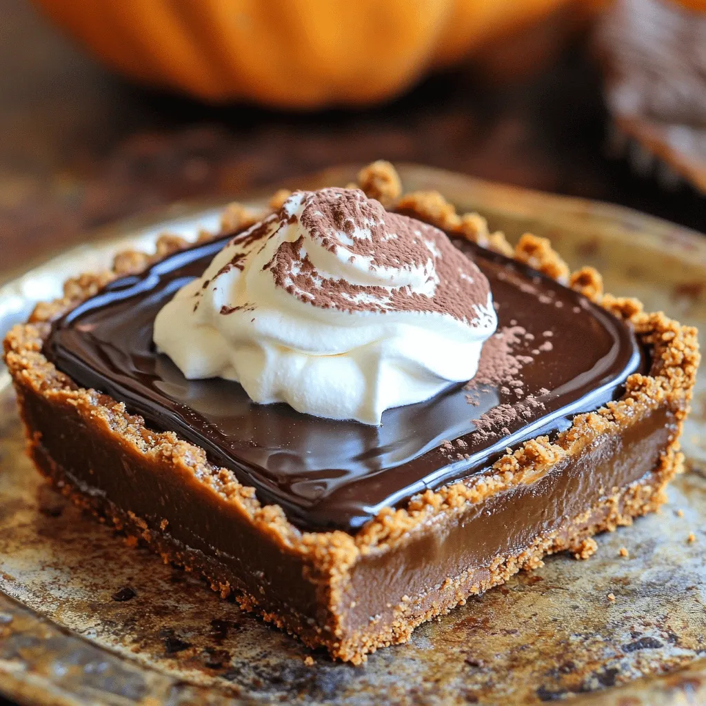 To make the best dark chocolate pumpkin tart, gather these key ingredients: - 1 ½ cups graham cracker crumbs - ½ cup unsweetened cocoa powder - ½ cup unsalted butter, melted - 1 (15-ounce) can pumpkin puree - 1 cup heavy cream These ingredients form the base for a rich and creamy tart. The graham cracker crumbs create a sweet crust, while the cocoa powder adds depth. The pumpkin puree brings a warm, earthy flavor, and the heavy cream contributes to the tart's smooth texture. To elevate your tart, consider these garnishes: - Whipped cream - Cocoa powder for dusting Whipped cream adds a light, fluffy touch. Dusting cocoa powder on top gives a nice visual contrast and extra flavor. If you need alternatives, here are some options: - For a gluten-free crust, use almond flour or gluten-free cookies. - For a dairy-free option, substitute heavy cream with coconut cream or almond milk. These substitutions allow more people to enjoy this delicious tart without dietary concerns. First, preheat your oven to 350°F (175°C). This step warms the oven for the crust. In a mixing bowl, combine 1 ½ cups graham cracker crumbs, ½ cup unsweetened cocoa powder, ½ cup melted unsalted butter, and 3 tablespoons sugar. Mix these ingredients until they feel like wet sand. Next, press this mixture firmly into the bottom and up the sides of a 9-inch tart pan. A removable bottom is great for easy serving. In a large bowl, whisk together 1 can of pumpkin puree, 1 cup heavy cream, ½ cup brown sugar, ½ teaspoon vanilla extract, 1 teaspoon pumpkin pie spice, and 2 large eggs. Keep whisking until the mixture is smooth. In a microwave-safe bowl, melt 1 cup of dark chocolate chips in 30-second bursts. Stir each time until smooth. Slowly pour the melted chocolate into the pumpkin mixture, whisking constantly until fully combined. Carefully pour the chocolate-pumpkin filling into your cooled tart crust. Use a spatula to smooth the top. Bake the tart in the oven for 40-45 minutes. The filling should be set but still slightly jiggly in the center. After baking, remove the tart and let it cool at room temperature for about 30 minutes. Refrigerate for at least 2 hours to set the filling completely. When ready, slice the tart and serve with whipped cream and a light dusting of cocoa powder. For the full recipe, check the details above. Chilling the tart is vital for a great texture. After baking, let it cool for about 30 minutes. Then, put it in the fridge for at least two hours. This sets the filling and makes it firm. To achieve the right filling consistency, whisk your ingredients well. Mix the pumpkin puree, cream, and eggs until smooth. Melt your dark chocolate carefully. Stir it into the filling slowly, so it blends well. This creates a rich, creamy texture. A beautiful tart is a joy to serve. For a chocolate drizzle, melt a bit more dark chocolate. Use a spoon to drizzle it over the tart. You can create fun patterns or lines. For a festive touch, serve with whipped cream. Add a light dusting of cocoa powder on top. This adds a nice visual contrast. You can also use seasonal fruit to decorate your tart. Fresh berries or sliced oranges look lovely. To make your tart even better, consider adding spices. A pinch of cinnamon or nutmeg can deepen the flavor. These spices complement the pumpkin well. Pair your tart with beverages too. A cup of coffee or hot cocoa works great. If you prefer something cold, try a sweet dessert wine. These drinks enhance the flavors of the tart nicely. For the full recipe, check the detailed steps and enjoy making this delicious dessert! {{image_2}} You can take this dark chocolate pumpkin tart to new heights. Adding orange zest gives a bright, citrus kick. The zest brings a fresh aroma and balances the rich chocolate. You can add about a tablespoon to the filling for a hint of brightness. You can also play with different chocolate types. Dark chocolate gives a deep flavor, but semi-sweet or even white chocolate can work too. Each type changes the taste and richness of the tart. Mix and match based on your mood or what you have at home. For those who follow a vegan diet, I have great news! You can make a vegan version of this tart. Replace the eggs with flaxseed meal or chia seeds mixed with water. Use coconut cream instead of heavy cream. This keeps the tart creamy and delicious without using any animal products. If you're watching your sugar intake, try using a sugar substitute. Options like stevia or erythritol work well. You can also use less brown sugar in the filling. This way, you can enjoy a tasty treat that fits your dietary needs. Cranberries bring a festive touch to your tart. You can sprinkle them on top after baking or mix them into the filling. Their tartness contrasts nicely with the sweetness of the pumpkin and chocolate. You can also customize toppings for different holidays. For Halloween, try adding candy corn or chocolate bats. For Thanksgiving, a sprinkle of chopped nuts or pomegranate seeds adds color. These small changes can make your tart special for any celebration. For the full recipe, check out the detailed steps and ingredients above. To keep your dark chocolate pumpkin tart fresh, store it in the fridge. Place it in an airtight container. If you don't have one, cover it tightly with plastic wrap. This helps prevent it from absorbing odors. If you want to preserve it longer, you can freeze the tart. Wrap it in plastic wrap, then foil. This double layer keeps it safe from freezer burn. When ready to eat, thaw it in the fridge overnight. For the best taste, eat the tart within five days. Store it in the fridge to maintain its flavor and texture. If you see any mold or it smells funny, throw it away. Freshness is key to enjoying this dessert. Signs of spoilage include: - Unpleasant smell - Mold spots - A change in texture If you want to warm up the tart, the oven is best. Preheat it to 350°F (175°C). Place the tart on a baking sheet. Heat for about 10–15 minutes. This keeps the crust crisp and the filling creamy. Avoid the microwave, as it can make the tart soggy. Enjoy your delicious slice warm or chilled! You can use several options instead of graham cracker crumbs. Digestive biscuits work well for a similar texture. You can also try crushed cookies, like Oreos or vanilla wafers. If you want a nutty flavor, use crushed nuts or nut flour. Almond flour or ground pecans can make a great base too. Yes, you can make this tart ahead of time. Prepare the tart and let it cool completely. Then, store it in the fridge for up to three days. Cover it well to keep it fresh. You can also freeze the tart for longer storage. Just wrap it tightly in plastic wrap and foil. Thaw it in the fridge before serving. To check if your tart is done, look for a slightly jiggly center. It should not be liquid but still move a bit when you shake it. You can also insert a toothpick into the filling. If it comes out mostly clean, your tart is ready. Let it cool before slicing for the best texture. In this article, we explored how to make a delicious dark chocolate pumpkin tart. You learned about essential ingredients, optional garnishes, and helpful substitutions for special diets. I shared step-by-step instructions for prepping the crust, making the filling, and baking the tart. We also discussed tips to enhance texture and flavor, along with serving suggestions. With these insights, you can create a stunning treat for any occasion. Enjoy your baking journey!
