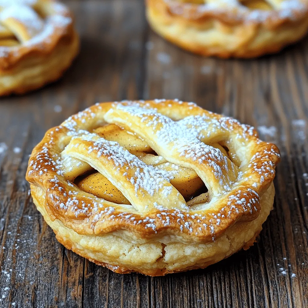 To make perfect apple pie cookies, you need these key ingredients: - 2 cups all-purpose flour - 1/2 teaspoon salt - 1/2 teaspoon baking powder - 1/2 cup unsalted butter, softened - 1/2 cup granulated sugar - 1 large egg - 1 teaspoon vanilla extract - 1 teaspoon ground cinnamon - 2 medium apples, peeled and diced (preferably Granny Smith or Honeycrisp) - 1/3 cup brown sugar, packed - 1 tablespoon lemon juice - 1 tablespoon cornstarch - 1 egg yolk (for egg wash) - 1 tablespoon milk (for egg wash) - Optional: powdered sugar for dusting These ingredients work together to create a tasty cookie. The apples give it that classic pie flavor, while the spices add warmth. The butter keeps the cookies rich and tender. You can add these optional ingredients for more flavor: - Chopped nuts like walnuts or pecans - A dash of nutmeg for extra spice - A splash of caramel sauce in the filling Feel free to experiment! These additions can make your cookies even more special. If you don’t have some ingredients, here are easy swaps: - Use whole wheat flour instead of all-purpose flour for more fiber. - Replace unsalted butter with coconut oil for a dairy-free version. - Swap granulated sugar for maple syrup or honey, adjusting the liquid in the recipe. These substitutions help you adapt the recipe to your taste or dietary needs. Now you're all set to make delicious apple pie cookies! For the complete recipe, check out the Full Recipe. Start by mixing 2 cups of all-purpose flour, 1/2 teaspoon of salt, and 1/2 teaspoon of baking powder in a medium bowl. In a large bowl, cream together 1/2 cup of softened unsalted butter and 1/2 cup of granulated sugar. Mix them until they are light and fluffy. Add in 1 large egg and 1 teaspoon of vanilla extract. Stir until well combined. Gradually add the flour mixture to the butter mix. Stir until a dough forms. Wrap the dough in plastic wrap and chill it in the fridge for 30 minutes. While the dough chills, prepare the filling. In a medium bowl, mix 2 medium diced apples, 1/3 cup of packed brown sugar, 1 tablespoon of lemon juice, 1 teaspoon of ground cinnamon, and 1 tablespoon of cornstarch. Stir well until the apples are coated. Let the filling sit for about 10 minutes. This will help the flavors meld together nicely. Preheat your oven to 350°F (175°C) and line a baking sheet with parchment paper. Roll out the chilled dough on a floured surface, making it about 1/8 inch thick. Use a cookie cutter, around 3 inches in diameter, to cut out circles. On half of these circles, place a tablespoon of the apple filling in the center. Fold the other half over to create a pocket. Use a fork to press the edges and seal them well. In a small bowl, whisk together 1 egg yolk and 1 tablespoon of milk. Brush this mixture on top of the cookies for a shiny finish. Bake the cookies in your preheated oven for 15-18 minutes, until they are golden brown and puffed. Enjoy the smell of baked apples! To get great texture in your cookies, keep your butter cold. Use cold butter when mixing. This helps the cookies stay puffy and soft. Chill your dough for 30 minutes before rolling. This step helps the dough firm up. Aim for a dough that feels smooth and not sticky. If it sticks, add a bit of flour. One big mistake is overworking the dough. If you mix too much, your cookies can become tough. Another mistake is not using enough flour when rolling. This can cause the dough to stick to your surface. Don't skip the egg wash! It gives a nice shine to your cookies. Always work on a floured surface. This makes rolling easier and prevents sticking. Use a rolling pin to keep the dough even. If the dough gets warm, pop it back in the fridge. When cutting out shapes, press straight down without twisting. This helps the edges of your cookies stay sharp. For the best results, follow the Full Recipe for clear steps. {{image_2}} You can easily change the taste of your apple pie cookies. Try adding nuts like walnuts or pecans for a crunch. A sprinkle of nutmeg gives a warm spice. You may also add a splash of maple syrup for sweetness. For a twist, consider mixing in dried cranberries or raisins for extra flavor. A touch of caramel sauce inside each cookie can make them even more delightful. If you need gluten-free options, use almond or coconut flour instead of regular flour. Make sure to add a binding agent like xanthan gum. For a vegan version, swap the butter for coconut oil and the egg for a flaxseed mixture. To make the flaxseed mixture, mix one tablespoon of ground flaxseed with three tablespoons of water. Let it sit for five minutes until it thickens. Seasonal changes can inspire new flavors. In fall, add chopped pumpkin or pecans to the filling. In winter, consider using spiced pears instead of apples for a festive touch. During summer, fresh berries like blueberries or raspberries can replace the apples. Each season brings a new twist to the classic recipe. For the full recipe, check the main article. To keep your cookies fresh, place them in an airtight container. This will help maintain their soft texture. You can store them at room temperature for up to five days. If you want to keep them longer, consider freezing them. If you have leftover cookies or want to make a batch ahead of time, freezing is a great option. First, let the cookies cool completely. Then, place them in a single layer on a baking sheet. Freeze them for about an hour. After that, move the cookies to a freezer-safe bag or container. They can last up to three months in the freezer. When you're ready to enjoy your frozen cookies, take them out of the freezer. Let them thaw for about 30 minutes at room temperature. To warm them up, preheat your oven to 300°F (150°C). Place the cookies on a baking sheet and heat for 5 to 10 minutes. This will restore their fresh-baked taste. Enjoy your Perfect Apple Pie Cookies anytime! For the full recipe, check out the details above. You can tell the cookies are done by their color. Look for a golden brown hue. The edges should be slightly firm, but the center can be soft. If you press gently, it should spring back a bit. A good baking time is 15-18 minutes. Keep an eye on them in the last few minutes to avoid overbaking. Yes, you can use different fruits! Pears, cherries, or peaches work well. Just make sure to adjust the sugar based on the fruit's sweetness. Also, remember to cut the fruit into small pieces, so they fit nicely in the cookie. Mixing fruits can create a fun and tasty twist too! To make your apple pie cookies crispier, try these tips: - Roll the dough thinner, about 1/8 inch thick. - Bake them a little longer, but watch closely to avoid burning. - Use a light sprinkle of sugar on top before baking. - Let the cookies cool on a wire rack to keep air flowing around them. These steps will help you achieve that delightful crunch you desire! For the full recipe, check the section above. In this post, you learned how to make delicious apple pie cookies. We covered essential and optional ingredients, plus substitutions. I walked you through each step from dough to baking. You got tips for texture and how to avoid mistakes. I shared ways to switch up the recipe for variety and how to store leftovers. Now, you're ready to create your own tasty cookies. Enjoy making these treats with your family! Happy baking!
