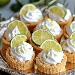 To make these mini key lime pies, gather these key ingredients: - 1 cup graham cracker crumbs - 1/4 cup granulated sugar - 1/2 teaspoon ground cinnamon - 1/4 cup unsalted butter, melted - 1 (8 oz) package cream cheese, softened - 1 can (14 oz) sweetened condensed milk - 1/2 cup fresh key lime juice - Zest of 2 key limes These ingredients create a creamy, tangy filling with a crunchy crust. The graham cracker crumbs add texture and sweetness. The key lime juice gives that perfect tart flavor that makes these pies special. You can enhance your mini pies with a few fun garnishes: - Whipped cream, for topping - Key lime slices, for garnish - Additional lime zest, for extra flair These garnishes not only make the pies look pretty but also add more flavor. A dollop of whipped cream on top makes each bite creamy and dreamy. If you need to change up the ingredients, here are some easy swaps: - Use crushed digestive biscuits instead of graham crackers for the crust. - Swap sweetened condensed milk with coconut cream for a dairy-free option. - Regular limes can replace key limes if you can’t find them. These substitutions help you customize the recipe to fit your needs. Remember, the goal is to enjoy making and eating these mini key lime pies. For the full recipe, check the details above. To start, gather your ingredients for the crust. You need graham cracker crumbs, sugar, cinnamon, and melted butter. In a mixing bowl, combine 1 cup of graham cracker crumbs, 1/4 cup of granulated sugar, and 1/2 teaspoon of ground cinnamon. This mix gives your crust a nice flavor. Next, pour in 1/4 cup of melted butter. Stir until it looks like wet sand. This means it’s ready to press. Use a muffin tin, preferably silicone, so you can remove the pies easily. Press the crumb mixture into the bottom of each muffin cup. Make sure it’s even. Now, you have a tasty crust ready for the filling. Now, let’s make the key lime filling. You’ll need cream cheese, sweetened condensed milk, fresh key lime juice, and lime zest. In a large bowl, beat 1 (8 oz) package of softened cream cheese until it’s smooth. This step is important for a creamy texture. Gradually add 1 can of sweetened condensed milk while you keep beating. This should make the mix creamy and thick. Next, mix in 1/2 cup of fresh key lime juice and the zest of 2 key limes. Stir until everything is smooth and well combined. This filling is bright and tart, perfect for your mini pies. Time to assemble! Spoon or pipe the key lime filling into each crust. Fill them to the top for a nice presentation. After you fill the crusts, refrigerate the mini pies. Let them chill for at least 4 hours, or until they are set. Once they are firm, carefully remove them from the muffin tin. Place them on a serving platter. For that extra touch, top each mini pie with whipped cream. You can also add a slice of key lime and some lime zest for garnish. These mini pies are now ready to impress! For the full recipe, be sure to check out the details. Making no-bake mini key lime pies is simple, but mistakes can happen. One common mistake is overmixing the cream cheese. This can make the filling too airy and less smooth. Another issue is not pressing the crust firmly enough. You want a solid base to hold your filling. Also, using bottled lime juice instead of fresh juice can change the taste. Fresh key limes give the best flavor. To get the perfect texture, follow these steps. First, make sure your cream cheese is at room temperature. This helps it blend smoothly with the condensed milk. Mix until creamy before adding lime juice. If you want a creamier filling, use a food processor for mixing. Chill the pies long enough. Four hours is ideal, but overnight makes them even better. You can easily make these mini pies ahead of time. They keep well in the fridge for up to three days. Just cover them tightly with plastic wrap. If you want to freeze them, make sure to leave off the whipped cream. You can add it just before serving. This way, your pies stay fresh and tasty. For the full recipe, check out the instructions above. {{image_2}} You can switch up the flavor of your mini key lime pies. A fun twist is to add coconut. To make coconut key lime pies, mix in shredded coconut into the filling. You can use about 1/2 cup of unsweetened shredded coconut. This adds a nice chew and tropical taste. You can also top the pies with toasted coconut for extra crunch. If you need gluten-free options, use gluten-free graham crackers. They work well and taste great. For a vegan version, swap out the cream cheese with a vegan cream cheese. Use a plant-based condensed milk in place of the sweetened condensed milk. This makes it easy for everyone to enjoy a tasty treat. Serving these mini pies can be fun! Try placing them in decorative cupcake liners for a pop of color. You can also add fresh berries on top for a burst of flavor. Another idea is to serve them on a fun platter with extra lime slices. This makes your dessert look fancy and inviting. You can find the full recipe and more ideas to create unique treats. To keep your no-bake mini key lime pies fresh, store them in the fridge. Use an airtight container to protect them from other odors. Arrange the pies in a single layer. If you stack them, place parchment paper between layers. These mini pies last about five days in the fridge. After that, they may lose their texture. Keep an eye on them for any signs of spoilage, like off smells or changes in color. You can freeze these pies for longer storage. First, let them set in the fridge for at least 4 hours. Then, wrap each pie tightly in plastic wrap. After that, place them in a freezer-safe bag. They can last up to three months in the freezer. When ready to eat, thaw them overnight in the fridge. Enjoy a quick treat anytime with this easy method! For the full recipe, check out the details above. Yes, you can use regular limes. Key limes have a sweeter taste. They are smaller and more aromatic. If you choose regular limes, expect a slightly different flavor. Use the same amount of juice in your recipe. Your mini pies are set when the filling is firm. They should hold their shape when removed from the muffin tin. Refrigerate them for at least 4 hours. If you press the top lightly, it should feel solid. You can serve mini key lime pies with whipped cream. Fresh berries add color and flavor. Mint leaves provide a nice touch, too. For a fun twist, try serving them with coconut flakes. Add a slice of key lime for garnish. For the full recipe, check out the details provided earlier. No-bake mini key lime pies are simple and fun to make. We covered the main ingredients, optional garnishes, and even substitutions you can try. I shared step-by-step instructions for making the crust and filling, plus tips on how to avoid mistakes. Remember, you can also explore flavor variations and storage tips to keep your treats fresh. Enjoy your mini pies, and feel free to experiment. There’s plenty of room for your own creativity in this tasty dessert!