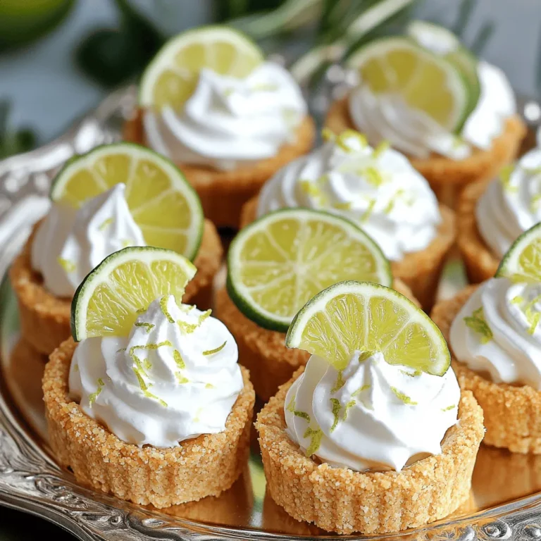 To make these mini key lime pies, gather these key ingredients: - 1 cup graham cracker crumbs - 1/4 cup granulated sugar - 1/2 teaspoon ground cinnamon - 1/4 cup unsalted butter, melted - 1 (8 oz) package cream cheese, softened - 1 can (14 oz) sweetened condensed milk - 1/2 cup fresh key lime juice - Zest of 2 key limes These ingredients create a creamy, tangy filling with a crunchy crust. The graham cracker crumbs add texture and sweetness. The key lime juice gives that perfect tart flavor that makes these pies special. You can enhance your mini pies with a few fun garnishes: - Whipped cream, for topping - Key lime slices, for garnish - Additional lime zest, for extra flair These garnishes not only make the pies look pretty but also add more flavor. A dollop of whipped cream on top makes each bite creamy and dreamy. If you need to change up the ingredients, here are some easy swaps: - Use crushed digestive biscuits instead of graham crackers for the crust. - Swap sweetened condensed milk with coconut cream for a dairy-free option. - Regular limes can replace key limes if you can’t find them. These substitutions help you customize the recipe to fit your needs. Remember, the goal is to enjoy making and eating these mini key lime pies. For the full recipe, check the details above. To start, gather your ingredients for the crust. You need graham cracker crumbs, sugar, cinnamon, and melted butter. In a mixing bowl, combine 1 cup of graham cracker crumbs, 1/4 cup of granulated sugar, and 1/2 teaspoon of ground cinnamon. This mix gives your crust a nice flavor. Next, pour in 1/4 cup of melted butter. Stir until it looks like wet sand. This means it’s ready to press. Use a muffin tin, preferably silicone, so you can remove the pies easily. Press the crumb mixture into the bottom of each muffin cup. Make sure it’s even. Now, you have a tasty crust ready for the filling. Now, let’s make the key lime filling. You’ll need cream cheese, sweetened condensed milk, fresh key lime juice, and lime zest. In a large bowl, beat 1 (8 oz) package of softened cream cheese until it’s smooth. This step is important for a creamy texture. Gradually add 1 can of sweetened condensed milk while you keep beating. This should make the mix creamy and thick. Next, mix in 1/2 cup of fresh key lime juice and the zest of 2 key limes. Stir until everything is smooth and well combined. This filling is bright and tart, perfect for your mini pies. Time to assemble! Spoon or pipe the key lime filling into each crust. Fill them to the top for a nice presentation. After you fill the crusts, refrigerate the mini pies. Let them chill for at least 4 hours, or until they are set. Once they are firm, carefully remove them from the muffin tin. Place them on a serving platter. For that extra touch, top each mini pie with whipped cream. You can also add a slice of key lime and some lime zest for garnish. These mini pies are now ready to impress! For the full recipe, be sure to check out the details. Making no-bake mini key lime pies is simple, but mistakes can happen. One common mistake is overmixing the cream cheese. This can make the filling too airy and less smooth. Another issue is not pressing the crust firmly enough. You want a solid base to hold your filling. Also, using bottled lime juice instead of fresh juice can change the taste. Fresh key limes give the best flavor. To get the perfect texture, follow these steps. First, make sure your cream cheese is at room temperature. This helps it blend smoothly with the condensed milk. Mix until creamy before adding lime juice. If you want a creamier filling, use a food processor for mixing. Chill the pies long enough. Four hours is ideal, but overnight makes them even better. You can easily make these mini pies ahead of time. They keep well in the fridge for up to three days. Just cover them tightly with plastic wrap. If you want to freeze them, make sure to leave off the whipped cream. You can add it just before serving. This way, your pies stay fresh and tasty. For the full recipe, check out the instructions above. {{image_2}} You can switch up the flavor of your mini key lime pies. A fun twist is to add coconut. To make coconut key lime pies, mix in shredded coconut into the filling. You can use about 1/2 cup of unsweetened shredded coconut. This adds a nice chew and tropical taste. You can also top the pies with toasted coconut for extra crunch. If you need gluten-free options, use gluten-free graham crackers. They work well and taste great. For a vegan version, swap out the cream cheese with a vegan cream cheese. Use a plant-based condensed milk in place of the sweetened condensed milk. This makes it easy for everyone to enjoy a tasty treat. Serving these mini pies can be fun! Try placing them in decorative cupcake liners for a pop of color. You can also add fresh berries on top for a burst of flavor. Another idea is to serve them on a fun platter with extra lime slices. This makes your dessert look fancy and inviting. You can find the full recipe and more ideas to create unique treats. To keep your no-bake mini key lime pies fresh, store them in the fridge. Use an airtight container to protect them from other odors. Arrange the pies in a single layer. If you stack them, place parchment paper between layers. These mini pies last about five days in the fridge. After that, they may lose their texture. Keep an eye on them for any signs of spoilage, like off smells or changes in color. You can freeze these pies for longer storage. First, let them set in the fridge for at least 4 hours. Then, wrap each pie tightly in plastic wrap. After that, place them in a freezer-safe bag. They can last up to three months in the freezer. When ready to eat, thaw them overnight in the fridge. Enjoy a quick treat anytime with this easy method! For the full recipe, check out the details above. Yes, you can use regular limes. Key limes have a sweeter taste. They are smaller and more aromatic. If you choose regular limes, expect a slightly different flavor. Use the same amount of juice in your recipe. Your mini pies are set when the filling is firm. They should hold their shape when removed from the muffin tin. Refrigerate them for at least 4 hours. If you press the top lightly, it should feel solid. You can serve mini key lime pies with whipped cream. Fresh berries add color and flavor. Mint leaves provide a nice touch, too. For a fun twist, try serving them with coconut flakes. Add a slice of key lime for garnish. For the full recipe, check out the details provided earlier. No-bake mini key lime pies are simple and fun to make. We covered the main ingredients, optional garnishes, and even substitutions you can try. I shared step-by-step instructions for making the crust and filling, plus tips on how to avoid mistakes. Remember, you can also explore flavor variations and storage tips to keep your treats fresh. Enjoy your mini pies, and feel free to experiment. There’s plenty of room for your own creativity in this tasty dessert!