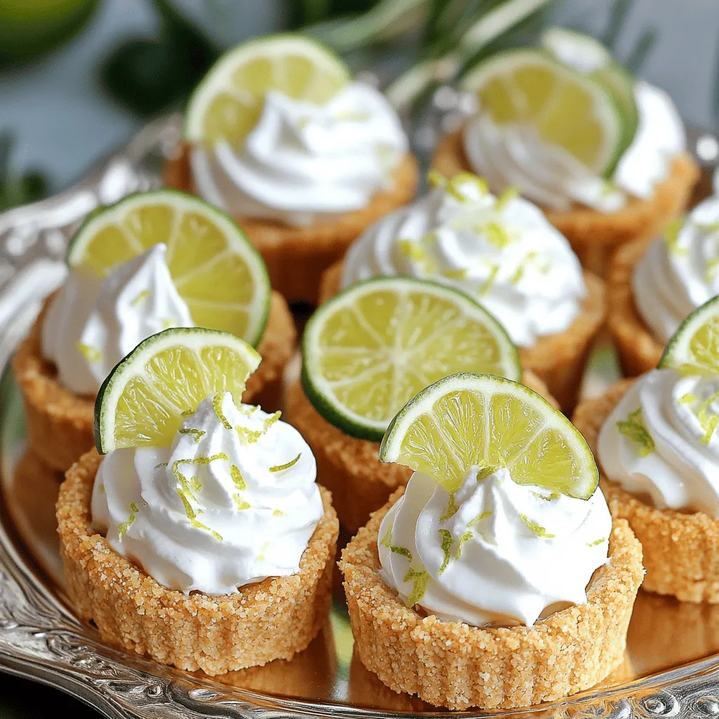 To make these mini key lime pies, gather these key ingredients: - 1 cup graham cracker crumbs - 1/4 cup granulated sugar - 1/2 teaspoon ground cinnamon - 1/4 cup unsalted butter, melted - 1 (8 oz) package cream cheese, softened - 1 can (14 oz) sweetened condensed milk - 1/2 cup fresh key lime juice - Zest of 2 key limes These ingredients create a creamy, tangy filling with a crunchy crust. The graham cracker crumbs add texture and sweetness. The key lime juice gives that perfect tart flavor that makes these pies special. You can enhance your mini pies with a few fun garnishes: - Whipped cream, for topping - Key lime slices, for garnish - Additional lime zest, for extra flair These garnishes not only make the pies look pretty but also add more flavor. A dollop of whipped cream on top makes each bite creamy and dreamy. If you need to change up the ingredients, here are some easy swaps: - Use crushed digestive biscuits instead of graham crackers for the crust. - Swap sweetened condensed milk with coconut cream for a dairy-free option. - Regular limes can replace key limes if you can’t find them. These substitutions help you customize the recipe to fit your needs. Remember, the goal is to enjoy making and eating these mini key lime pies. For the full recipe, check the details above. To start, gather your ingredients for the crust. You need graham cracker crumbs, sugar, cinnamon, and melted butter. In a mixing bowl, combine 1 cup of graham cracker crumbs, 1/4 cup of granulated sugar, and 1/2 teaspoon of ground cinnamon. This mix gives your crust a nice flavor. Next, pour in 1/4 cup of melted butter. Stir until it looks like wet sand. This means it’s ready to press. Use a muffin tin, preferably silicone, so you can remove the pies easily. Press the crumb mixture into the bottom of each muffin cup. Make sure it’s even. Now, you have a tasty crust ready for the filling. Now, let’s make the key lime filling. You’ll need cream cheese, sweetened condensed milk, fresh key lime juice, and lime zest. In a large bowl, beat 1 (8 oz) package of softened cream cheese until it’s smooth. This step is important for a creamy texture. Gradually add 1 can of sweetened condensed milk while you keep beating. This should make the mix creamy and thick. Next, mix in 1/2 cup of fresh key lime juice and the zest of 2 key limes. Stir until everything is smooth and well combined. This filling is bright and tart, perfect for your mini pies. Time to assemble! Spoon or pipe the key lime filling into each crust. Fill them to the top for a nice presentation. After you fill the crusts, refrigerate the mini pies. Let them chill for at least 4 hours, or until they are set. Once they are firm, carefully remove them from the muffin tin. Place them on a serving platter. For that extra touch, top each mini pie with whipped cream. You can also add a slice of key lime and some lime zest for garnish. These mini pies are now ready to impress! For the full recipe, be sure to check out the details. Making no-bake mini key lime pies is simple, but mistakes can happen. One common mistake is overmixing the cream cheese. This can make the filling too airy and less smooth. Another issue is not pressing the crust firmly enough. You want a solid base to hold your filling. Also, using bottled lime juice instead of fresh juice can change the taste. Fresh key limes give the best flavor. To get the perfect texture, follow these steps. First, make sure your cream cheese is at room temperature. This helps it blend smoothly with the condensed milk. Mix until creamy before adding lime juice. If you want a creamier filling, use a food processor for mixing. Chill the pies long enough. Four hours is ideal, but overnight makes them even better. You can easily make these mini pies ahead of time. They keep well in the fridge for up to three days. Just cover them tightly with plastic wrap. If you want to freeze them, make sure to leave off the whipped cream. You can add it just before serving. This way, your pies stay fresh and tasty. For the full recipe, check out the instructions above. {{image_2}} You can switch up the flavor of your mini key lime pies. A fun twist is to add coconut. To make coconut key lime pies, mix in shredded coconut into the filling. You can use about 1/2 cup of unsweetened shredded coconut. This adds a nice chew and tropical taste. You can also top the pies with toasted coconut for extra crunch. If you need gluten-free options, use gluten-free graham crackers. They work well and taste great. For a vegan version, swap out the cream cheese with a vegan cream cheese. Use a plant-based condensed milk in place of the sweetened condensed milk. This makes it easy for everyone to enjoy a tasty treat. Serving these mini pies can be fun! Try placing them in decorative cupcake liners for a pop of color. You can also add fresh berries on top for a burst of flavor. Another idea is to serve them on a fun platter with extra lime slices. This makes your dessert look fancy and inviting. You can find the full recipe and more ideas to create unique treats. To keep your no-bake mini key lime pies fresh, store them in the fridge. Use an airtight container to protect them from other odors. Arrange the pies in a single layer. If you stack them, place parchment paper between layers. These mini pies last about five days in the fridge. After that, they may lose their texture. Keep an eye on them for any signs of spoilage, like off smells or changes in color. You can freeze these pies for longer storage. First, let them set in the fridge for at least 4 hours. Then, wrap each pie tightly in plastic wrap. After that, place them in a freezer-safe bag. They can last up to three months in the freezer. When ready to eat, thaw them overnight in the fridge. Enjoy a quick treat anytime with this easy method! For the full recipe, check out the details above. Yes, you can use regular limes. Key limes have a sweeter taste. They are smaller and more aromatic. If you choose regular limes, expect a slightly different flavor. Use the same amount of juice in your recipe. Your mini pies are set when the filling is firm. They should hold their shape when removed from the muffin tin. Refrigerate them for at least 4 hours. If you press the top lightly, it should feel solid. You can serve mini key lime pies with whipped cream. Fresh berries add color and flavor. Mint leaves provide a nice touch, too. For a fun twist, try serving them with coconut flakes. Add a slice of key lime for garnish. For the full recipe, check out the details provided earlier. No-bake mini key lime pies are simple and fun to make. We covered the main ingredients, optional garnishes, and even substitutions you can try. I shared step-by-step instructions for making the crust and filling, plus tips on how to avoid mistakes. Remember, you can also explore flavor variations and storage tips to keep your treats fresh. Enjoy your mini pies, and feel free to experiment. There’s plenty of room for your own creativity in this tasty dessert!