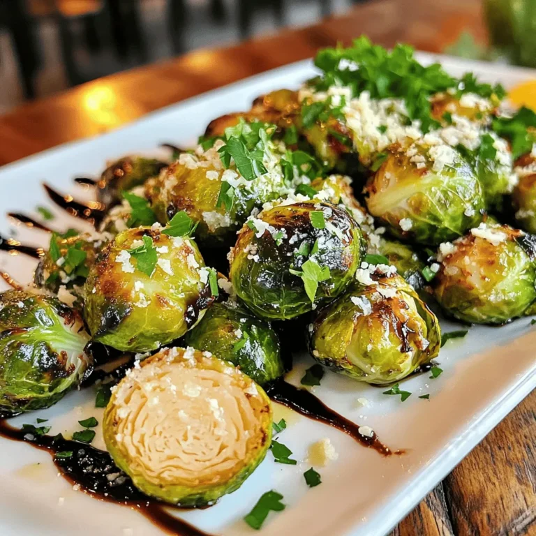 - 1 lb Brussels sprouts, trimmed and halved - 3 tablespoons olive oil - 4 cloves garlic, minced - 1 teaspoon salt - ½ teaspoon black pepper - ½ cup grated Parmesan cheese - 1 teaspoon lemon zest - 1 tablespoon balsamic glaze (for drizzling) - Fresh parsley, chopped (for garnish) You can swap garlic for garlic powder if needed. Use nutritional yeast instead of cheese for a vegan option. For oil, you can try avocado oil or melted coconut oil. These swaps still keep the dish tasty. Adjust them based on what you have. 1. Preheat your oven to 425°F (220°C). This helps the Brussels sprouts cook evenly. 2. Line a baking sheet with parchment paper. This keeps the sprouts from sticking. 3. In a large bowl, combine the trimmed and halved Brussels sprouts with olive oil, minced garlic, salt, and black pepper. Toss them well. Make sure they are fully coated. 1. Spread the Brussels sprouts in a single layer on the baking sheet. This allows hot air to circulate. 2. Roast them in the preheated oven for 15 minutes. The heat will start to crisp them up. 3. After 15 minutes, take out the baking sheet. Sprinkle the grated Parmesan cheese over the Brussels sprouts. This adds a rich flavor. 4. Return the baking sheet to the oven. Roast for another 10 to 15 minutes. Look for crispy and golden sprouts. 1. Once done, zest some lemon over the top. This adds a fresh touch to the dish. 2. Drizzle with balsamic glaze for a sweet finish. 3. Garnish with chopped fresh parsley for color. 4. Serve warm for the best taste. Enjoy your crispy treat! For the full recipe, check the detailed instructions above. To get the best crispiness from your Brussels sprouts, space matters. Place the sprouts apart on the baking sheet. If they touch, they will steam instead of roast. This will leave them soft. I recommend using a convection oven if you have one. The fan helps circulate hot air and gives the sprouts a nice crunch. If not, a regular oven works too; just watch the time closely! Want to kick up the flavor? Try adding red pepper flakes. They give a nice heat that pairs well with garlic. You can also drizzle different sauces on top. A balsamic glaze adds sweetness. For a tangy twist, try a lemon vinaigrette. Both options work great with these sprouts! Checking doneness is key. You want your sprouts to be golden brown and crispy. Use a fork to poke one. It should be tender inside. Avoid soggy sprouts by not overcrowding the pan. If you have leftovers, reheat them in the oven for the best texture. Keeping them crisp takes just a few minutes at 375°F (190°C). For the complete recipe, check out the [Full Recipe]. {{image_2}} For a vegan twist, skip the Parmesan cheese. Instead, use a mix of cashew cheese or vegan cheese. You can also use olive oil or avocado oil for roasting. Adding nutritional yeast gives a cheesy flavor without dairy. It adds a nice umami taste, too. You can change the flavor of your Brussels sprouts easily. Try a lemon herb variation. Just add lemon juice and fresh herbs like thyme or rosemary. For a spicy kick, toss in some red pepper flakes with the garlic. You’ll get a great mix of heat and flavor. Feel free to add seasonal veggies to your dish. Carrots or sweet potatoes work great in the fall. During the holidays, toss in some cranberries or pecans for a fun twist. These simple changes can make your dish festive and colorful. For the full recipe, check out the detailed steps to make this tasty dish. After you enjoy the crispy garlic parmesan Brussels sprouts, let them cool. Place them in a shallow container. Use a lid to cover the container tightly. This keeps them fresh. You can store them in the fridge for up to three days. If you want to save space, use a resealable bag. Just make sure to remove as much air as possible. To reheat, the oven is your best friend. Preheat it to 350°F (175°C). Spread the Brussels sprouts on a baking sheet. Heat for about 10 to 15 minutes. This will help them regain their crispy texture. If you’re in a hurry, use the microwave. Just heat for a minute or two, but be careful; they may get soggy. To keep them crispy, avoid covering them while reheating. If you want to freeze your cooked sprouts, let them cool first. Spread them on a baking sheet in a single layer. Freeze them for about an hour until firm. Then, transfer them to a freezer bag. Squeeze out as much air as you can. They can stay frozen for up to three months. To thaw, leave them in the fridge overnight and reheat as mentioned above. Crispy Garlic Parmesan Brussels Sprouts are a tasty side dish. They are made with fresh Brussels sprouts, garlic, and Parmesan cheese. The sprouts are roasted until golden and crispy. The garlic adds a strong flavor, while the cheese gives a rich taste. You can drizzle balsamic glaze on top for extra flavor. This dish is perfect for any meal. Yes, you can prep these Brussels sprouts ahead of time. Trim and halve them a day before. Toss them with olive oil, garlic, salt, and pepper. Store them in the fridge in a sealed container. When ready to cook, spread them out on a baking sheet and roast. They will still taste great! These Brussels sprouts go well with many dishes. They are great with roasted chicken or grilled steak. You can also serve them with pasta or a hearty grain salad. Adding a nice dip or sauce can enhance their flavor. Try serving them at your next dinner party! To make sure your Brussels sprouts are crispy, space them out on the baking sheet. Crowding them can lead to steaming instead of roasting. Use a hot oven set to 425°F (220°C). Also, don’t skip the Parmesan cheese; it helps create a crunchy crust. If they start to get soggy, roast them a few minutes longer. Crispy Garlic Parmesan Brussels sprouts are easy and tasty. We covered the key ingredients like Brussels sprouts, garlic, and cheese. I shared simple steps for roasting them to perfection. You learned tips for maximum crispiness and different ways to adjust the recipe. From storing to reheating, I aimed to answer all your questions. Enjoy making these sprouts, and don’t forget to share them! Each bite brings flavor and joy to your meal.