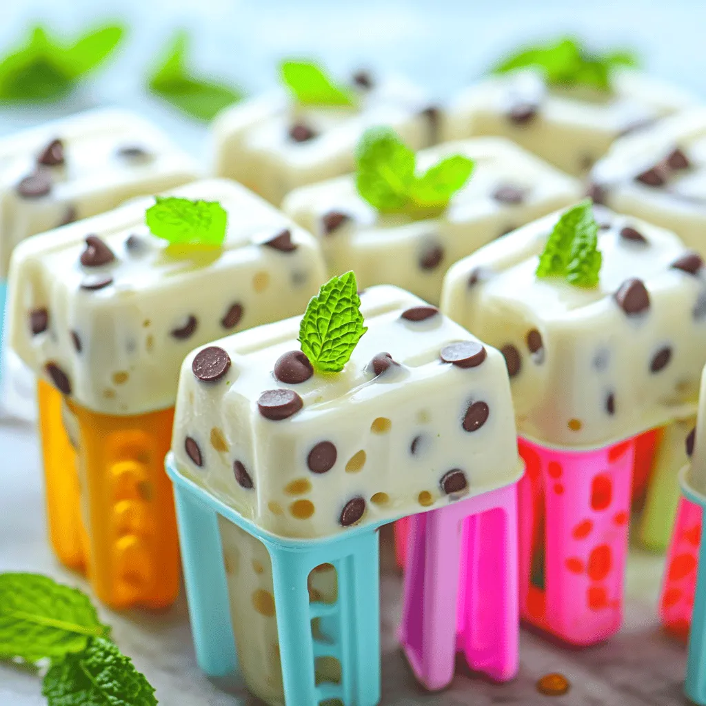 To make Chocolate Chip Mint Greek Yogurt Pops, gather these simple ingredients: - 2 cups plain Greek yogurt - 1/2 cup honey or maple syrup - 1 teaspoon pure peppermint extract - 1/4 teaspoon vanilla extract - 1/2 cup mini chocolate chips - Fresh mint leaves for garnish (optional) Each ingredient plays a key role in making these pops creamy and tasty. The Greek yogurt gives a rich texture. Using honey or maple syrup adds natural sweetness. I love pure peppermint extract for a fresh taste. A touch of vanilla extract rounds out the flavors. Mini chocolate chips add fun and crunch. You can use fresh mint leaves to dress up your pops. You can find the full recipe at the end of this article. Enjoy making these delightful treats! 1. Mixing the yogurt base Start by taking a mixing bowl. Add 2 cups of plain Greek yogurt. Then, pour in 1/2 cup of honey or maple syrup. Next, add 1 teaspoon of pure peppermint extract and 1/4 teaspoon of vanilla extract. Mix everything well until it feels creamy and smooth. 2. Adding chocolate chips Now, it’s time to fold in the fun part! Gently add in 1/2 cup of mini chocolate chips. Stir slowly so the chocolate chips spread evenly throughout the yogurt mixture. This step adds a delightful crunch to your pops. 3. Filling the molds Grab your popsicle molds. Pour the yogurt mixture into each mold, filling them about 3/4 full. This space lets the pops expand as they freeze. Insert sticks into the molds, then tap them gently on the counter. This helps remove any air bubbles for a smoother treat. - Suggested freezing time Place your filled molds in the freezer. Let them freeze for at least 4 hours. This time allows them to become solid and ready to pop out. - Tips for removing pops from molds To get the pops out, run warm water over the outside of the molds for a few seconds. This warms the mold slightly, making it easier for the pops to slide out. Gently tug on the sticks until the pops come free. - Garnishing options For a nice touch, you can garnish your pops with fresh mint leaves. This adds a pop of color and a hint of extra flavor. - Presentation ideas Serve the pops on a pretty plate or stand them upright in a glass. This makes them look enticing and fun. You can even add a drizzle of melted chocolate on top for extra indulgence! For the full recipe, check out the details above on how to make these delightful treats! Using Greek yogurt makes these pops creamy and thick. Regular yogurt can be runny. The higher protein content in Greek yogurt gives your pops a rich taste. For sweetness, adjust honey or maple syrup to your liking. Start with half a cup, then taste. If you want more sweetness, add a bit more. Keep in mind, too much sweetener may change the texture. To keep your pops fresh and tasty, use proper storage techniques. Use airtight containers or freezer bags to seal them. This step helps prevent freezer burn. You can also wrap each pop in plastic wrap. This adds another layer of protection. Store pops in the back of the freezer. This spot stays the coldest. Enjoy your treats without worry! For the full recipe, check our detailed guide. {{image_2}} You can make your Chocolate Chip Mint Greek Yogurt Pops even better. Try adding fruit purees for a fruity twist. Purees from strawberries or mangoes mix well with the mint and chocolate. Just blend the fruit and swirl it into the yogurt mix before pouring into molds. This adds color and flavor. You can also switch up the extracts. Instead of peppermint, use almond or orange extract. These flavors give a new taste and can surprise your guests. Just remember to keep the amount the same. If you're looking to make these pops vegan, it's easy! Use coconut yogurt instead of Greek yogurt. Replace honey with agave syrup or maple syrup. These swaps keep the pops creamy and tasty. To cut calories and sugar, choose a low-calorie sweetener. You can use stevia or erythritol. These sweeteners work well without losing flavor. You can also use yogurt that has less fat for a lighter treat. For the full recipe, visit the section above. Enjoy experimenting with these variations! To keep your Chocolate Chip Mint Greek Yogurt Pops fresh, store them in the freezer. Use a sealed container or a zip-top bag to prevent freezer burn. They can last up to three months if stored correctly. For the best taste and texture, aim to eat them within two weeks. This way, you enjoy their creamy delight at its best. When you're ready to enjoy your pops, remove them from the freezer. Run warm water over the outside of the molds for a few seconds. This helps loosen the pops. Gently pull on the sticks until the pops slide out smoothly. Avoid using a knife or sharp tool, as this may damage the pops. Enjoy them right away, or let them sit for a few minutes to soften slightly. This makes for a perfect treat! To make these tasty pops, start with a bowl. Combine 2 cups of plain Greek yogurt, 1/2 cup of honey or maple syrup, 1 teaspoon of peppermint extract, and 1/4 teaspoon of vanilla extract. Mix well until it’s creamy. Then, gently fold in 1/2 cup of mini chocolate chips. Pour the mix into popsicle molds, filling them about 3/4 full. Then insert sticks and freeze for at least 4 hours. When they're solid, run warm water over the molds to remove the pops. You can garnish with fresh mint leaves if you want. If you need a substitute for Greek yogurt, you can use regular yogurt or coconut yogurt. Regular yogurt is thinner, so your pops may be less creamy. Coconut yogurt gives a nice flavor but may change the taste. Both options work, but they will alter the texture and taste of your pops. Yes, these pops are gluten-free! All the ingredients, like Greek yogurt and mini chocolate chips, do not contain gluten. Always check the labels on your chocolate chips to ensure they are gluten-free. This recipe is great for those with gluten allergies or sensitivities. Enjoy your pops without worry! You can create fun and tasty Chocolate Chip Mint Greek Yogurt Pops with just a few ingredients. We detailed everything from mixing the yogurt to adding chocolate chips and freezing. You can enhance flavors or adjust for diets too. With proper storage and serving tips, these pops will be a hit. Enjoy experimenting with your own ideas! Dive in and enjoy the cool taste of your homemade treats!