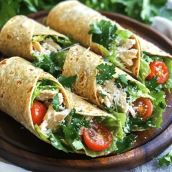 - 2 cups cooked chicken breast, shredded - 4 large whole wheat tortillas - 1 cup romaine lettuce, chopped - ½ cup cherry tomatoes, halved - ½ cup grated Parmesan cheese - ¼ cup Caesar dressing (homemade or store-bought) - ½ teaspoon garlic powder - ½ teaspoon black pepper - 1 tablespoon olive oil - Fresh parsley, chopped for garnish These ingredients create a tasty Chicken Caesar Wrap. Each one plays a key role. The cooked chicken gives protein. The tortillas wrap everything up nicely. The romaine lettuce adds crunch. Cherry tomatoes bring a fresh burst. Parmesan cheese adds saltiness and creaminess. The Caesar dressing ties it all together with flavor. Garlic powder and black pepper spice things up. Olive oil helps warm the tortillas. Finally, parsley makes it pretty. - Calories per serving: About 350 calories - Macronutrient breakdown: - Protein: 28g - Carbohydrates: 32g - Fats: 12g Understanding the nutritional information helps you make good choices. This wrap is balanced with protein, carbs, and healthy fats. It fits well in a meal plan. You can enjoy it for lunch or dinner. Using the Full Recipe, you can easily prepare a meal that satisfies. 1. Combining the chicken and dressing Start by taking a mixing bowl. Add 2 cups of shredded chicken breast. Then, sprinkle in ½ teaspoon of garlic powder and ½ teaspoon of black pepper. Pour in ¼ cup of Caesar dressing. Toss everything well until the chicken is fully coated. This step makes your chicken flavorful and tasty. 2. Preparing the salad filling In a separate bowl, mix 1 cup of chopped romaine lettuce, ½ cup of halved cherry tomatoes, and ½ cup of grated Parmesan cheese. This fresh mix adds crunch and color to your wrap. Set this mixture aside while you warm the tortillas. 1. Warming the tortillas Heat a non-stick skillet over medium heat. Drizzle 1 tablespoon of olive oil in the pan. Take one large whole wheat tortilla and place it in the skillet. Warm it for about 30 seconds on each side or until it feels soft. Remove it from the skillet and repeat with the rest of the tortillas. 2. Assembling the wrap Now, take a warmed tortilla. Lay a generous portion of the chicken mixture on it. Next, add the salad filling you prepared earlier. Roll the tortilla tightly. Be sure to fold in the sides as you go to keep the filling secure. 1. Cutting and garnishing the wraps After you assemble each wrap, cut them in half diagonally. This makes them easier to eat. Arrange the wraps on a plate. To finish, sprinkle freshly chopped parsley on top for a pop of color and flavor. 2. Serving suggestions Serve your wraps with extra Caesar dressing on the side for dipping. You can pair them with a light salad or some crunchy veggies for a complete meal. Enjoy the savory flavors and simple steps of this Chicken Caesar Wrap! For the full recipe, visit our recipe section. Choosing the right chicken is key to a tasty Chicken Caesar Wrap. I recommend using cooked chicken breast. It is lean and juicy, perfect for wraps. You can grill, bake, or even use rotisserie chicken. If you want bold flavor, season the chicken with garlic powder and black pepper. This enhances the taste without extra effort. Now, let’s talk about how to wrap it up securely. First, warm your tortillas. This makes them soft and easy to fold. Place the filling in the center, leaving space on the sides. When you roll, start from the bottom and tuck the sides in. This technique helps keep the filling inside. A tight roll ensures every bite is full of flavor. To keep your wraps fresh, wrap them in plastic wrap. This prevents them from drying out. Store them in the fridge for up to three days. When you’re ready to eat, you can reheat them in a skillet. Just warm each side for two to three minutes. You’ll enjoy a warm, delicious meal again! {{image_2}} You can easily switch up the protein in your Chicken Caesar Wrap. Here are some ideas: - Turkey: Use shredded turkey for a leaner option. - Tuna: Canned tuna works well, just mix it with the dressing. - Tofu: Firm tofu can be grilled or sautéed for a tasty twist. For dressings or toppings, you can try: - Ranch dressing: A creamy alternative for a different flavor. - Greek yogurt: Use instead of Caesar dressing for a healthy swap. - Bacon bits: Add crispy bacon for extra crunch and flavor. If you're looking for gluten-free options, simply use gluten-free tortillas. Many brands offer these, and they taste great. For a vegetarian or vegan option, follow these tips: - Swap chicken for chickpeas: Use canned chickpeas for protein. - Vegan dressing: Look for plant-based Caesar dressings. - Nutritional yeast: Use this instead of Parmesan for a cheesy flavor. Pair your Chicken Caesar Wrap with these tasty sides for a complete meal: - Sweet potato fries: Baked or fried, these are a fun addition. - Vegetable sticks: Carrots and celery with hummus make a crunchy side. - Fruit salad: A fresh mix of fruits balances the savory wrap. These variations and side dishes can make your Chicken Caesar Wrap even more enjoyable! Don't forget to check out the Full Recipe for all the steps to create this delicious meal. You can find tasty Chicken Caesar Wraps at many local restaurants. Look for cafes or diners known for fresh wraps. Many places use high-quality chicken and fresh veggies. Some spots even make their Caesar dressing from scratch. This makes their wraps stand out. Ask locals for their favorite places. You might discover hidden gems in your area! If you prefer to make it at home, grocery stores offer pre-made options. Many stores stock ready-to-eat Chicken Caesar Wraps in their deli section. You can also find meal kits that include all the ingredients. These kits often come with easy instructions. This makes cooking fun and simple. Check the freezer aisle too, as some brands offer frozen wraps. You can enjoy Chicken Caesar Wraps from the comfort of your home. Numerous food delivery apps feature local restaurants that sell them. Services like Uber Eats and DoorDash allow you to browse menus easily. You can order your wrap and have it delivered to your door. This is perfect for busy days or lazy weekends. Enjoy your meal without leaving your couch! To make a Chicken Caesar Wrap, follow these steps: 1. Mix the Chicken: In a bowl, combine 2 cups of shredded chicken, ½ teaspoon of garlic powder, ½ teaspoon of black pepper, and ¼ cup of Caesar dressing. Stir well to coat the chicken. 2. Prepare the Filling: In another bowl, mix 1 cup of chopped romaine lettuce, ½ cup of halved cherry tomatoes, and ½ cup of grated Parmesan cheese. 3. Warm the Tortillas: Heat a non-stick skillet over medium heat. Add 1 tablespoon of olive oil. Warm one large whole wheat tortilla for about 30 seconds on each side. You want it soft but not crispy. Repeat with the other tortillas. 4. Assemble the Wrap: Take a warmed tortilla. Place a generous amount of the chicken mix in the center. Add some of the salad mixture on top. 5. Roll It Up: Roll the tortilla tightly. Fold in the sides as you go to keep everything inside. 6. Cut and Serve: Cut each wrap in half diagonally. Place them on a plate and garnish with fresh parsley. Yes, you can prepare the Chicken Caesar Wrap ahead of time. Here are some tips: - Prep Ingredients: You can mix the chicken and dressing a day before. Store in the fridge in an airtight container. - Assemble Later: Keep the salad filling separate until you're ready to eat. This keeps the lettuce crisp. Assemble the wraps just before serving for the best taste. A Chicken Caesar Wrap has about 350 calories per serving. Here’s a simple breakdown: - Chicken: 150 calories - Tortilla: 120 calories - Parmesan Cheese: 50 calories - Dressing: 30 calories These numbers can vary based on the specific ingredients you use. Most traditional wraps contain gluten. However, you can easily make a gluten-free Chicken Caesar Wrap. Here are your options: - Use Gluten-Free Tortillas: Many stores sell gluten-free tortillas made from rice or corn. - Check the Dressing: Make sure your Caesar dressing is gluten-free. Some brands offer gluten-free options. By choosing these alternatives, you can enjoy a delicious wrap that fits your dietary needs! For the full recipe, check out the Zesty Chicken Caesar Wrap. In this article, we covered how to make a Chicken Caesar Wrap. We explored ingredients, cooking steps, and tips for better flavor. I shared ideas for variations and where to buy wraps. These wraps are simple, tasty, and healthy. You can customize them to fit your tastes. Whether you're making them at home or ordering out, enjoy your Chicken Caesar Wraps!